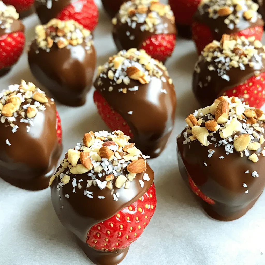 - 1 pound fresh strawberries, washed and dried - 8 ounces dark chocolate chips (or milk chocolate chips, if preferred) - 2 tablespoons coconut oil - 1/4 cup crushed nuts (almonds, walnuts, or hazelnuts) - 1/4 cup shredded coconut (optional) - Sea salt for sprinkling (optional) - Baking sheet - Parchment paper - Microwave-safe bowl In this recipe, fresh strawberries are the star. Choose ripe ones for the best taste. You can use dark or milk chocolate chips, depending on your love for sweetness. Coconut oil helps the chocolate melt smoothly and gives a nice shine. If you want to add some crunch, crushed nuts work great. Almonds, walnuts, or hazelnuts add flavor and texture. Shredded coconut also gives a tropical twist. A sprinkle of sea salt can enhance the sweetness, making every bite even more special. For equipment, you need a baking sheet to hold the strawberries. Parchment paper keeps them from sticking. A microwave-safe bowl is perfect for melting the chocolate and coconut oil together. This simple setup makes creating these treats easy and fun. First, get a baking sheet. Line it with parchment paper. This will help the strawberries not stick. Next, melt the chocolate and coconut oil. Use a microwave-safe bowl for this step. Combine the chocolate chips and coconut oil in the bowl. Microwave in 30-second intervals. Stir between each interval. Keep doing this until the mixture is smooth. Now comes the fun part: dipping! Hold each strawberry by the green leaves. Dip it into the melted chocolate. Make sure to cover most of the strawberry, but leave the top exposed. This gives a nice look. After dipping, you can roll the strawberry in crushed nuts or shredded coconut. This step adds a tasty crunch. Place the coated strawberries on the lined baking sheet. After you dip all the strawberries, it's time to set the chocolate. Put the baking sheet in the refrigerator. Let it chill for about 30 minutes. This helps the chocolate harden. For a flavor boost, sprinkle a pinch of sea salt on each strawberry. Once set, they are ready to serve on a platter. Enjoy your sweet treat! To melt chocolate well, use a microwave-safe bowl. Start with 30-second bursts. Stir after each round. This helps the chocolate melt evenly. If it clumps, it may seize. Keep moisture away from chocolate to avoid this. Water can cause it to harden. If chocolate does seize, add a bit of coconut oil. This can help bring it back to a smooth state. Choose strawberries that feel firm and look bright. Ripe strawberries taste best. Look for ones without bruises or dark spots. Wash them gently in cold water. After washing, dry them well. Use paper towels or a clean kitchen cloth. Moisture can stop the chocolate from sticking. For a lovely display, arrange strawberries on a nice platter. Keep space between each one. This makes them easy to grab. You can sprinkle extra crushed nuts or coconut on top. A light dusting of sea salt adds flair too. For a fun touch, use colorful plates or bowls. This adds to the treat's charm! {{image_2}} You can get creative with your chocolate-covered strawberry bites. Try using different types of chocolate. White chocolate adds a sweet twist. Milk chocolate offers a creamier taste. Dark chocolate gives a rich flavor. You can also add fun coatings. After dipping, roll your strawberries in colorful sprinkles. Crushed candies like M&Ms or Oreos work well too. These toppings add crunch and extra flavor. If you want vegan chocolate-covered strawberries, choose dark chocolate with no dairy. You can also use coconut oil to help the chocolate melt smoothly. This way, vegans can enjoy this sweet treat. For gluten-free options, all you need is the right chocolate. Most chocolates are naturally gluten-free. Just check the label to be sure. Serve your chocolate-covered strawberries with dips or sauces to enhance the flavor. A sweet cream cheese dip pairs nicely. You can also offer warm fudge sauce for extra sweetness. At parties, get creative with your presentation. Arrange the strawberries on a colorful platter. You can even use skewers to make fun strawberry pops. These ideas will wow your guests and make your treats stand out! To keep your chocolate-covered strawberries fresh, store them in the fridge. Use an airtight container to prevent moisture from getting in. Lay parchment paper at the bottom to avoid sticking. This method ensures they stay sweet and tasty. Your chocolate-covered strawberries will last about 2 to 3 days in the fridge. You can freeze chocolate-covered strawberries, but they may lose some texture. To freeze them, place the strawberries on a baking sheet. Make sure they are not touching each other. Once frozen, transfer them to a freezer bag. They can last for up to 2 months in the freezer. When you're ready to eat them, thaw them in the fridge. This way, they will keep some of their flavor. Avoid thawing them at room temperature to prevent sogginess. When storing chocolate-covered strawberries, avoid putting them near strong-smelling foods. Strawberries can absorb odors, which may affect their taste. Also, never wash strawberries after coating them in chocolate. The moisture can cause the chocolate to melt or become sticky. Keep your berries in a cool, dry place to maintain their freshness. Chocolate-covered strawberries last about 24 hours at room temperature. They can stay fresh for 2 to 3 days in the fridge. If you store them in the fridge, keep them in a single layer. This helps avoid squishing and keeps them pretty. Yes! You can coat many fruits in chocolate. Some great options include bananas, apples, and cherries. Each fruit adds its own fun flavor. Just make sure they are fresh and dry before dipping. You can make chocolate-covered strawberries in advance! Just prepare them a day or two before serving. Store them in the fridge in a sealed container. This keeps them fresh and safe from drying out. You can find pre-made chocolate-covered strawberries at many grocery stores. Check the bakery section or the produce aisle. You can also order them online from specialty stores. Look for local shops that offer gourmet treats. You learned how to make delicious chocolate-covered strawberries. We covered the main ingredients like fresh strawberries, chocolate chips, and coconut oil. You now know the steps for dipping and setting your treats. Tips for melting chocolate, presenting, and storing them were also shared. In the end, enjoy your tasty treats. Feel free to experiment with different flavors and toppings. Chocolate-covered strawberries are a fun and yummy treat, perfect for any occasion.