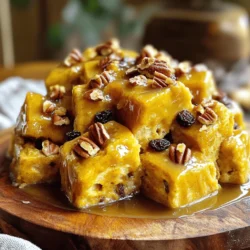 To make this tasty pumpkin bread pudding, you need: - 6 cups stale bread, cubed (preferably challah or brioche) - 2 cups pumpkin puree - 1 cup heavy cream - 1 cup whole milk - 3 large eggs - 3/4 cup brown sugar - 1 teaspoon vanilla extract - 1 teaspoon ground cinnamon - 1/2 teaspoon ground nutmeg - 1/2 teaspoon ginger powder - 1/4 teaspoon salt These ingredients give your bread pudding a warm and cozy flavor. The stale bread absorbs the pumpkin and cream, making each bite soft and creamy. The spices add a nice touch of fall. You can make this dish even better with some optional add-ins: - 1/2 cup chopped pecans - 1/2 cup raisins Adding pecans gives a nice crunch, while raisins add sweetness. You can mix and match based on your taste. For the rich caramel sauce, gather these ingredients: - 1 cup brown sugar - 1/2 cup heavy cream - 1 tablespoon butter This caramel sauce brings the whole dish to life. It adds a sweet and buttery layer that pairs perfectly with the pumpkin flavor. Drizzling it over the warm bread pudding makes it a delightful treat. Start by grabbing a large mixing bowl. Add the pumpkin puree, heavy cream, whole milk, eggs, brown sugar, and vanilla extract. Mix in the ground cinnamon, nutmeg, ginger powder, and salt. Whisk everything until the mixture is smooth. This will be the base for your pudding. Now, take your cubed bread and add it to the pumpkin mixture. I like to use stale challah or brioche for the best flavor. Stir gently, making sure every piece of bread gets soaked. Let it sit for about 10 to 15 minutes. This soaking time helps the bread absorb all that delicious pumpkin flavor. Next, grease your slow cooker insert with cooking spray or butter. Pour the soaked bread mixture into the slow cooker, spreading it out evenly. Cover it and cook on low for 4 to 5 hours. To check if it's done, insert a knife into the center. It should come out clean, showing your pudding is perfectly cooked. While your pudding cooks, it's time to whip up the caramel sauce. In a small saucepan, combine 1 cup of brown sugar, 1/2 cup of heavy cream, and 1 tablespoon of butter. Heat it over medium heat, stirring until everything dissolves. Bring it to a gentle boil and then reduce the heat. Let it simmer for about 5 minutes until it thickens. Remove it from heat and let it cool slightly. When your bread pudding is ready, turn off the slow cooker. Allow it to sit for 10 minutes before serving. Cut it into squares and drizzle warm caramel sauce over the top. You can also sprinkle extra pecans or raisins if you like. Enjoy this cozy dessert that’s perfect for sharing! For pumpkin bread pudding, stale bread is best. I recommend using challah or brioche. These breads soak up the pumpkin mixture well. They also add a nice, rich flavor. If you can't find these breads, you can use a French loaf or even whole wheat bread. Just make sure it is stale. Fresh bread may turn mushy. Making caramel sauce is easy but needs attention. I use brown sugar, heavy cream, and butter. Heat these in a small pan over medium heat. Stir until the sugar dissolves. Bring it to a gentle boil. Then, reduce the heat and let it simmer. This helps thicken the sauce. Be careful not to cook it too long; otherwise, it will harden. Once thickened, let it cool slightly before drizzling over your bread pudding. One common mistake is not letting the bread soak long enough. Make sure the bread absorbs the pumpkin mixture. Stir occasionally for even soaking. Another mistake is overcooking the pudding. Keep an eye on the time and check for doneness. The knife should come out clean when inserted in the center. Lastly, don't skip the caramel sauce. It adds a delicious sweetness! {{image_2}} You can mix up this recipe with other flavors. Try adding chocolate chips for a sweet twist. You can also swap pumpkin puree for applesauce. This change gives a nice fruity flavor. If you want more spice, add a dash of cloves or allspice. You can even use flavored bread like cinnamon-raisin for extra taste. If you need a gluten-free version, choose gluten-free bread. There are many tasty options available now. You can also use gluten-free flour in the caramel sauce. Just make sure to check the labels for safe ingredients. This way, everyone can enjoy the pumpkin bread pudding without worry. To make a vegan pumpkin bread pudding, replace the eggs with flax eggs. Mix one tablespoon of flaxseed meal with three tablespoons of water. Let it sit for a few minutes until it gels. For the cream, use coconut cream or almond milk. You can also use maple syrup instead of brown sugar. These swaps keep the dish creamy and sweet while being plant-based. To store leftover pumpkin bread pudding, let it cool to room temperature. Cut the pudding into squares, then place them in an airtight container. You can keep it in the fridge for up to three days. Make sure to seal the container well to keep it fresh. When you are ready to eat the leftover pudding, take it out of the fridge. You can reheat it in the microwave or the oven. For the microwave, place a square on a plate and heat it for about 30-45 seconds. For the oven, preheat to 350°F (175°C) and heat for about 10-15 minutes. If you want to save some for later, you can freeze pumpkin bread pudding. Wrap each square tightly in plastic wrap, then place them in a freezer bag. Be sure to label the bag with the date. You can freeze it for up to three months. When you want to eat it, let it thaw in the fridge overnight before reheating. Yes, you can make pumpkin bread pudding in the oven. Use a baking dish instead of a slow cooker. Bake at 350°F for about 45-55 minutes. Check doneness by inserting a knife in the center. If it comes out clean, it’s ready. Pumpkin bread pudding lasts for about 3-4 days in the fridge. Store it in an airtight container to keep it fresh. If you want it to last longer, consider freezing it. Yes, you can use sweet potato puree or butternut squash puree instead of pumpkin puree. Both options offer a similar flavor and texture, making them great alternatives. To reheat, place individual servings in the microwave for about 30-60 seconds. For larger portions, use the oven. Preheat it to 350°F and warm until heated through, about 10-15 minutes. To lighten the texture, add more milk or cream to the mixture. Using day-old bread rather than stale bread can also help. You can fold in whipped egg whites for an airy texture. This blog post covered all you need for delicious pumpkin bread pudding. We explored key ingredients, step-by-step cooking, and helpful tips to avoid mistakes. You learned about variations and how to store leftovers. Don't hesitate to try different flavors or make it vegan or gluten-free. With these ideas, you can create your perfect dessert. Enjoy your cooking, and I hope this recipe brings joy to your table!