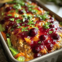 - 1 lb ground turkey - 1 cup breadcrumbs - 1/2 cup fresh cranberry sauce - 1/2 cup onion, finely chopped - 1/2 cup carrot, grated - 1/4 cup celery, finely chopped - 2 cloves garlic, minced - 1/4 cup orange juice - 1 tsp dried thyme - 1 tsp salt - 1/2 tsp black pepper - 1/2 cup additional cranberry sauce for glaze I love how each ingredient in this turkey meatloaf adds a special touch. Ground turkey forms the lean base, perfect for a healthy meal. I often use fresh cranberry sauce, which gives a sweet and tangy flavor. You can make it at home or buy it from the store. The vegetables bring both flavor and nutrition. I finely chop onion for sweetness, grate carrot for moisture, and add celery for crunch. Minced garlic packs in a punch of flavor that ties it all together. For seasoning, I mix orange juice and dried thyme. The orange juice adds brightness. Salt and black pepper enhance all the flavors. Lastly, I use extra cranberry sauce as a glaze. It adds a glossy finish and a burst of sweetness. These ingredients blend well together, making the meatloaf a delight to eat. 1. Preheat your oven to 350°F (175°C). This helps cook the meatloaf evenly. 2. In a large bowl, mix together the ground turkey and breadcrumbs. 3. Add the chopped onion, grated carrot, chopped celery, and minced garlic. 4. Stir in the cranberry sauce, orange juice, egg, dried thyme, salt, and black pepper. 5. Don’t overmix! Just blend until all ingredients are combined. 6. If you like, fold in the shredded mozzarella cheese for more flavor. 1. Transfer the meat mixture into a loaf pan. Shape it into a loaf form. 2. For the glaze, mix some cranberry sauce with a splash of orange juice. 3. Brush this glaze over the top of the meatloaf. It adds sweetness and shine. 1. Bake your meatloaf in the oven for 45-55 minutes. Check that it reaches 165°F (75°C) inside. 2. Once it’s cooked, let the meatloaf rest for about 10 minutes. This keeps it juicy. 3. Garnish with fresh parsley. It adds color and a nice touch before you slice it. - Avoiding overmixing: Mix the ingredients just until combined. Overmixing can make the meatloaf tough. - Ensuring perfect loaf shape: Use a loaf pan to help shape the meatloaf. This keeps it firm and helps it cook evenly. - Incorporating mozzarella cheese: Adding mozzarella gives a creamy texture and rich flavor. Fold it in gently to keep the loaf light. - Additional herbs for variation: Experiment with fresh herbs. Basil, oregano, or parsley can add depth to your meatloaf. - Pairing sides that complement the meatloaf: Serve with mashed potatoes or steamed veggies. These sides balance the flavors well. - Creative serving ideas for special occasions: Consider slicing the meatloaf into mini sandwiches. Use dinner rolls or serve it on a platter with fresh herbs for a festive touch. {{image_2}} You can easily swap ingredients in this meatloaf. Instead of ground turkey, try lean ground beef or chicken. This change keeps the dish tasty and adds a new flavor. You can also change the breadcrumbs. Use crushed crackers, oats, or even panko for a crunchier bite. Each option brings a unique texture and taste. To add a kick, mix in spices like paprika or cumin. These spices enhance the flavor without overpowering it. You can also play with the glaze. Try different sauces like barbecue or teriyaki for a twist. Each sauce will give the meatloaf a new personality. For those on a gluten-free diet, use gluten-free breadcrumbs. This keeps the meatloaf safe while still being delicious. If you're watching your sodium intake, opt for low-sodium cranberry sauce. This small change keeps the taste great and fits your diet needs. To keep your cranberry orange glazed turkey meatloaf fresh, allow it to cool first. After cooling, slice the meatloaf. Place the slices in an airtight container. This helps keep it moist. You can also wrap it tightly in plastic wrap. Store it in the fridge. Use the meatloaf within 3 to 4 days for the best taste. For leftovers, consider making sandwiches or adding it to salads. This way, you enjoy different meals without much effort! You can freeze your meatloaf for longer storage. If you want to freeze it uncooked, shape it in a loaf pan but do not bake it. Wrap the pan tightly with plastic wrap and then with foil. This keeps air out and prevents freezer burn. If you have cooked meatloaf, let it cool completely first. Then, slice it and wrap each piece in plastic wrap. Place the wrapped slices in a freezer bag. This makes it easy to grab just what you need later. When reheating frozen meatloaf, use the oven for best results. Preheat the oven to 350°F (175°C). Place the meatloaf in a baking dish and cover it with foil. Heat for about 25 to 30 minutes or until warm throughout. In the fridge, your meatloaf lasts about 3 to 4 days. If you freeze it, it can last up to 3 months. Keep an eye out for signs of spoilage. If you see any mold, or if it smells off, do not eat it. Always trust your senses! How can I tell when the meatloaf is done? You can check the meatloaf’s doneness by using a meat thermometer. Insert it into the center of the loaf. The internal temperature should reach 165°F (75°C). This ensures the turkey is safe to eat. You can also check if the juices run clear when you cut into it. Can I make this meatloaf ahead of time? Yes, you can prepare this meatloaf ahead of time. Mix all the ingredients and shape the loaf. Cover it and store it in the fridge. You can bake it later, which saves time during busy days. Why is my meatloaf falling apart? If your meatloaf falls apart, it may be due to lack of binding. Ensure you use enough breadcrumbs and egg. Mixing too little can also cause it to crumble. Avoid overmixing, as it can make the meatloaf dense. What can I use instead of turkey for this recipe? You can use lean ground beef or chicken instead of turkey. Each option will change the flavor a bit. Adjust the cooking time if you choose a different meat, as it may vary. What should I serve with cranberry orange glazed turkey meatloaf? This meatloaf pairs well with mashed potatoes, green beans, or a fresh salad. You can also serve it with roasted veggies to add color and taste. A side of cranberry sauce can enhance the meal too. Can I use frozen cranberries instead of fresh? Yes, you can use frozen cranberries. Just thaw them and strain excess water before mixing. Frozen cranberries work well in the glaze and keep the flavor strong. This blog post guides you through making a delicious cranberry orange glazed turkey meatloaf. You learned about its key ingredients, the steps to prepare and bake it, and helpful tips to enhance flavor and presentation. Variations cater to different tastes and diets, ensuring everyone can enjoy this dish. Remember to store leftovers properly and check for spoilage. Now, you can confidently create this tasty meal that brings joy to any table. Happy cooking!