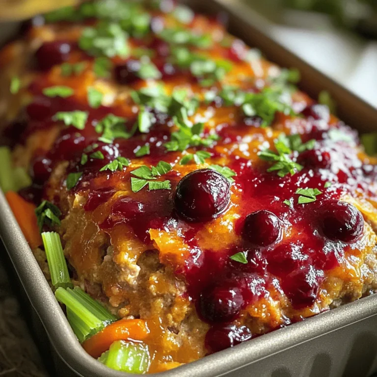 - 1 lb ground turkey - 1 cup breadcrumbs - 1/2 cup fresh cranberry sauce - 1/2 cup onion, finely chopped - 1/2 cup carrot, grated - 1/4 cup celery, finely chopped - 2 cloves garlic, minced - 1/4 cup orange juice - 1 tsp dried thyme - 1 tsp salt - 1/2 tsp black pepper - 1/2 cup additional cranberry sauce for glaze I love how each ingredient in this turkey meatloaf adds a special touch. Ground turkey forms the lean base, perfect for a healthy meal. I often use fresh cranberry sauce, which gives a sweet and tangy flavor. You can make it at home or buy it from the store. The vegetables bring both flavor and nutrition. I finely chop onion for sweetness, grate carrot for moisture, and add celery for crunch. Minced garlic packs in a punch of flavor that ties it all together. For seasoning, I mix orange juice and dried thyme. The orange juice adds brightness. Salt and black pepper enhance all the flavors. Lastly, I use extra cranberry sauce as a glaze. It adds a glossy finish and a burst of sweetness. These ingredients blend well together, making the meatloaf a delight to eat. 1. Preheat your oven to 350°F (175°C). This helps cook the meatloaf evenly. 2. In a large bowl, mix together the ground turkey and breadcrumbs. 3. Add the chopped onion, grated carrot, chopped celery, and minced garlic. 4. Stir in the cranberry sauce, orange juice, egg, dried thyme, salt, and black pepper. 5. Don’t overmix! Just blend until all ingredients are combined. 6. If you like, fold in the shredded mozzarella cheese for more flavor. 1. Transfer the meat mixture into a loaf pan. Shape it into a loaf form. 2. For the glaze, mix some cranberry sauce with a splash of orange juice. 3. Brush this glaze over the top of the meatloaf. It adds sweetness and shine. 1. Bake your meatloaf in the oven for 45-55 minutes. Check that it reaches 165°F (75°C) inside. 2. Once it’s cooked, let the meatloaf rest for about 10 minutes. This keeps it juicy. 3. Garnish with fresh parsley. It adds color and a nice touch before you slice it. - Avoiding overmixing: Mix the ingredients just until combined. Overmixing can make the meatloaf tough. - Ensuring perfect loaf shape: Use a loaf pan to help shape the meatloaf. This keeps it firm and helps it cook evenly. - Incorporating mozzarella cheese: Adding mozzarella gives a creamy texture and rich flavor. Fold it in gently to keep the loaf light. - Additional herbs for variation: Experiment with fresh herbs. Basil, oregano, or parsley can add depth to your meatloaf. - Pairing sides that complement the meatloaf: Serve with mashed potatoes or steamed veggies. These sides balance the flavors well. - Creative serving ideas for special occasions: Consider slicing the meatloaf into mini sandwiches. Use dinner rolls or serve it on a platter with fresh herbs for a festive touch. {{image_2}} You can easily swap ingredients in this meatloaf. Instead of ground turkey, try lean ground beef or chicken. This change keeps the dish tasty and adds a new flavor. You can also change the breadcrumbs. Use crushed crackers, oats, or even panko for a crunchier bite. Each option brings a unique texture and taste. To add a kick, mix in spices like paprika or cumin. These spices enhance the flavor without overpowering it. You can also play with the glaze. Try different sauces like barbecue or teriyaki for a twist. Each sauce will give the meatloaf a new personality. For those on a gluten-free diet, use gluten-free breadcrumbs. This keeps the meatloaf safe while still being delicious. If you're watching your sodium intake, opt for low-sodium cranberry sauce. This small change keeps the taste great and fits your diet needs. To keep your cranberry orange glazed turkey meatloaf fresh, allow it to cool first. After cooling, slice the meatloaf. Place the slices in an airtight container. This helps keep it moist. You can also wrap it tightly in plastic wrap. Store it in the fridge. Use the meatloaf within 3 to 4 days for the best taste. For leftovers, consider making sandwiches or adding it to salads. This way, you enjoy different meals without much effort! You can freeze your meatloaf for longer storage. If you want to freeze it uncooked, shape it in a loaf pan but do not bake it. Wrap the pan tightly with plastic wrap and then with foil. This keeps air out and prevents freezer burn. If you have cooked meatloaf, let it cool completely first. Then, slice it and wrap each piece in plastic wrap. Place the wrapped slices in a freezer bag. This makes it easy to grab just what you need later. When reheating frozen meatloaf, use the oven for best results. Preheat the oven to 350°F (175°C). Place the meatloaf in a baking dish and cover it with foil. Heat for about 25 to 30 minutes or until warm throughout. In the fridge, your meatloaf lasts about 3 to 4 days. If you freeze it, it can last up to 3 months. Keep an eye out for signs of spoilage. If you see any mold, or if it smells off, do not eat it. Always trust your senses! How can I tell when the meatloaf is done? You can check the meatloaf’s doneness by using a meat thermometer. Insert it into the center of the loaf. The internal temperature should reach 165°F (75°C). This ensures the turkey is safe to eat. You can also check if the juices run clear when you cut into it. Can I make this meatloaf ahead of time? Yes, you can prepare this meatloaf ahead of time. Mix all the ingredients and shape the loaf. Cover it and store it in the fridge. You can bake it later, which saves time during busy days. Why is my meatloaf falling apart? If your meatloaf falls apart, it may be due to lack of binding. Ensure you use enough breadcrumbs and egg. Mixing too little can also cause it to crumble. Avoid overmixing, as it can make the meatloaf dense. What can I use instead of turkey for this recipe? You can use lean ground beef or chicken instead of turkey. Each option will change the flavor a bit. Adjust the cooking time if you choose a different meat, as it may vary. What should I serve with cranberry orange glazed turkey meatloaf? This meatloaf pairs well with mashed potatoes, green beans, or a fresh salad. You can also serve it with roasted veggies to add color and taste. A side of cranberry sauce can enhance the meal too. Can I use frozen cranberries instead of fresh? Yes, you can use frozen cranberries. Just thaw them and strain excess water before mixing. Frozen cranberries work well in the glaze and keep the flavor strong. This blog post guides you through making a delicious cranberry orange glazed turkey meatloaf. You learned about its key ingredients, the steps to prepare and bake it, and helpful tips to enhance flavor and presentation. Variations cater to different tastes and diets, ensuring everyone can enjoy this dish. Remember to store leftovers properly and check for spoilage. Now, you can confidently create this tasty meal that brings joy to any table. Happy cooking!