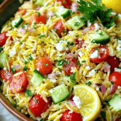 To make a great Lemon Garlic Orzo Salad, you need these key items: - 1 cup orzo pasta - 2 tablespoons olive oil - 3 cloves garlic, minced - Zest of 1 lemon - 1/4 cup fresh lemon juice - 1/2 cup cherry tomatoes, halved - 1/2 cucumber, diced - 1/4 cup red onion, finely chopped - 1/4 cup fresh parsley, chopped - 1/4 cup feta cheese, crumbled - Salt and pepper to taste These ingredients come together to create a bright and fresh flavor that stands out. If you want to kick it up a notch, consider adding: - 1/4 teaspoon red pepper flakes These red pepper flakes bring a nice, spicy kick. You can adjust the amount based on your taste. You can easily swap some ingredients if you have different tastes or needs: - Use whole wheat or gluten-free orzo for dietary needs. - Swap feta cheese for goat cheese or a dairy-free option. - Try lemon juice from a bottle if fresh lemons are not available. - Use any fresh herbs like basil or mint instead of parsley. These substitutions allow you to customize your salad while keeping it delicious! To start, bring a large pot of salted water to a boil. The salt adds flavor to the pasta. Once it boils, add 1 cup of orzo pasta. Cook it according to the package instructions, which usually takes about 9 to 12 minutes. You want the orzo to be al dente, which means it should be firm but not hard. After cooking, drain the orzo in a colander. Rinse it with cold water to stop the cooking. This keeps the pasta from getting mushy. Next, let’s make the lemon garlic dressing. In a small skillet, heat 2 tablespoons of olive oil over medium heat. Once the oil is hot, add 3 cloves of minced garlic. Sauté the garlic for about 1 to 2 minutes. You want it to smell great and turn golden. Be careful not to burn the garlic, as that can taste bitter. After cooking, set the skillet aside to cool for a moment. Now, it’s time to mix everything together. In a large bowl, combine the cooked orzo with the sautéed garlic and olive oil. Add the zest of 1 lemon and 1/4 cup of fresh lemon juice. Toss the orzo to coat it evenly with the dressing. Then, add in 1/2 cup of halved cherry tomatoes, 1/2 diced cucumber, and 1/4 cup of finely chopped red onion. Don’t forget 1/4 cup of chopped fresh parsley and 1/4 cup of crumbled feta cheese for a burst of flavor. Gently fold the ingredients together until they are mixed well. Season the salad with salt, pepper, and optional red pepper flakes for heat. Cover the salad and chill it in the fridge for at least 30 minutes. This helps the flavors blend together nicely. Before serving, taste it again to see if you need more seasoning. Enjoy your fresh and tasty Lemon Garlic Orzo Salad! To sauté garlic well, use medium heat. Heat olive oil in a skillet. Once hot, add minced garlic. Stir it for 1-2 minutes. Watch closely! You want it golden, not brown. Burnt garlic turns bitter. This step adds depth to your Lemon Garlic Orzo Salad. Serve this salad in a big bowl or individual plates. Garnish with fresh parsley and lemon wedges. This adds color and freshness. Pair it with grilled chicken or shrimp for protein. You can also enjoy it with crusty bread. This makes a great light lunch or side dish. For more flavor, add fresh herbs like basil or mint. These herbs brighten the dish. You can also sprinkle nuts like pine nuts for crunch. Adjust the salt and pepper to your taste. If you enjoy heat, add red pepper flakes. Let the salad chill for 30 minutes. This helps flavors mix well. {{image_2}} You can easily boost this salad with proteins. Cooked chicken or shrimp adds great flavor. Simply grill or sauté them before adding. I love using grilled chicken for its smoky taste. Shrimp brings a light, sweet touch that pairs well with lemon. Add about a cup of either to the salad. Mix them in gently. This makes your dish filling and hearty. If you want a vegetarian or vegan version, skip the feta. Instead, swap it for avocado. Avocado gives a creamy texture without dairy. You can also add chickpeas for extra protein. They bring a nice crunch and heartiness. Use a plant-based dressing for a vegan twist. A simple mix of lemon juice and olive oil works well. You can change the ingredients with the seasons. In summer, add fresh corn or bell peppers. They add sweetness and color. In fall, try roasted butternut squash for warmth. For winter, consider adding kale or spinach. These greens can give a bright pop of color. Keep the base of orzo but make it reflect the season. It keeps the dish fresh and exciting. To keep your Lemon Garlic Orzo Salad fresh, store it in the fridge. Place the salad in an airtight container. This helps lock in moisture and keeps it tasty. You can enjoy leftovers for up to three days. However, the flavors will become stronger as time passes. Use glass or plastic containers with tight lids. Glass is great because it does not stain. Plastic is light and easy to handle. Make sure your container is big enough to hold the salad without squishing it. If you have a lot of dressing, you can keep it in a separate container. This way, the orzo does not get soggy. If you want to serve it warm, gently heat the salad in a pan. Add a splash of olive oil to refresh it. Stir it over low heat until it warms up. If you prefer it cold, take it out of the fridge and give it a good stir. Taste it and add extra salt, pepper, or lemon juice if needed. This will help brighten the flavors again. Lemon Garlic Orzo Salad pairs well with many dishes. I suggest grilled chicken or fish. You can also serve it with roasted vegetables for a healthy meal. This salad works great as a side dish at barbecues or picnics. Add some crusty bread to complete your meal. Lemon Garlic Orzo Salad stays fresh for about 3 to 4 days in the fridge. Make sure to store it in an airtight container. If you notice any liquid forming, just give it a good stir before serving. Yes, you can make Lemon Garlic Orzo Salad ahead of time. It tastes even better after the flavors meld. I recommend making it a day in advance. Just store it in the fridge until you are ready to serve. Here’s the full recipe for Lemon Garlic Orzo Salad: - 1 cup orzo pasta - 2 tablespoons olive oil - 3 cloves garlic, minced - Zest of 1 lemon - 1/4 cup fresh lemon juice - 1/2 cup cherry tomatoes, halved - 1/2 cucumber, diced - 1/4 cup red onion, finely chopped - 1/4 cup fresh parsley, chopped - 1/4 cup feta cheese, crumbled - Salt and pepper to taste - Optional: 1/4 teaspoon red pepper flakes Follow the steps to make this fresh and tasty dish. Enjoy every bite! This blog post covered how to make Lemon Garlic Orzo Salad. We talked about the key ingredients, from orzo to dressing. I shared tips on cooking and combining flavors. You also learned about variations and how to store leftovers. In the end, this dish is versatile and straightforward. Feel free to customize it to your taste. Enjoy your cooking journey with this fresh and tasty salad!