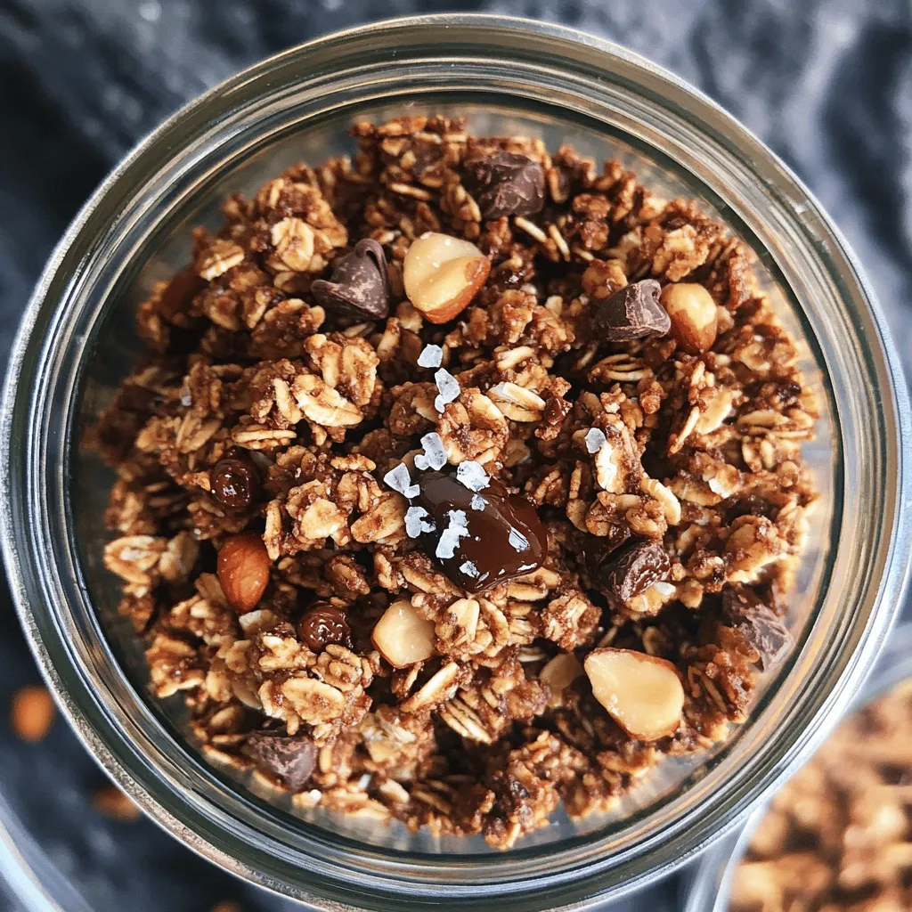 - 2 cups old-fashioned rolled oats - 1 cup chopped nuts (almonds and walnuts) - 1/2 cup unsweetened cocoa powder - 1/2 cup maple syrup - 1/3 cup melted coconut oil - 1/2 cup dark chocolate chips (70% cocoa or higher) - 1/4 teaspoon sea salt - 1 teaspoon vanilla extract - Optional: 1/2 cup dried fruit (cranberries or cherries) When I create this dark chocolate sea salt granola, I love the mix of flavors and textures. The oats give a great base. They add a chewy quality that I find so satisfying. I choose old-fashioned rolled oats because they hold up well during baking. Nuts bring a nice crunch and protein. I use a mix of almonds and walnuts, but you can pick your favorites. Chopped nuts enhance the flavor and add healthy fats. Cocoa powder is key for that rich chocolate taste. I always use unsweetened cocoa to control the sweetness. It balances perfectly with the maple syrup, which is my go-to sweetener for this recipe. Melted coconut oil gives a hint of tropical flavor. It also helps to bind the granola together. I recommend dark chocolate chips with at least 70% cocoa. They melt into the granola, creating delicious pockets of chocolate goodness. A pinch of sea salt enhances all the flavors. It contrasts nicely with the sweetness. Lastly, I often add vanilla extract for a warm, inviting aroma. If you want to mix it up, add dried fruit like cranberries or cherries for a sweet burst. This blend of ingredients makes the best crunchy snack. You will love every bite! - Preheat the oven to 350°F (175°C). - Line a baking sheet with parchment paper. - In a large bowl, combine 2 cups of old-fashioned rolled oats, 1 cup of chopped nuts, and 1/2 cup of cocoa powder. Mix them well to ensure they blend evenly. This step is key for flavor. - In a separate bowl, whisk together 1/2 cup of maple syrup, 1/3 cup of melted coconut oil, 1 teaspoon of vanilla extract, and 1/4 teaspoon of sea salt. Make sure it’s smooth. This mixture adds sweetness and binds everything. - Pour the wet mixture over the dry ingredients. Stir until all oats and nuts are well coated. This helps the granola clump together when baking. Spread the mixture evenly on the baking sheet, pressing it down slightly. - Bake for 20-25 minutes, stirring halfway through. Watch it carefully to ensure it turns a deep brown but does not burn. This is where the magic happens, creating that crunchy texture. - After baking, remove the granola from the oven. Let it cool completely on the baking sheet. As it cools, it will become crisp. While still warm, sprinkle 1/2 cup of dark chocolate chips on top, gently mixing so they melt slightly. Once cooled, add optional dried fruit, like cranberries or cherries, and break the granola into clusters. Enjoy your crunchy snack delight! Clumping is key for great granola. It helps form crunchy clusters, which everyone loves. To get this, press the granola mixture down on the baking sheet. This makes it clump together while baking. Monitor your baking time closely. Bake for 20 to 25 minutes. Stir halfway through to ensure even browning. Watch for a deep brown color, but be careful not to burn it. You can add spices to boost flavor. Try cinnamon or nutmeg for warmth. Nut butters also add richness. A spoonful of almond or peanut butter can bring a new twist. Experiment with sweeteners, too. While maple syrup is great, honey or agave can work well. Each adds a unique taste to your granola. Serve granola in jars for a lovely display. It makes breakfast inviting! You can also sprinkle some sea salt on top. This adds a nice touch and enhances the chocolate flavor. Granola is versatile. Enjoy it as a snack, or top your yogurt with it. You can even pair it with milk for a simple breakfast. {{image_2}} If you want a nut-free version of this granola, you can use seeds. Pumpkin and sunflower seeds add great crunch. They also offer healthy fats and protein. You can swap out the nuts in the recipe with an equal amount of seeds. This keeps the texture similar while making it safe for nut allergies. Maple syrup gives this granola a lovely sweetness, but you can change it up. Honey is a great option if you like a floral note. Agave syrup is another choice that stays liquid. Both can replace maple syrup in equal parts. This way, you can customize the taste to your liking. Want to make your granola even more exciting? Add a pinch of spices. Cinnamon or nutmeg can bring warmth and depth. You can also use extracts like almond or mint for a fun twist. Just a teaspoon can change the whole flavor profile. Mix it in with the dry ingredients for a tasty treat. Store your dark chocolate sea salt granola in airtight containers. Glass jars work well. They keep granola fresh and let you see the yummy snacks inside. Avoid using plastic bags, as they can trap moisture. At room temperature, your granola will stay fresh for about two weeks. If you want it to last longer, store it in the fridge. In the fridge, it can last up to a month. Just make sure to seal it tightly to keep air out. If your granola gets a little stale, don’t worry. You can easily refresh it. Spread it on a baking sheet and bake at 300°F (150°C) for about 10 minutes. This will make it crunchy again. You can also microwave it for about 20 seconds, but the oven method gives it a better texture. Enjoy your crunchy snack delight! Yes, you can use other types of chocolate in this granola. If you like milk chocolate, it works well too. Just remember, it will taste sweeter. White chocolate is another option. It adds a creamy touch but lacks the rich flavor of dark chocolate. Feel free to mix and match to find your favorite! Yes, this granola can be gluten-free if you use gluten-free oats. Many oats are naturally gluten-free, but some may get cross-contaminated during processing. Look for oats labeled gluten-free. You can also use quinoa flakes or puffed rice as good alternatives if you want to switch things up. To make this granola vegan, simply swap honey with agave syrup or date syrup. Both options add sweetness without any animal products. You can also ensure that your chocolate chips are dairy-free. Many brands offer vegan chocolate chips, so check the label before buying! In this post, I shared how to make dark chocolate sea salt granola. You learned about the key ingredients, from oats to dark chocolate chips. I also covered step-by-step instructions for easy preparation. Plus, I shared tips for great texture, flavor, and storage. Making this granola is simple and fun. You can tailor it to fit your taste. Enjoy your tasty and healthy snack! Try it out and share your results.