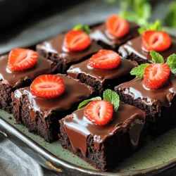 - 1 cup unsweetened cocoa powder - 1 cup granulated sugar - 1/2 cup brown sugar, packed - 1/2 cup unsalted butter, melted - 1/4 cup vegetable oil - 4 large eggs - 1 teaspoon vanilla extract - 1 cup all-purpose flour - 1/2 teaspoon baking powder - 1/4 teaspoon salt - 1 cup fresh strawberries, hulled and halved - 1 cup semi-sweet chocolate chips - 1 tablespoon coconut oil For these chocolate dipped strawberry brownies, you need simple yet tasty ingredients. Each plays a key role in creating a rich and fudgy treat. The unsweetened cocoa powder gives the brownies their deep chocolate flavor. You will mix it with both types of sugar for sweetness. The brown sugar adds a little moisture, making the brownies soft. Melted unsalted butter and vegetable oil help keep the brownies rich and moist. The eggs give the brownies structure and help them rise. Vanilla extract adds a nice aroma and flavor. The all-purpose flour, baking powder, and salt balance the sweetness and enhance the texture. Fresh strawberries bring a burst of fruitiness, while the semi-sweet chocolate chips create melty pockets of chocolate. Lastly, a bit of coconut oil helps you melt the chocolate smoothly, making dipping easy. Each ingredient contributes to a delightful experience in every bite. 1. Preheat your oven to 350°F (175°C). Grease a 9x13-inch baking pan or line it with parchment paper. This will help your brownies come out easily. 2. In a large mixing bowl, combine 1 cup of unsweetened cocoa powder, 1 cup of granulated sugar, and 1/2 cup of packed brown sugar. Mix well to blend the dry ingredients. 3. Next, add 1/2 cup of melted unsalted butter and 1/4 cup of vegetable oil. Stir until the mixture is smooth. 4. Now, add 4 large eggs one at a time, mixing well after each addition. Then, stir in 1 teaspoon of vanilla extract for a nice flavor boost. 5. In another bowl, whisk together 1 cup of all-purpose flour, 1/2 teaspoon of baking powder, and 1/4 teaspoon of salt. Gradually add this dry mixture to the wet mixture, stirring just until combined. 6. Fold in half of the halved fresh strawberries. Pour the batter into the prepared baking pan and spread it evenly. 1. Bake the brownies for 25-30 minutes. To check for doneness, insert a toothpick into the center. If it comes out with a few moist crumbs, they are ready. 2. Allow the brownies to cool in the pan for about 10 minutes, then transfer them to a wire rack to cool completely. 1. While the brownies cool, melt 1 cup of semi-sweet chocolate chips and 1 tablespoon of coconut oil in a microwave-safe bowl. Heat in 30-second intervals, stirring until smooth. 2. Dip the remaining strawberry halves into the melted chocolate. Allow any excess chocolate to drip off. Place them on a parchment-lined tray to cool and set. 3. Once the brownies have cooled, cut them into squares. Top each brownie with a chocolate-dipped strawberry before serving. To make the best brownies, focus on texture. Aim for a fudgy, rich bite. Use the right ingredients at the right temperature. Room temperature eggs mix better, giving a smooth batter. Melted butter helps create a moist brownie. When melting chocolate, safety is key. Use a microwave-safe bowl. Heat chocolate chips and coconut oil in short bursts. Start with 30 seconds, stir, then heat again. Repeat until smooth. This method prevents burning chocolate. Garnish your brownies for a beautiful look. Place fresh mint leaves around the brownies. Drizzle melted chocolate on top for a fancy touch. Serve your brownies on a nice platter. This adds to the fun! {{image_2}} You can make your Chocolate Dipped Strawberry Brownies even more fun. Adding nuts, like walnuts or pecans, gives a nice crunch. You can also mix in other fruits, such as raspberries or bananas, to change the flavor. If you want a twist, try using different types of chocolate. Dark chocolate chips add richness, while white chocolate gives a sweet touch. Each choice makes the brownies unique and tasty. If you need gluten-free brownies, swap the all-purpose flour with almond flour or a gluten-free mix. This keeps the brownies soft and moist. For a vegan version, replace the eggs with flaxseed meal mixed with water. Use coconut milk instead of butter and choose dairy-free chocolate chips. These swaps let anyone enjoy these delicious brownies. Serving Chocolate Dipped Strawberry Brownies can be fun! Pair them with a scoop of vanilla ice cream or a dollop of whipped cream. The cold cream complements the warm brownies well. You can also arrange the brownies on a nice plate and add fresh mint leaves for decoration. Drizzle extra melted chocolate on top for a fancy touch. These ideas make your dessert look amazing and taste even better. To keep your chocolate dipped strawberry brownies fresh, store them at room temperature. Place them in an airtight container. This method keeps them moist and tasty for up to three days. If you want to store them longer, refrigeration is a good choice. Just wrap the brownies tightly in plastic wrap and place them in the fridge. This way, they can last up to a week. If you need to save your brownies for a later time, freezing is a great option. Wrap each brownie well in plastic wrap. Then, place them in a freezer-safe bag or container. This keeps them fresh for up to three months. When you're ready to enjoy them, take them out of the freezer. Thaw them in the fridge overnight or at room temperature for a few hours. This way, they will taste just as good as fresh! You can check if brownies are done by using a toothpick. Insert it in the center of the brownies. If it comes out with a few moist crumbs, they are ready. If it’s wet with batter, they need more time. Look for a slight shine on top and a firm edge. These signs show that your brownies are done and ready to cool. Yes, you can use frozen strawberries. Just make sure to thaw them first. After thawing, drain any excess liquid. This helps keep your brownies from getting too soggy. Frozen strawberries can add nice flavor, but fresh ones are best for the topping. If you don’t have coconut oil, you can use butter or vegetable oil instead. Both options work well for melting chocolate. They will give your chocolate a smooth texture. You can also try other oils like olive oil, though it may alter the flavor slightly. Choose the option that suits your taste! In this post, we covered how to make delicious brownies with strawberries. We shared a list of necessary ingredients, easy steps to prepare and bake, and tips for perfect results. We discussed variations for flavors and diets, along with storage and serving ideas. Brownies are fun to make and share. Use fresh ingredients for the best taste. Get creative with flavors, and enjoy these treats anytime!