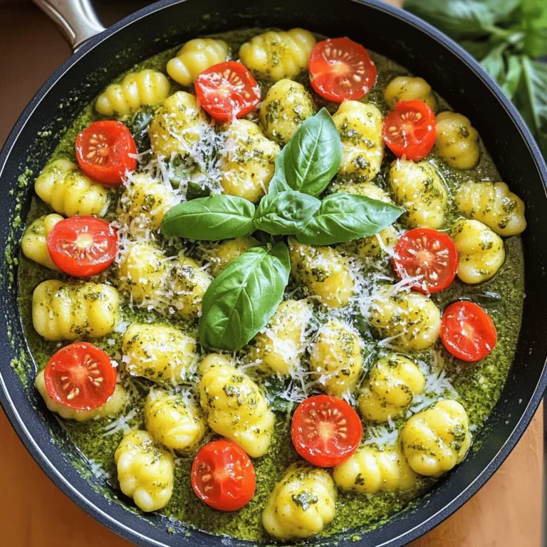 - 1 package (16 ounces) potato gnocchi - 2 tablespoons olive oil - 4 cloves garlic, minced - 1 cup heavy cream - 1 cup freshly prepared basil pesto - 1/2 cup grated Parmesan cheese (plus extra for serving) - 1 cup cherry tomatoes, halved - 1 cup baby spinach - Salt and black pepper to taste - Fresh basil leaves for garnish The ingredients for this creamy pesto gnocchi skillet are simple yet flavorful. First, you need potato gnocchi. This soft pasta cooks quickly and pairs well with the sauce. Olive oil adds richness and helps cook the garlic. Mincing four cloves of garlic gives you a strong flavor base. The heavy cream makes the dish rich and creamy. Fresh basil pesto adds a burst of flavor. If you want a cheesy finish, use grated Parmesan cheese. You can brighten the dish with cherry tomatoes. Their sweetness balances the cream. Baby spinach adds nutrition and color. Finally, season with salt and black pepper to taste. Fresh basil leaves make a lovely garnish. Start by boiling a large pot of salted water. Once it reaches a rolling boil, add the potato gnocchi. Cook them until they float, which usually takes about 2-3 minutes. This means they are ready. Drain the gnocchi well and set them aside for later. In a large skillet, heat 2 tablespoons of olive oil over medium heat. When the oil is hot, add 4 cloves of minced garlic. Sauté the garlic for about 1 minute until it smells great. Make sure not to burn the garlic, as it can taste bitter. Next, pour 1 cup of heavy cream into the skillet with the garlic. Bring the mixture to a gentle simmer. Stir in 1 cup of freshly prepared basil pesto. Let the sauce simmer for 2-3 minutes while you stir occasionally. This will help the flavors blend nicely. Now, add 1 cup of halved cherry tomatoes and 1 cup of baby spinach to the skillet. Cook these ingredients until the spinach wilts, which should take about 2 minutes. This adds color and nutrition to your dish. Once the spinach has wilted, gently toss the cooked gnocchi into the creamy sauce. Stir well to coat the gnocchi evenly in the sauce. Then, mix in 1/2 cup of grated Parmesan cheese. Season with salt and black pepper to taste. Once everything is heated through, remove the skillet from the heat. Garnish your creamy pesto gnocchi with more Parmesan cheese and fresh basil leaves. Serve hot and enjoy every delicious bite! - Use fresh or refrigerated gnocchi for best results. - Avoid overcooking in boiling water. Cook until they float, about 2-3 minutes. Getting the right texture is key. Gnocchi should be soft and fluffy but not mushy. If you use frozen gnocchi, they may need extra time. Check the package for cooking times and adjust as needed. - Add extra herbs or spices to the sauce. - Substitute cream with a lighter option if desired. Basil pesto brings great flavor, but you can boost it. Try adding a pinch of red pepper flakes for heat or some fresh parsley for a new taste. If you want a lighter dish, swap out the heavy cream for half-and-half or even cashew cream for a plant-based option. - Pair with a side salad or garlic bread. - Use as a main dish or a hearty side. This dish shines as a main or side. For a full meal, add a crisp salad with a lemon vinaigrette. Garlic bread also complements the creamy pesto well. You can make it even heartier by adding grilled chicken or shrimp. Enjoy your meal! {{image_2}} You can switch up the flavor of your creamy pesto gnocchi by trying different sauces. Sun-dried tomato pesto adds a tangy kick. Spinach pesto gives it a fresh herb taste. You can also play with creamy bases. Cream cheese can make a rich and smooth sauce. Want to make this dish heartier? Add grilled chicken or shrimp. They will boost the protein and flavor. If you prefer a vegetarian option, use chickpeas or white beans. They add a nice texture and keep it filling. Don't forget to add seasonal veggies! Zucchini or bell peppers can brighten up your dish. You can even swap spinach for kale or Swiss chard. These greens add a different taste and are great for nutrition. Store any leftovers in an airtight container in the fridge. This keeps the flavors fresh. Consume within 3 days for best quality. After that, the texture and taste may change. To reheat, use the stovetop. Add a splash of cream to keep it moist. Stir occasionally as it heats. You can also microwave it in short intervals. Stir after each interval to ensure even heating. If you want to save some for later, freeze in portions. This makes it easy to grab a meal. Before reheating, thaw in the refrigerator. This helps maintain the creamy texture. Yes, frozen gnocchi can be used. Just adjust the cooking time as needed. Frozen gnocchi cooks well and saves time. Follow the package instructions for best results. This ensures a tasty and quick meal. You can use half-and-half or a dairy-free alternative like coconut cream. Both options work well in the sauce. Half-and-half gives a similar richness, while coconut cream adds a unique flavor. Choose what fits your diet or taste. To make this dish vegan, use vegan gnocchi, coconut cream, and a plant-based pesto. These swaps keep the creamy texture without dairy. Check the labels on your gnocchi and pesto for vegan ingredients. Enjoy a delicious meal that everyone can share! This creamy pesto gnocchi skillet brings simple ingredients and steps together for a tasty dish. Start with potato gnocchi, garlic, and a rich sauce of cream and pesto. Add fresh veggies and seasonings for flavor. Feel free to get creative with substitutions or protein additions based on your tastes. Store or freeze any leftovers for later enjoyment. This recipe is easy to make, flavorful, and versatile. Enjoy your delicious meal!