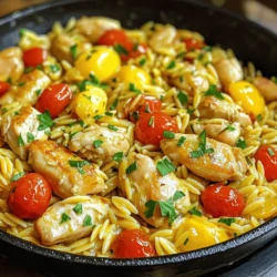 - Chicken: boneless, skinless chicken breasts - Pasta: orzo - Aromatics: garlic and onion - Vegetables: cherry tomatoes - Broth: chicken broth - Seasonings: lemon, oregano, salt, and pepper - Garnish: fresh parsley In this Lemon Garlic Chicken Orzo Skillet, we use simple yet tasty ingredients. The chicken gives protein and a nice texture. Choose boneless, skinless chicken breasts for easy cooking. Cutting them into bite-sized pieces helps them cook evenly. Orzo pasta adds a fun twist. It soaks up flavors well while staying tender. You can find orzo in most stores, usually near other pasta types. Aromatics like garlic and onion create a strong base. Minced garlic brings a rich flavor, while the chopped onion adds sweetness. Sauté them together for a delightful aroma as they cook. Cherry tomatoes add color and freshness. Halving them allows their juices to mix into the dish. They soften as they cook, enhancing the overall taste. For broth, chicken broth is key. It provides depth and moisture to the dish. If you want a lighter option, low-sodium broth works just as well. Seasonings like lemon, oregano, salt, and pepper are essential. Lemon adds a bright, zesty touch. Oregano brings an earthy flavor that pairs nicely with chicken. Adjust the salt and pepper to suit your taste. Finally, fresh parsley makes a great garnish. It adds a pop of color and a hint of freshness. This dish combines all these ingredients for a well-balanced, flavorful meal. To start, heat 2 tablespoons of olive oil in a large skillet over medium-high heat. Add the chicken pieces to the hot oil. Season them with salt and pepper. Cook the chicken until it's golden brown, which takes about 5-7 minutes. Once done, remove the chicken from the skillet and set it aside. This step is key, as searing locks in the chicken's juices and adds great flavor. In the same skillet, add the remaining tablespoon of olive oil. Next, toss in the finely chopped onion. Sauté it for about 3-4 minutes until it turns translucent. Then, add the minced garlic. Cook it for an additional 30 seconds until you smell its lovely aroma. Now, stir in the halved cherry tomatoes and dried oregano. Cook this mixture for 2-3 minutes until the tomatoes begin to soften. This step builds a rich base for your dish. Now it's time to add the orzo to the skillet. Stir the orzo until it is well coated with the oil and flavors. Next, pour in the chicken broth, lemon juice, and lemon zest. Bring everything to a boil. Once boiling, reduce the heat to a gentle simmer. Cover the skillet and cook for about 10 minutes. Stir occasionally until the orzo is tender and has absorbed most of the liquid. This process makes the orzo creamy and flavorful. After the orzo is cooked, return the chicken to the skillet. Mix it well until everything is heated through. If needed, adjust the seasonings with more salt and pepper to taste. Lastly, remove the skillet from heat and garnish with fresh chopped parsley. This adds a pop of color and freshness to your dish. Enjoy your Lemon Garlic Chicken Orzo Skillet! To get a golden-brown crust on your chicken, heat your skillet well. Use medium-high heat and add olive oil. Place the chicken in the skillet without crowding it. This helps it brown nicely. Cook for about 5-7 minutes before flipping. Avoid overcooking by checking the chicken's color. It should be golden and firm. Use a meat thermometer; the internal temperature should reach 165°F. Remove the chicken when done. It will cook a bit more after you take it out. To boost the garlic and lemon flavor, add more minced garlic if you like. Fresh garlic gives a stronger taste. You can also add more lemon juice or zest for extra zing. Try adding fresh herbs like basil or thyme. These herbs pair well with the lemon and chicken. You can also sprinkle some red pepper flakes for a little heat. Garnishing makes your dish look nice. Use fresh parsley to add color. Chop it finely and sprinkle it over the top before serving. For plating, use a shallow bowl. Place the orzo in the center and arrange the chicken on top. Add a few cherry tomato halves for color. This makes the dish look inviting and tasty. {{image_2}} You can switch up the protein in this dish. Shrimp works great in place of chicken. Simply sauté the shrimp until they turn pink. If you prefer fish, use white fish like cod or tilapia. Cook it gently in the skillet for a flaky texture. For a vegetarian option, try tofu. Use firm tofu, and cube it. Sauté the tofu until golden brown for good flavor. Consider adding seasonal vegetables to boost flavor and nutrition. Bell peppers, zucchini, or asparagus pair well with this dish. You can also toss in some leafy greens like spinach or kale. Add them near the end of cooking. This keeps them vibrant and fresh. Want more heat? Sprinkle in some red pepper flakes while cooking. This adds a nice kick to the dish. For a creamy version, stir in some grated cheese like Parmesan before serving. It will melt and create a rich sauce. To store leftovers, let the dish cool first. Place it in an airtight container. This keeps it fresh for up to four days. I recommend using glass containers. They do not hold smells and are easy to clean. The best methods for reheating are the stovetop or microwave. Use the stovetop for even heating. Add a splash of chicken broth to keep it moist. Heat over low, stirring often. If using the microwave, cover the dish loosely. Heat in short bursts, stirring in between. For freezing, let the dish cool completely. Use freezer-safe containers to prevent freezer burn. It can last up to three months. Thaw in the fridge overnight before reheating. This keeps the flavors nice and fresh. The total cooking time is about 30 minutes. This includes 10 minutes for prep and 20 minutes for cooking. You can have a warm meal ready in no time! Yes, you can use whole wheat orzo. It adds a nutty flavor and more fiber. Just be mindful that it may cook a bit longer than regular orzo. This dish is great for meal prep! Make a big batch and store it in the fridge. Use airtight containers to keep it fresh. It lasts up to four days in the fridge. Reheat in the microwave or on the stove before serving. This blog post covered a simple recipe for Lemon Garlic Chicken Orzo Skillet. You learned about the main ingredients and how to prepare each one. We talked about cooking techniques, tips for better flavor, and ways to present the dish nicely. You can also modify the recipe with different proteins and vegetables. Overall, this dish is easy to make and filled with flavor. It's perfect for those busy nights or meal prep. Give it a try, and enjoy the taste and satisfaction of a homemade meal!