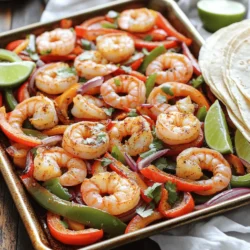 - 1 lb large shrimp, peeled and deveined - 1 bell pepper (red, green, or yellow), sliced - 1 red onion, sliced - 3 cloves garlic, minced - 2 tablespoons olive oil - 2 teaspoons chili powder - 1 teaspoon cumin - 1 teaspoon smoked paprika - 1 teaspoon lime zest - Salt and pepper to taste - 8 small flour tortillas - Fresh cilantro, for garnish - Lime wedges, for serving These ingredients create a tasty mix for your fajitas. The shrimp give protein, while the bell pepper and onion add crunch. Garlic adds depth, and spices bring warmth and flavor. Olive oil helps everything cook well. You can add more veggies like zucchini or corn for extra flavor. If you want heat, add jalapeños or red pepper flakes. For freshness, try adding diced avocado or mango. These options let you create your perfect meal. No bell pepper? Use any other color or veggie like mushrooms. If you don’t have shrimp, chicken or fish work well. For a gluten-free option, use corn tortillas instead of flour. Feel free to swap ingredients to fit what you like! Start by preheating your oven to 400°F (200°C). This helps the shrimp cook evenly. Next, line a large baking sheet with parchment paper. This makes cleanup quick and easy. In a large bowl, combine the shrimp, sliced bell pepper, sliced red onion, and minced garlic. These ingredients pack a lot of flavor. Then, drizzle the olive oil over the mixture. Add chili powder, cumin, smoked paprika, lime zest, salt, and pepper. Toss everything well. Make sure each shrimp and veggie gets coated in those spices. Spread the shrimp and veggie mix evenly on the baking sheet. Bake in your preheated oven for 12-15 minutes. Keep an eye on them. You want the shrimp to turn pink and the veggies to soften. While they bake, warm the tortillas in a dry skillet. Use medium heat and warm them for about 30 seconds on each side. This step makes them soft and easy to fold. Once the shrimp and veggies are ready, take them out of the oven and give them a gentle toss. This helps mix the flavors. To serve, fill each tortilla with a generous amount of shrimp and veggies. Garnish with fresh cilantro for a pop of color. Squeeze lime juice on top for added zest. For a fun touch, serve the fajitas on a large platter. Add lime wedges and sprinkle cilantro over them. You can also offer bowls of guacamole, sour cream, or salsa on the side. This way, everyone can customize their meal! To make your shrimp fajitas shine, use fresh spices. I love using chili powder, cumin, and smoked paprika. They add depth to the dish. Lime zest brightens the flavors. Don't skip the salt and pepper. Adjust the seasoning to your taste. If you want a kick, add cayenne pepper. Mix the spices well with the shrimp and veggies. This ensures even flavor throughout the dish. Cooking shrimp is easy but requires attention. Start with large shrimp; they cook evenly and stay juicy. Preheat your oven to 400°F (200°C) for best results. Spread the shrimp and veggies in a single layer on the baking sheet. This helps them cook evenly. Bake for 12-15 minutes. Watch for the shrimp to turn pink; that's your cue they're done. Overcooking can make shrimp tough, so keep an eye on them. Presentation makes meals fun! Use a large platter for serving. Layer the shrimp and veggies nicely in the center. Sprinkle fresh cilantro on top for color. Serve with lime wedges on the side; they add freshness when squeezed. Offer bowls of guacamole, sour cream, or salsa. This gives everyone options to customize their fajitas. It makes your meal feel special and inviting! {{image_2}} You can make this recipe meat-free. Use firm tofu or tempeh instead of shrimp. Press and cube the tofu. Season it with the same spices. Roast it on the sheet pan just like the shrimp. You can also use a mix of colorful veggies. Try zucchini, mushrooms, or corn for more texture. These options provide great flavor and protein. If you want to switch up the protein, chicken works well. Slice boneless chicken breasts or thighs. Toss them in the same spices as the shrimp. You can also use fish like salmon or cod. Each protein brings a unique taste. Cooking times may vary, so keep an eye on them. For a heartier dish, try beef strips or pork tenderloin. These options can change your meal completely. Spice things up by changing the seasoning. Add cayenne for heat or oregano for earthiness. Try a pinch of cinnamon for a warm twist. You can also use taco seasoning for a classic flavor. If you love citrus, add orange zest along with lime. Adjust the spice levels to fit your taste. Experimenting with spices can lead to exciting new flavors. To keep your shrimp fajitas fresh, store them in an airtight container. Place the shrimp and veggies in the container after they cool. Make sure to cover them well. You can keep them in the fridge for up to three days. If you have extra tortillas, store them separately. This way, they won’t get soggy. When you want to enjoy your leftovers, reheat them for the best flavor. You can use a skillet on medium heat. Add a splash of water or oil to keep them moist. Stir the mixture until it's hot. This should take about 5 minutes. You can also use the microwave. Heat in short bursts of 30 seconds, stirring in between. If you want to save your fajitas for later, freezing is a great option. Place the shrimp and veggies in a freezer-safe bag or container. Remove as much air as you can before sealing. You can freeze them for up to three months. When ready to eat, thaw them in the fridge overnight. Reheat as mentioned before. Yes, you can use frozen shrimp. Just make sure to thaw them first. Place the shrimp in a bowl of cold water for about 15-20 minutes. Once thawed, peel and devein them if needed. This keeps the recipe quick and easy while still tasting great. You can tell when shrimp are cooked by their color. They turn pink and opaque when done. Additionally, they should curl into a C shape. Avoid overcooking, as they can become tough. Cooking usually takes about 12-15 minutes in the oven. You can serve shrimp fajitas with many tasty sides. Here are some ideas: - Guacamole - Sour cream - Salsa - Refried beans - Mexican rice - A fresh green salad These sides add flavor and make the meal more fun! This article covers all you need to make shrimp fajitas. We explored key ingredients, from the basics to optional swaps. You learned how to prepare, cook, and serve them perfectly. I shared tips on seasoning and presentation, plus tasty variations for everyone. Finally, we discussed storage and reheating for leftovers. Enjoy creating bold flavors and unique twists. With a bit of practice, you’ll make shrimp fajitas that impress!