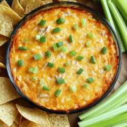 - 2 cups cooked chicken, shredded - 1 cup cream cheese, softened - 1/2 cup ranch dressing - 1/2 cup buffalo sauce - 1 cup shredded cheddar cheese - 1/2 cup blue cheese crumbles (optional) - 1/4 cup green onions, chopped - Serving suggestions: Tortilla chips or celery sticks To make Buffalo Ranch Chicken Dip, you need simple, tasty ingredients. I love using shredded chicken because it adds a hearty touch. You can use any cooked chicken. I often grab rotisserie chicken for ease and flavor. Softened cream cheese creates a rich base. It blends well with ranch dressing and buffalo sauce. The ranch adds a cool, herby flavor. Buffalo sauce brings a spicy kick that makes this dip unforgettable. Cheddar cheese gives the dip a nice, melted texture. I recommend sharp cheddar for more flavor. If you like blue cheese, adding it will enhance the taste. The crumbles add a tangy depth that many people enjoy. Chopped green onions brighten the dip and add a crunch. They also make for a pretty garnish. For serving, I suggest tortilla chips or celery sticks. Both options balance the rich dip well. They add a nice crunch and are fun to dip! Gather these ingredients, and you’re on your way to a flavorful snack. Enjoy the process of making this dip as much as eating it! First, preheat your oven to 350°F (175°C). This step gets your oven ready for baking. Next, grab a large mixing bowl. In this bowl, combine 1 cup of softened cream cheese, 1/2 cup of ranch dressing, and 1/2 cup of buffalo sauce. Mix these ingredients until they are smooth and well blended. This creamy base is the heart of your dip. Now, it’s time to add more flavor. Toss in 2 cups of shredded cooked chicken. Then, add 1 cup of shredded cheddar cheese and 1/4 cup of chopped green onions. Mix everything until it’s evenly combined. If you love blue cheese, fold in 1/2 cup of blue cheese crumbles at this stage. This will add a tangy kick to your dip. Once your mixture is ready, transfer it to a baking dish. Spread the mixture evenly in the dish. Place it in your preheated oven and bake for 20-25 minutes. You will know it’s done when the dip is bubbly and golden on top. After baking, let it cool for a couple of minutes. This wait will help avoid burns. Now, you can garnish with the remaining green onions and any extra blue cheese if you like. Serve this warm dip with tortilla chips or celery sticks. Enjoy! To make the best Buffalo Ranch Chicken Dip, start with room temperature cream cheese. This helps it mix smoothly with the other ingredients. If you skip this step, you might have lumps in your dip. Use a hand mixer or a sturdy spatula for easy mixing. Next, don't hesitate to try different brands of buffalo sauce. Each brand offers a unique flavor. Some sauces are milder, while others pack a punch. Taste as you go to find your perfect blend. Serve your dip warm for the best experience. It pairs well with crispy tortilla chips or crunchy celery sticks. The coolness of the celery balances the spicy dip nicely. You can also offer a side of extra ranch or buffalo sauce for dipping. This way, guests can adjust the heat to their liking. For a fun twist, consider topping your dip with extra green onions or even some crunchy bacon bits before serving. These small additions can make a big difference in flavor and presentation! {{image_2}} You can make Buffalo Ranch Chicken Dip even easier. Try these swaps: - Rotisserie chicken: You can use rotisserie chicken instead of cooked chicken. It saves time and gives a nice flavor. - Greek yogurt: For a healthier dip, use Greek yogurt instead of ranch dressing. It adds creaminess and protein without extra fat. These changes let you enjoy this dip your way! Buffalo Ranch Chicken Dip can fit many diets. Here’s how: - Gluten-free: To make it gluten-free, just check that all sauces are gluten-free. This ensures everyone can enjoy the dip. - Vegetarian option: If you want a vegetarian dip, replace the chicken with chickpeas. They add fiber and protein while keeping the dip tasty. These options help you share this dip with more friends! Store any leftover Buffalo Ranch Chicken Dip in an airtight container. It will stay fresh in the fridge for up to 3 days. Keeping it sealed helps maintain its rich flavors and creamy texture. When you want to enjoy the dip again, the oven is the best way to reheat it. Set your oven to 350°F (175°C) and warm the dip until it’s bubbly again. If you're in a hurry, you can use the microwave. Just heat it in short intervals, stirring in between to avoid hot spots. If you want to save Buffalo Ranch Chicken Dip for later, freezing is a great option. To freeze, place the dip in a freezer-safe container. Make sure to leave some space at the top, as it will expand when frozen. When you're ready to eat it, thaw it overnight in the fridge. Reheat in the oven or microwave as mentioned earlier. Enjoy your tasty snack anytime! To spice up your Buffalo Ranch Chicken Dip, add more buffalo sauce. You can also toss in diced jalapeños. Both options will give your dip a nice kick. If you want even more heat, try using a hot sauce with a higher Scoville rating. Adjust the spice to your taste so you can enjoy it more. Yes, you can make this dip ahead of time! Prepare it a day before you plan to serve it. Store the dip in an airtight container in the fridge. When you're ready to eat, just bake it until bubbly. This saves you time and lets the flavors blend well. You can serve this dip with many tasty options. Tortilla chips and celery sticks are classic choices. You can also try veggies like carrots or cucumber slices. Crackers work well too, adding a nice crunch. Get creative with your dippers to find your favorite combo! You can make a delightful Buffalo Ranch Chicken Dip using simple steps and ingredients. We provided a complete recipe, detailed instructions, and helpful tips to perfect it. You can enjoy this dip warm with tortilla chips or celery sticks. Remember, adjusting ingredients for dietary needs is easy, and leftover storage is simple too. Get creative with flavors and servings. This dip is sure to please at any gathering or snack time. Enjoy making and sharing it!