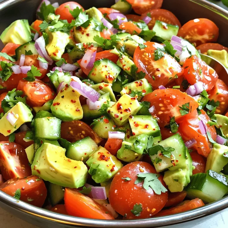 - 2 large ripe tomatoes, diced - 1 medium cucumber, diced - 1 large avocado, diced These main ingredients are the stars of the salad. Ripe tomatoes bring juicy flavor. Fresh cucumbers add a nice crunch. Creamy avocado gives the salad a rich texture. When you blend these three, you create a fresh and vibrant dish. - 1/4 red onion, finely chopped - 1/4 cup fresh cilantro, chopped - 1 teaspoon honey (optional for sweetness) - Chili flakes (optional for a kick) You can add red onion for a sharp bite. Fresh cilantro adds a bright, herbaceous touch. A bit of honey can balance the flavors perfectly. If you like heat, sprinkle in some chili flakes. These optional ingredients let you customize your salad to your taste. - 2 tablespoons lime juice - 1 tablespoon olive oil - Salt and pepper to taste The dressing is key to bringing everything together. Lime juice gives a zesty kick. Olive oil adds depth and richness. Salt and pepper are essential to enhance all the flavors. Mix these components well, and you will have a dressing that makes your salad shine. To start, you need to dice the tomatoes, cucumber, and avocado. Use a sharp knife for clean cuts. Dice the tomatoes into small pieces. Next, slice the cucumber and chop it to match the tomato size. Finally, take the avocado, cut it in half, remove the pit, and scoop out the flesh. Dice it gently to keep its shape. Next, chop the red onion. Make thin slices first, then cut across to create small pieces. Do the same with the fresh cilantro. This adds great flavor to the salad. Now, let’s make the dressing. In a small bowl, add lime juice and olive oil. Use a whisk to combine them well. Sprinkle in salt and pepper for taste. If you like a touch of sweetness, add honey. Whisk until everything blends smoothly. This dressing adds zing to your salad. Time to mix all the ingredients! In a large bowl, combine the diced tomatoes, cucumber, and avocado. Add the chopped red onion and cilantro. Drizzle the dressing over the top. Gently toss everything together. Be careful not to mash the avocado. After mixing, let the salad sit for about five minutes. This helps the flavors meld together. Enjoy your fresh and tasty salad! To make the best Tomato Cucumber Avocado Salad, you need ripe ingredients. Here’s how to choose them: - Tomatoes: Look for large tomatoes with smooth skin. They should feel slightly soft but not mushy. A deep red color means they are ripe. - Cucumbers: Choose firm cucumbers with dark green skin. Avoid any with soft spots or wrinkles. - Avocados: Pick avocados that yield slightly when you press them. They should have a dark green to black skin for ripeness. Using ripe ingredients will ensure a fresh taste in your salad. Tossing the salad can be tricky, especially with avocado. Here are my tips to keep it intact: - Use a large bowl to allow space for mixing. - Add the dressing slowly. This way, you can control how much you use. - Gently toss with a spatula or your hands. This prevents the avocado from mushing too much. - Mix just until everything is coated. Over-mixing can lead to a mushy salad. These steps will help keep your avocado pieces nice and chunky. To serve your salad, you can enhance its look and taste. Here are some ideas: - Pairings: This salad goes well with grilled chicken or fish. It adds a fresh touch to any meal. - Garnishing: Sprinkle extra cilantro on top for color. A few chili flakes can add heat if you like spice. - Presentation: Serve it in a clear bowl to show off the vibrant colors. These tips will make your salad not just tasty but also visually appealing. {{image_2}} You can change this salad with seasonal fruits or veggies. In summer, try adding sweet corn or fresh berries. In fall, diced apples or roasted butternut squash work great. Seasonal ingredients add new flavors and colors. They keep the salad fresh and exciting. You can swap ingredients based on your diet. If you want a lower-calorie option, use cucumbers only. If you’re vegan, skip the honey. For those allergic to avocado, replace it with creamy tofu or nuts. These swaps help everyone enjoy this dish. You can boost the flavor of your salad easily. Try adding spices like cumin or smoked paprika for warmth. Fresh herbs like basil or mint can add a fragrant twist. A splash of balsamic vinegar can also give a nice tang. These changes keep the salad lively and full of taste. Store your leftover salad in an airtight container. This will keep it fresh. Place it in the fridge right away. If you add dressing, it may make the salad soggy. To avoid this, store the dressing separately. When you want to eat it, just mix the dressing in before serving. This salad lasts about 1 to 2 days in the fridge. After that, the avocado may brown and the tomatoes may soften. Always check for freshness before eating. If it smells off or looks bad, it’s best to toss it. Do not reheat this salad. It tastes best when served cold. Reheating can change the texture and taste of the fresh ingredients. Enjoy it straight from the fridge for a refreshing bite! This salad is full of fresh, healthy ingredients. Each ingredient offers great nutrition: - Tomatoes: Packed with vitamins A and C. They help your skin and immune system. - Cucumbers: Low in calories and high in water. They keep you hydrated and refreshed. - Avocado: Full of healthy fats. They support heart health and help with nutrient absorption. - Red onion: Contains antioxidants. They aid in reducing inflammation and boosting heart health. - Cilantro: Loaded with vitamins and minerals. It adds flavor and supports digestion. - Lime juice: High in vitamin C. It helps your body fight off infections. - Olive oil: Rich in healthy fats. It promotes heart health and good cholesterol. Together, these ingredients create a vibrant dish that nourishes your body while delighting your taste buds. Yes, you can prep this salad in advance! Here are some tips: - Chop veggies ahead: Dice the tomatoes, cucumbers, and onion early. Store them in an airtight container. - Mix dressing separately: Keep the dressing in a small jar. Add it right before serving to keep everything fresh. - Add avocado last: Cut the avocado just before serving. This keeps it from browning too quickly. By prepping ahead, you save time and enjoy a quick, delicious meal! To keep your avocado fresh, follow these tips: - Use lime juice: The acid helps prevent browning. Toss the avocado pieces in lime juice right after cutting. - Store properly: If you have leftover avocado, keep the pit in it and wrap it tightly in plastic wrap. This slows down browning. - Cover tightly: If you make the salad ahead, cover it with plastic wrap. Make sure it touches the surface of the salad to limit air exposure. With these steps, you’ll keep your avocado green and tasty! This salad combines fresh, ripe tomatoes, cucumbers, and creamy avocados for a burst of flavor. Optional ingredients like red onion and cilantro can enhance its taste and texture. I shared tips on selecting the best produce and making a simple dressing. Remember, you can customize this salad based on the season or your diet. Enjoy it fresh to capture all the vibrant flavors. Follow these steps to create a satisfying dish that's both nutritious and delicious.