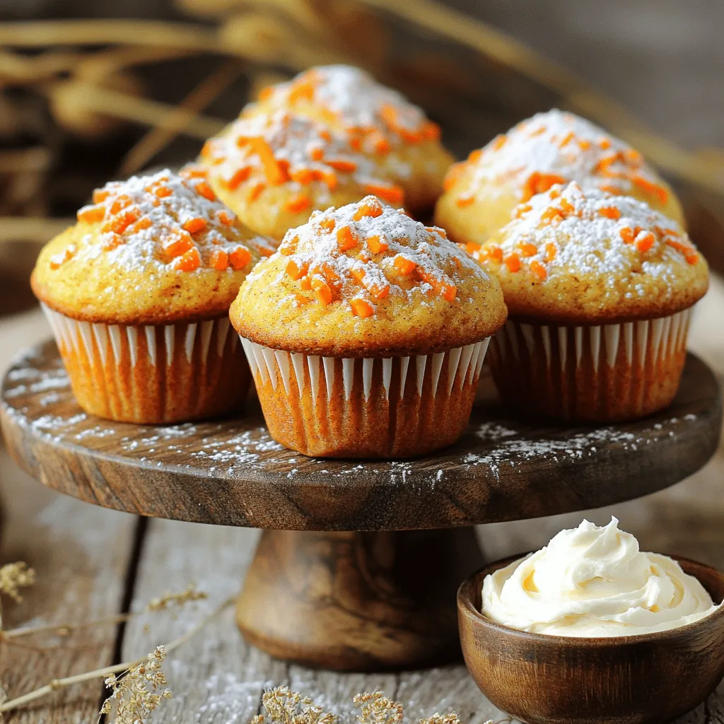 - 1 cup all-purpose flour - 1 teaspoon baking powder - 1/2 teaspoon baking soda - 1 teaspoon ground cinnamon - 1/2 teaspoon ground ginger - 1/4 teaspoon ground nutmeg - 1/4 teaspoon salt - 1/2 cup sugar - 1/4 cup brown sugar, packed - 1/2 cup vegetable oil - 2 large eggs - 1 teaspoon vanilla extract - 1 1/2 cups grated carrots (about 2 medium carrots) - 1/2 cup crushed pineapple, drained - 1/4 cup chopped walnuts (optional) - 1/4 cup raisins (optional) The ingredients for spiced carrot cake muffins are simple and easy to find. Using all-purpose flour gives the muffins a nice structure. Baking powder and baking soda help them rise and become fluffy. The spices—cinnamon, ginger, and nutmeg—add warmth and depth of flavor. The sugar and brown sugar give sweetness and moisture to the muffins. For the wet ingredients, vegetable oil keeps the muffins tender. Eggs bind everything together. Vanilla adds a lovely aroma and taste. Grated carrots and crushed pineapple boost sweetness and moisture, making each bite juicy. You can add nuts and raisins for extra texture and flavor. Feel free to skip the optional ingredients if you prefer a simpler muffin. Gather these ingredients, and you are ready to bake. Each ingredient plays a role in creating a delicious treat that feels special yet easy to make. 1. Preheat your oven to 350°F (175°C). This step is key for even baking. Line a muffin tin with paper liners or lightly grease the cups. This keeps the muffins from sticking. 2. Mix the dry ingredients. In a medium bowl, whisk together 1 cup all-purpose flour, 1 teaspoon baking powder, 1/2 teaspoon baking soda, 1 teaspoon ground cinnamon, 1/2 teaspoon ground ginger, 1/4 teaspoon ground nutmeg, and 1/4 teaspoon salt. Set this bowl aside. 3. Combine the wet ingredients and add eggs. In a large bowl, whisk together 1/2 cup sugar, 1/4 cup brown sugar, and 1/2 cup vegetable oil. Mix until smooth. Then, add 2 large eggs one at a time, whisking well after each addition. Finally, stir in 1 teaspoon vanilla extract. 1. Gradually incorporate the dry mixture into the wet mixture. Slowly add the dry ingredients to the wet mix, stirring until just combined. Be careful not to overmix, as this can make the muffins tough. 2. Fold in the mix-ins. Gently fold in 1 1/2 cups grated carrots, 1/2 cup drained crushed pineapple, and optional items like 1/4 cup chopped walnuts and 1/4 cup raisins. Mix until everything is evenly distributed. 1. Divide the batter and fill the muffin tin. Use a spoon or ice cream scoop to divide the batter evenly among the muffin cups. Fill each cup about 2/3 full to allow for rising. 2. Baking time and testing for doneness. Place the muffin tin in the preheated oven. Bake for 18-20 minutes. Check for doneness by inserting a toothpick into the center of a muffin. If it comes out clean, they are ready! Let the muffins cool in the tin for 5 minutes before transferring them to a wire rack. Enjoy your delightful spiced carrot cake muffins! - Importance of not overmixing: Overmixing can create tough muffins. Mix just until the dry and wet ingredients combine. This keeps your muffins soft and tender. - Using fresh ingredients for maximum flavor: Fresh spices and ingredients brighten the taste. Use freshly grated carrots and ripe pineapple for the best results. Fresh eggs also enhance texture. - Serving suggestions and decorative touches: Present your muffins on a lovely cake stand. A sprinkle of powdered sugar adds a nice touch. This small detail makes your muffins look extra special. - Optional toppings and frostings: Consider serving cream cheese frosting on the side. This adds creaminess and sweetness. Chopped nuts on top can also add a delightful crunch. - Overfilling muffin cups: Fill each cup about two-thirds full. Overfilling can cause the muffins to overflow while baking, ruining their shape. - Improperly measuring flour and sugar: Use the spoon-and-level method for measuring flour. This helps avoid dense muffins. A kitchen scale can provide accuracy for both flour and sugar. {{image_2}} You can easily make spiced carrot cake muffins gluten-free. Use a gluten-free flour blend instead of all-purpose flour. This allows folks with gluten sensitivities to enjoy this tasty treat without worry. For those who follow a vegan diet, swap the eggs for flaxseed meal or applesauce. Use non-dairy milk instead of regular milk. These changes keep the muffins moist and full of flavor. Get creative with flavor additions! You can add apples, shredded zucchini, or even mashed bananas for a sweet twist. Chopped pecans or almonds can also add crunch. Feel free to play with spices! Try adding cardamom or allspice for a unique taste. A pinch of cloves can bring warmth and depth, making each bite exciting. These muffins pair well with coffee or tea. They make a great breakfast or snack. You can also serve them with yogurt for a wholesome treat. Consider using these muffins in a brunch spread. They look great on a cake stand and add color to the table. Offer a side of cream cheese frosting for those who want a little extra sweetness. To keep your spiced carrot cake muffins fresh, follow these easy steps: - Refrigerating: Place the muffins in an airtight container. This keeps them moist and prevents odors from other foods. They last about 5 days in the fridge. - Freezing: For longer storage, wrap each muffin in plastic wrap. Then, place them in a freezer bag. They freeze well for up to 3 months. Just remember to label the bag with the date. To keep muffins fresh for longer, always allow them to cool completely before storage. This prevents condensation, which makes them soggy. To enjoy your muffins warm, try these reheating methods: - Microwave: Place a muffin on a microwave-safe plate. Heat for about 10-15 seconds. Check to see if it’s warm enough. If not, heat in 5-second bursts until perfect. - Oven: Preheat your oven to 350°F (175°C). Wrap the muffin in foil to keep it moist. Heat for around 5-10 minutes. This method brings back that fresh-baked taste. Serving warm enhances the flavors and makes for a delightful treat. Enjoy every bite! How long do spiced carrot cake muffins last? Spiced carrot cake muffins last for about 3 to 5 days when stored in an airtight container. If you refrigerate them, they may last a week. Can I make these muffins ahead of time? Yes, you can make these muffins ahead of time. They freeze well, so you can enjoy them later. Just cool them completely and store in a freezer bag. What other toppings can I add to spiced carrot cake muffins? You can add cream cheese frosting for extra sweetness. Nuts or coconut flakes can also add texture. A sprinkle of powdered sugar works well for a nice touch. Can I replace vegetable oil with another type of oil? Yes, you can use canola oil or melted coconut oil instead of vegetable oil. Both work well in this recipe. What can I use instead of eggs in this recipe? You can use flaxseed meal mixed with water as an egg substitute. Mix 1 tablespoon of flaxseed meal with 2.5 tablespoons of water. Let it sit for a few minutes to thicken. Are there alternatives for sugar in the recipe? You can use honey or maple syrup as a sugar alternative. Just reduce the amount of liquid in the recipe slightly to balance the wet ingredients. In this blog post, we explored how to make spiced carrot cake muffins. We covered the key ingredients, preparation steps, and baking tips. You learned how to enhance flavors with mix-ins and avoid common mistakes. For those who seek variety, we shared options for dietary modifications and creative pairings. Finally, we discussed storage and reheating to keep your muffins fresh. Now you can bake delicious muffins that impress your friends and family. Enjoy your baking journey and don't forget to have fun!