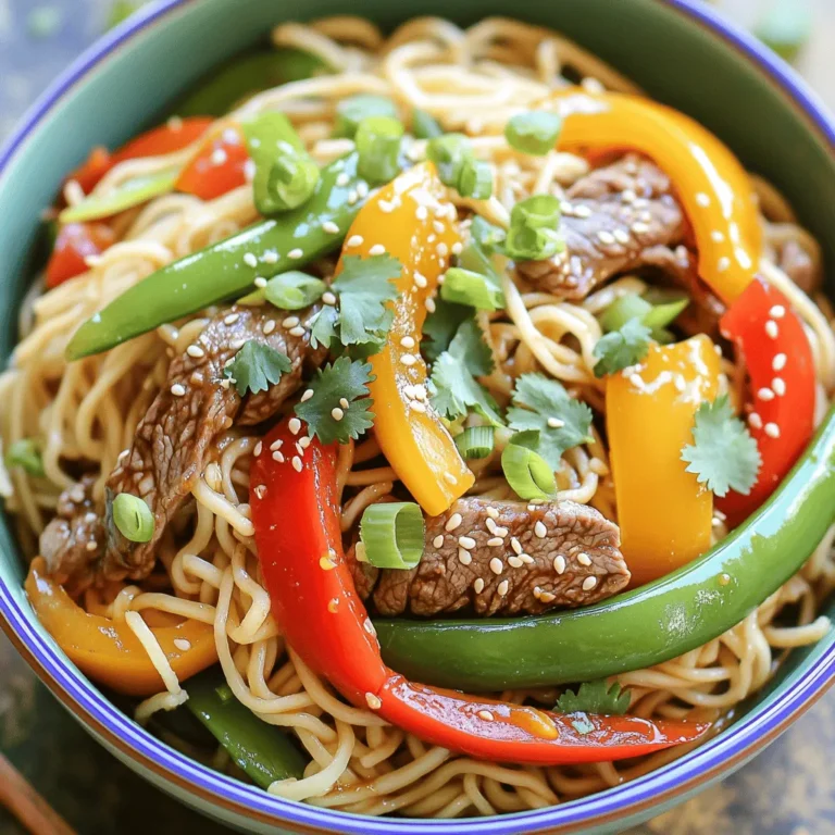 - 8 oz. rice noodles - 1 lb. beef sirloin, thinly sliced - 3 tablespoons sesame oil - 3 cloves garlic, minced - 1 tablespoon ginger, grated - 2 tablespoons soy sauce - 2 tablespoons chili paste (adjust to taste) The main ingredients create a rich and bold flavor. Rice noodles are the base of this dish. They soak up the sauce well and add a nice texture. Beef sirloin gives a tender bite. The sesame oil adds a nutty taste, while garlic and ginger bring warmth. Soy sauce adds saltiness, and chili paste gives the heat. - 1 bell pepper, sliced - 1 cup snow peas, trimmed - 2 green onions, chopped - Sesame seeds for garnish - Fresh cilantro for garnish Bell pepper adds sweetness and color. Snow peas provide crunch and freshness. Green onions enhance the dish with a mild onion flavor. Sesame seeds add a nice texture on top. Fresh cilantro brings a burst of brightness. Each component works together to make this meal vibrant and delicious. To start, cook the rice noodles as the package says. It usually takes about 5 to 7 minutes. Once they are soft, drain them well. Rinse the noodles under cold water to stop the cooking. This helps keep them from sticking together. Set them aside while you prepare the beef and veggies. Next, we’ll marinate the beef to infuse it with flavor. In a large bowl, mix the sliced beef with sesame oil, minced garlic, grated ginger, soy sauce, chili paste, and honey. Make sure each piece of beef is coated well. Let the beef marinate for at least 15 minutes. This step makes the beef tender and tasty. Now, heat a large skillet over medium-high heat. Add the remaining sesame oil. When the oil is hot, add the marinated beef. Stir-fry the beef for about 3 to 5 minutes or until it's browned and cooked through. Once done, remove the beef from the skillet and set it aside. In the same skillet, toss in the sliced bell pepper and snow peas. Stir-fry these veggies for about 2 to 3 minutes. You want them to be tender but still crisp. After that, bring the cooked beef back to the skillet with the vegetables. Finally, add the prepared rice noodles to the mix. Toss everything together until the beef, vegetables, and noodles are well combined. Now, you have a delicious meal ready to enjoy! To stir-fry well, use high heat. This keeps meat juicy and vegetables crisp. Always prep your ingredients before cooking. This way, you can stir-fry quickly without stopping. Marinating beef is key for flavor. It helps tenderize the meat and adds depth. For this recipe, marinate the beef for at least 15 minutes. If you have more time, let it sit longer. This makes a big difference. Want more spice? Start with a little chili paste. You can always add more later. If you prefer less heat, cut back on the paste. You can also swap it for sweet chili sauce for a different kick. For sauces, soy sauce is a must. But you can try hoisin or teriyaki for new tastes. Each sauce brings its own flavor, making the dish unique. Experiment to find your favorite mix! Garnishing makes your dish pop! Use green onions and sesame seeds for a nice touch. Fresh cilantro adds color and a fresh taste. For serving, place the noodles in a bowl. Add beef and veggies on top. This way, everyone can see the beautiful colors. It makes the meal more inviting and fun to eat! {{image_2}} You can easily swap the beef for other proteins. Chicken works great in this dish. Use thin slices of chicken breast. You can also try tofu for a vegetarian option. If you use chicken, cook it for about 5-7 minutes until fully cooked. For tofu, press it first to remove extra water. Then, cube and sauté until golden. Each protein adds a unique taste. Adjust cooking times based on what you choose. Feel free to mix in other vegetables. Broccoli, carrots, and mushrooms all complement the dish well. You can use whatever is fresh and in season. For a colorful twist, add snap peas or bok choy. Just remember to cut your veggies into similar sizes for even cooking. This way, they will all be tender and flavorful when you serve them. If you need a gluten-free option, use tamari instead of soy sauce. Tamari tastes similar but is made without wheat. For noodles, choose rice noodles as they are naturally gluten-free. Check the package to make sure they don’t contain gluten. You can also try zucchini noodles for a lighter, low-carb meal. These swaps keep your dish delicious and friendly for gluten-free diets. To keep your Spicy Sesame Beef Noodles fresh, refrigerate them right after serving. Place the leftovers in airtight containers. This keeps air out and prevents spoilage. Make sure to cool the noodles and beef to room temperature before sealing. This helps maintain their texture and flavor. When you’re ready to enjoy your leftovers, heat them gently. You can use a microwave or a skillet. If using a microwave, cover the dish with a damp paper towel. This keeps moisture in. For a skillet, add a splash of water or broth. Heat over medium-low until warmed through. Stir frequently to avoid sticking and ensure even heating. If you want to save some for later, you can freeze the dish. Let it cool completely first. Then, portion it into freezer-safe bags or containers. Remove as much air as possible before sealing. This prevents freezer burn. To thaw, move it to the fridge overnight. Reheat it using the methods mentioned above for best results. Spicy Sesame Beef Noodles are a tasty dish from Asian cuisine. They mix tender beef with soft rice noodles. The dish is rich in flavors, thanks to garlic, ginger, and sesame oil. It often includes a spicy kick from chili paste. This dish hails from the streets of Asia, where quick meals are popular. You can enjoy it as a comforting dinner or a fun meal with friends. Yes, you can make this dish without meat. Try using tofu or tempeh for protein. Both options soak up flavors well. For a veggie twist, add mushrooms or zucchini. You can also use chickpeas for a hearty feel. Just ensure you adjust cooking times for these ingredients. They will give you a satisfying and tasty meal, even without beef. To adjust the spice level, start with less chili paste. Add a little at a time until it suits your taste. You can also replace chili paste with milder sauces or use sweet chili sauce. If the dish gets too spicy, add a bit more honey or a splash of coconut milk. This will balance the heat and create a smoother flavor. You can serve many side dishes with Spicy Sesame Beef Noodles. A simple cucumber salad adds a fresh crunch. Steamed broccoli or bok choy also pairs well. For a heartier option, try egg rolls or spring rolls. These add a nice contrast to the noodles. You can even serve fruit for dessert to end the meal on a sweet note. We’ve covered a lot in this blog post about Spicy Sesame Beef Noodles. You learned about the key ingredients, step-by-step cooking instructions, and helpful tips for perfecting this dish. Keep in mind the variations and storage info so you can enjoy it later. Cooking can be fun and creative. Don’t hesitate to experiment with flavors and ingredients. Enjoy making this dish for family and friends!