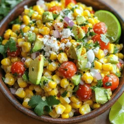 For this salad, you need fresh and vibrant ingredients. Here’s what you will use: - 4 ears of fresh corn, shucked - 1 cup cherry tomatoes, halved - 1/2 red onion, finely chopped - 1 avocado, diced These ingredients will add rich flavors to your salad: - 1/2 cup cotija cheese, crumbled - 1/4 cup fresh cilantro, chopped - 2 tablespoons mayonnaise - 1 tablespoon sour cream - 1 tablespoon lime juice - 1 teaspoon chili powder - Salt and pepper to taste This salad is quick to make. - Prep time: 15 minutes - Total time: 25 minutes - Servings: 4 servings By using fresh corn and a mix of flavors, you create a delicious dish. Enjoy the bright colors and tastes! First, preheat your grill or grill pan over medium-high heat. This step is key for great flavor. Next, shuck 4 ears of fresh corn. Place the corn on the grill and cook it for about 8-10 minutes. Turn the corn occasionally to get a nice char. The corn should be tender when it’s done. Once cooked, remove the corn from the grill and let it cool slightly. After it cools, carefully cut the kernels off the cob. Make sure to catch all the kernels in a large mixing bowl. Now, let’s mix it up! Add the following ingredients to the bowl with the corn: - 1 cup cherry tomatoes, halved - 1/2 red onion, finely chopped - 1/4 cup fresh cilantro, chopped - 1 avocado, diced These veggies add color and freshness. Gently toss everything together to combine. In a separate small bowl, you will whisk the dressing. Combine: - 2 tablespoons mayonnaise - 1 tablespoon sour cream - 1 tablespoon lime juice - 1 teaspoon chili powder - Salt and pepper to taste Whisk until the mixture is smooth. This dressing brings all the flavors together. Now it’s time for the final touch! Pour the dressing over the corn mixture. Gently fold everything together until all the ingredients are well-coated. This step is crucial for flavor distribution. Finally, sprinkle 1/2 cup of crumbled cotija cheese over the top. Give it one last gentle mix. Taste your salad and adjust the seasonings if needed. Add more lime juice or chili powder for extra zing, if you like. Enjoy this fresh and tasty salad! To get the best flavor from your corn, start with fresh ears. Look for bright, green husks. After shucking, preheat your grill to medium-high. Place the corn on the grill and turn it often. This should take about 8 to 10 minutes. The goal is to get a nice char. This adds a sweet, smoky flavor that makes the dish shine. You can customize the salad to fit your taste. If you like it spicy, add more chili powder. For a zesty kick, squeeze in extra lime juice. You can also mix in a bit of garlic powder for depth. Taste as you go, and don’t be afraid to adjust. Each bite should make your taste buds dance! Serving your salad well can impress your guests. Use a large, colorful bowl to showcase the vibrant ingredients. Top the salad with extra cilantro and a sprinkle of chili powder for flair. Lime wedges on the side can add to the look and provide freshness. A beautiful presentation makes any dish more enjoyable! {{image_2}} You can enhance your Mexican street corn salad by adding protein. Grilled chicken works great. Just season and grill it before slicing. Shrimp is another tasty option. Grill or sauté shrimp quickly for a burst of flavor. This adds a hearty touch to your salad. Want to make it plant-based? Swap the mayonnaise and sour cream for vegan versions. You can use avocado or cashew cream for creaminess. This keeps the salad rich and tasty without dairy. You can also add black beans or chickpeas for extra protein and fiber. To give your salad a unique flavor, try different cheeses. Feta cheese or goat cheese can add a nice tang. You can also play with spices. Add smoked paprika for a deeper flavor or cayenne pepper for heat. These simple changes make the dish exciting each time you make it. To keep your Mexican street corn salad fresh, store it in an airtight container. This helps prevent moisture loss and keeps flavors intact. Place the container in the fridge right after serving. Avoid leaving it at room temperature for too long. This salad stays fresh for about three days in the fridge. After that, the veggies may lose their crispness. The flavors may also fade, so it’s best to enjoy it sooner rather than later. If you notice any off smells or changes in texture, it’s time to toss it. Reheating this salad isn’t common, but if you want to warm it, do so gently. Use a microwave and heat it in short intervals. Stir it often to ensure even heating. You can also add a bit of extra lime juice after reheating to refresh the flavors. This will help maintain its taste and texture. Yes, you can use frozen corn. Frozen corn is convenient and saves time. Just thaw the corn before adding it to your salad. You may want to sauté it briefly to enhance its flavor. This will give it a touch of the grilled taste we love in street corn. If you can't find cotija cheese, don't worry. Feta cheese is a great alternative. It offers a similar salty flavor. You can also use queso fresco or even Parmesan for a different twist. Each option will give your salad a unique taste. To add heat, you can include diced jalapeños. They add a nice kick. You can also increase the chili powder in the dressing. Another idea is to drizzle some hot sauce on top just before serving. This will take the spice level up a notch. This blog post covered a fresh corn salad packed with flavor and texture. We explored tasty ingredients like corn, cherry tomatoes, and avocado. I shared step-by-step instructions for grilling corn and making a simple dressing. You learned tips to enhance flavors, customize the dish, and present it beautifully. In conclusion, this salad is not only delicious but also easy to make. Enjoy making it your own and share it with friends. Your taste buds will thank you!