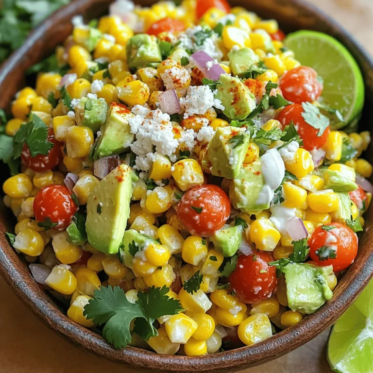 For this salad, you need fresh and vibrant ingredients. Here’s what you will use: - 4 ears of fresh corn, shucked - 1 cup cherry tomatoes, halved - 1/2 red onion, finely chopped - 1 avocado, diced These ingredients will add rich flavors to your salad: - 1/2 cup cotija cheese, crumbled - 1/4 cup fresh cilantro, chopped - 2 tablespoons mayonnaise - 1 tablespoon sour cream - 1 tablespoon lime juice - 1 teaspoon chili powder - Salt and pepper to taste This salad is quick to make. - Prep time: 15 minutes - Total time: 25 minutes - Servings: 4 servings By using fresh corn and a mix of flavors, you create a delicious dish. Enjoy the bright colors and tastes! First, preheat your grill or grill pan over medium-high heat. This step is key for great flavor. Next, shuck 4 ears of fresh corn. Place the corn on the grill and cook it for about 8-10 minutes. Turn the corn occasionally to get a nice char. The corn should be tender when it’s done. Once cooked, remove the corn from the grill and let it cool slightly. After it cools, carefully cut the kernels off the cob. Make sure to catch all the kernels in a large mixing bowl. Now, let’s mix it up! Add the following ingredients to the bowl with the corn: - 1 cup cherry tomatoes, halved - 1/2 red onion, finely chopped - 1/4 cup fresh cilantro, chopped - 1 avocado, diced These veggies add color and freshness. Gently toss everything together to combine. In a separate small bowl, you will whisk the dressing. Combine: - 2 tablespoons mayonnaise - 1 tablespoon sour cream - 1 tablespoon lime juice - 1 teaspoon chili powder - Salt and pepper to taste Whisk until the mixture is smooth. This dressing brings all the flavors together. Now it’s time for the final touch! Pour the dressing over the corn mixture. Gently fold everything together until all the ingredients are well-coated. This step is crucial for flavor distribution. Finally, sprinkle 1/2 cup of crumbled cotija cheese over the top. Give it one last gentle mix. Taste your salad and adjust the seasonings if needed. Add more lime juice or chili powder for extra zing, if you like. Enjoy this fresh and tasty salad! To get the best flavor from your corn, start with fresh ears. Look for bright, green husks. After shucking, preheat your grill to medium-high. Place the corn on the grill and turn it often. This should take about 8 to 10 minutes. The goal is to get a nice char. This adds a sweet, smoky flavor that makes the dish shine. You can customize the salad to fit your taste. If you like it spicy, add more chili powder. For a zesty kick, squeeze in extra lime juice. You can also mix in a bit of garlic powder for depth. Taste as you go, and don’t be afraid to adjust. Each bite should make your taste buds dance! Serving your salad well can impress your guests. Use a large, colorful bowl to showcase the vibrant ingredients. Top the salad with extra cilantro and a sprinkle of chili powder for flair. Lime wedges on the side can add to the look and provide freshness. A beautiful presentation makes any dish more enjoyable! {{image_2}} You can enhance your Mexican street corn salad by adding protein. Grilled chicken works great. Just season and grill it before slicing. Shrimp is another tasty option. Grill or sauté shrimp quickly for a burst of flavor. This adds a hearty touch to your salad. Want to make it plant-based? Swap the mayonnaise and sour cream for vegan versions. You can use avocado or cashew cream for creaminess. This keeps the salad rich and tasty without dairy. You can also add black beans or chickpeas for extra protein and fiber. To give your salad a unique flavor, try different cheeses. Feta cheese or goat cheese can add a nice tang. You can also play with spices. Add smoked paprika for a deeper flavor or cayenne pepper for heat. These simple changes make the dish exciting each time you make it. To keep your Mexican street corn salad fresh, store it in an airtight container. This helps prevent moisture loss and keeps flavors intact. Place the container in the fridge right after serving. Avoid leaving it at room temperature for too long. This salad stays fresh for about three days in the fridge. After that, the veggies may lose their crispness. The flavors may also fade, so it’s best to enjoy it sooner rather than later. If you notice any off smells or changes in texture, it’s time to toss it. Reheating this salad isn’t common, but if you want to warm it, do so gently. Use a microwave and heat it in short intervals. Stir it often to ensure even heating. You can also add a bit of extra lime juice after reheating to refresh the flavors. This will help maintain its taste and texture. Yes, you can use frozen corn. Frozen corn is convenient and saves time. Just thaw the corn before adding it to your salad. You may want to sauté it briefly to enhance its flavor. This will give it a touch of the grilled taste we love in street corn. If you can't find cotija cheese, don't worry. Feta cheese is a great alternative. It offers a similar salty flavor. You can also use queso fresco or even Parmesan for a different twist. Each option will give your salad a unique taste. To add heat, you can include diced jalapeños. They add a nice kick. You can also increase the chili powder in the dressing. Another idea is to drizzle some hot sauce on top just before serving. This will take the spice level up a notch. This blog post covered a fresh corn salad packed with flavor and texture. We explored tasty ingredients like corn, cherry tomatoes, and avocado. I shared step-by-step instructions for grilling corn and making a simple dressing. You learned tips to enhance flavors, customize the dish, and present it beautifully. In conclusion, this salad is not only delicious but also easy to make. Enjoy making it your own and share it with friends. Your taste buds will thank you!