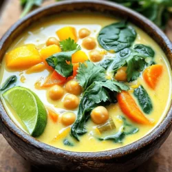 - 1 tablespoon coconut oil - 1 medium onion, diced - 3 cloves garlic, minced - 1 tablespoon fresh ginger, grated - 2 teaspoons curry powder - 1 teaspoon turmeric powder - 1 can (14 oz) coconut milk - 4 cups vegetable broth - 1 can (15 oz) chickpeas, drained and rinsed - 1 large carrot, diced - 1 bell pepper (red or yellow), diced - 1 cup spinach - Salt and pepper to taste - Fresh cilantro, for garnish - Lime wedges, for serving This coconut curry chickpea soup is rich in flavor and nutrients. Each ingredient plays a key role in the soup's taste. Coconut oil gives a nice base, while onion, garlic, and ginger add depth. The spices, curry powder and turmeric, bring warmth and color. Coconut milk makes the soup creamy. It balances the spices well. Vegetable broth adds more flavor, making the soup hearty. Chickpeas offer protein and texture. Diced carrots and bell peppers add sweetness and crunch. Spinach brings freshness and bright color. Don't forget the seasoning! Salt and pepper enhance all the tastes. Fresh cilantro on top adds a nice touch. Lime wedges give a zesty kick when served. These ingredients together create a warm and inviting dish. - Sauteing Aromatics First, heat 1 tablespoon of coconut oil in a large pot over medium heat. Once hot, add the diced onion. Sauté the onion until it becomes translucent, about 5 minutes. This step builds a great base for your soup. Next, add 3 minced cloves of garlic and 1 tablespoon of grated ginger. Cook these for 2 to 3 minutes until they smell amazing. - Adding Spices Now, sprinkle in 2 teaspoons of curry powder and 1 teaspoon of turmeric powder. Stir well to coat the onion mixture. Cook for another minute to let the spices bloom. This will give your soup a rich flavor. - Pouring in Coconut Milk and Broth Pour in 1 can of coconut milk and 4 cups of vegetable broth. Stir everything together and bring the mixture to a gentle simmer. This creamy blend creates a deliciously rich base for your soup. - Incorporating Chickpeas and Vegetables Add 1 can of drained and rinsed chickpeas, 1 large diced carrot, and 1 diced bell pepper. Let the soup cook for about 10 to 15 minutes. You want the vegetables to become tender and soak up all those lovely flavors. - Simmering for Flavor Keep the soup at a simmer to allow all the ingredients to meld together. This step is key for developing a deep, flavorful broth. - Adding Spinach Stir in 1 cup of spinach and cook until it wilts, which takes about 2 minutes. The fresh spinach adds a nice pop of color and nutrition to the soup. - Seasoning and Serving Suggestions Finally, season your soup with salt and pepper to taste. Serve it hot, garnished with fresh cilantro and lime wedges on the side. This adds an extra burst of flavor that brightens the dish. Enjoy your nourishing coconut curry chickpea soup! Balancing Spices Start with the right spices. Use a mix of curry powder and turmeric. These spices add depth and warmth. If you want more heat, add a pinch of cayenne pepper. Taste as you go. Adjust the flavors to fit your taste buds. A little salt can also enhance the spices. Ensuring Creaminess Coconut milk gives the soup its rich texture. Make sure to stir it well into the broth. The creaminess balances the spices. If your soup feels too thick, add more vegetable broth. This keeps the soup smooth and enjoyable. Best Pot for Soup A large pot works best for this soup. It allows all the ingredients to cook evenly. A heavy-bottomed pot helps prevent burning. This way, your soup cooks gently and gets all those rich flavors. Maintaining Vegetable Texture Cook the vegetables until they are just tender. Overcooking can make them mushy. Keep an eye on the carrots and bell peppers. You want them to have a little bite. Add spinach last, so it wilts just before serving. Pairing Suggestions This soup pairs well with rice or bread. Serve it with warm naan for a tasty meal. You could also enjoy it with a fresh salad. The bright flavors complement each other. Garnishing to Enhance Presentation Add fresh cilantro on top for color and flavor. Lime wedges on the side give a zesty kick. These simple touches make your dish look beautiful and inviting. They also add extra flavor with every bite. {{image_2}} Vegan Options This soup is already vegan since it uses coconut milk and chickpeas. You can enjoy the rich, creamy texture without any animal products. Gluten-Free Considerations All the ingredients in this recipe are gluten-free. Use certified gluten-free vegetable broth to ensure no cross-contamination. Alternative Vegetables You can swap in other vegetables like zucchini or sweet potatoes. They will add different flavors and textures. Different Legumes Chickpeas give this soup its heartiness. You can try using lentils or black beans instead. They will change the taste but keep it delicious. Adjusting Heat with Peppers If you like heat, add diced jalapeños or crushed red pepper. This will give your soup a nice kick. Mild vs. Spicy Recipes To make it milder, skip the spicy peppers and taste as you go. You can always add more heat later. How long does Coconut Curry Chickpea Soup last in the fridge? This soup lasts about 3 to 5 days in the fridge. Store it in an airtight container to keep it fresh. What are the best containers for storage? Use glass or BPA-free plastic containers. They help keep flavors and prevent spills. What are the techniques for freezing soup? To freeze, let the soup cool completely first. Then, pour it into freezer-safe bags or containers. Leave some space at the top, as soup expands when frozen. How do you thaw and reheat the soup? Thaw the soup overnight in the fridge. To reheat, warm it gently on the stove. Stir well to mix any separated ingredients. How can I make this soup ahead of time? You can prepare the soup a day or two in advance. Just store it in the fridge until you're ready to eat. What about portioning for easy meals? Divide the soup into single servings before storage. This makes it easy to grab a meal when you need it. Can I use dried chickpeas? Yes, you can use dried chickpeas. Soak them overnight. Then, cook them until soft before adding them to the soup. This takes more time but adds a fresh taste. What if I don’t have coconut milk? If you lack coconut milk, use almond milk or oat milk instead. You may lose some creaminess, but the soup will still taste great. You can add a bit of nut butter for richness. Dietary Benefits of Chickpeas Chickpeas are packed with protein and fiber. They help keep you full and satisfied. They are also rich in vitamins and minerals, which support your health. Caloric Content and Healthy Ingredients This soup is low in calories but high in flavor. Each serving has about 200 calories. It uses healthy ingredients like vegetables and spices that provide nutrients without extra fat. Common Allergens in Recipe This recipe contains coconut and may have allergens from other ingredients. Always check for nut allergies, especially if using alternative milk. Substitutions for Allergies You can replace coconut milk with soy milk for a nut-free option. Use vegetable broth to avoid gluten. Always read labels on packaged goods to ensure safety. This blog post covered a delicious soup recipe that uses coconut oil, spices, and fresh veggies. First, we sautéed the aromatics and blended in the flavors. Next, we added chickpeas and vegetables and let them simmer. We offered tips for balancing spices and perfecting texture. You can also customize the recipe for dietary needs and store leftovers properly. Enjoy creating this healthy meal that fits your taste! Using these steps, you’ll impress everyone with your cooking skills.