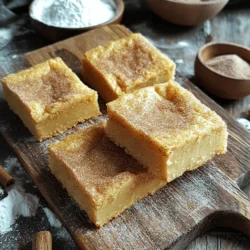 - 1 cup unsalted butter, melted - 1 cup brown sugar, packed - 1/2 cup granulated sugar - 2 large eggs - 1 teaspoon vanilla extract - 2 cups all-purpose flour - 1 teaspoon baking powder - 1/2 teaspoon baking soda - 1 teaspoon cream of tartar - 1/4 teaspoon salt - 2 tablespoons cinnamon sugar - Chopped nuts - Chocolate chips - Swirls of caramel - 9x13 inch baking pan - Mixing bowls - Whisk - Parchment paper (optional) These ingredients come together to create a sweet, chewy treat. The melted butter adds richness, while the sugars bring sweetness. The eggs help bind the mixture and add moisture. The combination of flour, baking powder, and baking soda gives the blondies their perfect texture. You can customize your blondies with optional add-ins. Chopped nuts give crunch. Chocolate chips add a sweet surprise. Swirls of caramel make each bite extra special. For tools, a 9x13 inch baking pan works best. Mixing bowls and a whisk help you combine the ingredients smoothly. If you want easy removal, parchment paper is a handy choice. With these ingredients and tools, you are ready to bake some delightful snickerdoodle blondies! - Preheat your oven to 350°F (175°C). - Grease the baking pan or line it with parchment paper. - Whisk together melted butter, brown sugar, and granulated sugar. - Incorporate eggs and vanilla extract. You want the mixture to be smooth and creamy. This helps the blondies be soft. - Mix flour, baking powder, baking soda, cream of tartar, and salt separately. - Gradually combine dry mixture with wet ingredients. Stir until just combined. Overmixing can make them tough. - Pour batter into the prepared pan and spread evenly. - Sprinkle cinnamon sugar on top. This adds a sweet, spicy finish to your blondies. - Bake for 20-25 minutes. - Test doneness with a toothpick. You want a few moist crumbs on the toothpick, not wet batter. - Let cool in the pan for 10 minutes. - Transfer to a wire rack and cool completely before cutting. This ensures clean cuts and the best texture in each bite. - Do not overmix the batter. Mixing too much can make the blondies tough. Stir just until combined. - Ensure accurate measuring of ingredients. Use measuring cups for dry and liquid items. This helps keep the right balance. - Tips for determining the perfect bake. Start checking your blondies at 20 minutes. Use a toothpick to test the center. - Importance of checking for moist crumbs. A few moist crumbs mean your blondies are done. They will continue to cook a bit after you take them out. - Best ways to serve the blondies. Try serving them warm with a scoop of vanilla ice cream. Drizzle with caramel sauce for extra flavor. - Ideal pairings with beverages. These blondies pair well with milk or a hot cup of coffee. They also go great with a sweet tea on a warm day. {{image_2}} You can switch up your snickerdoodle blondies for fun. Try brown butter snickerdoodle blondies. The nutty flavor adds depth and richness. Just brown your butter before mixing it in. It gives a great twist! Another choice is pumpkin snickerdoodle blondies. They are perfect for fall. Add one cup of pumpkin puree to the batter. This gives a moist texture and warm spices. The spices make every bite feel cozy. If you need gluten-free options, use gluten-free flour blends. They work well in this recipe. Make sure to check that your baking powder is gluten-free too. This way, everyone can enjoy these blondies! For vegan adaptations, replace eggs with flax eggs. Mix one tablespoon of ground flaxseed with three tablespoons of water for each egg. Let it sit for a few minutes until it thickens. This keeps the blondies moist and tasty. You can add holiday spices to your blondies. Cinnamon and nutmeg add warmth during winter. Just mix in a teaspoon of each for a festive flavor. Adding seasonal fruits or toppings is another fun idea. Chopped apples or pears pair well with the cinnamon. You can also drizzle caramel sauce on top for extra sweetness. These twists make your blondies special for any occasion! Store your snickerdoodle blondies in an airtight container. This keeps them fresh and soft. You can layer them with parchment paper to avoid sticking. If you use a glass container, it helps keep moisture in. For best results, place them in a cool, dark area. To freeze blondies, first cool them completely. Next, cut them into squares. Wrap each piece in plastic wrap. Then, place the wrapped squares in a freezer bag. This method prevents freezer burn. You can freeze them for up to three months. To thaw, leave them at room temperature for a few hours. For a quick option, warm them in the microwave for a few seconds. At room temperature, snickerdoodle blondies last about five days. Look for a dry texture or an off smell as signs they are no longer fresh. If they appear hard or crumbly, it’s time to toss them. Blondies and brownies are both delicious desserts, but they have key differences. Blondies are made with brown sugar, giving them a sweet, caramel flavor. They lack cocoa powder, so they are lighter in color. Brownies, on the other hand, contain chocolate, which gives them a rich and fudgy taste. The texture also differs; blondies are often chewier and less dense than brownies. Yes, you can make snickerdoodle blondies ahead of time! Prepare the batter and bake the blondies. After they cool, store them in an airtight container. They will taste great for up to three days. You can also freeze them for longer storage. Just wrap them well and freeze for up to three months. Thaw them in the fridge when you are ready to enjoy. To check if your blondies are done, look for a few signs. The edges should be golden brown, and the center should look set. Insert a toothpick into the center. If it comes out with a few moist crumbs, your blondies are ready. Avoid overbaking, as this can make them dry. To make your snickerdoodle blondies even more decadent, try adding some extras! Here are a few ideas: - Chopped nuts like pecans or walnuts for crunch. - Chocolate chips or chunks for a rich, sweet bite. - Swirls of caramel or peanut butter for added flavor. These additions will enhance the taste and texture of your blondies! You now have a complete guide to making delicious snickerdoodle blondies. From selecting the right ingredients to perfecting your baking time, you can create a sweet treat with ease. I shared tips for storage and variations to suit your taste. Remember, the key is to avoid overmixing and to measure correctly. Enjoy the joy of baking and share these delightful blondies with friends and family. Your kitchen will be filled with warmth and delightful scents as you bake!