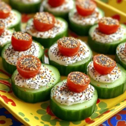 - Large cucumber - Cream cheese - Sour cream - Everything bagel seasoning components - Garlic powder - Onion powder - Cherry tomatoes - Fresh dill Gathering the right ingredients is key to making Everything Bagel Cucumber Bites. Start with a large cucumber. This gives you a crunchy base. You will also need one cup of softened cream cheese. This makes the bites rich and creamy. Adding one tablespoon of sour cream helps lighten the mix and adds tang. Next, we focus on the seasoning. Everything bagel seasoning brings flavor and excitement. This includes sesame seeds, poppy seeds, dried garlic, and dried onion. You can use garlic powder and onion powder for extra depth. A pinch of salt and pepper rounds out the flavor. For garnish, use cherry tomatoes. Halving them adds color and taste. Fresh dill also works great. It adds a fresh note to the bites. These ingredients together create a tasty party snack everyone will love. - First, wash the cucumber under cool water. - Next, slice the cucumber into 1-inch thick rounds. - Discard the ends of the cucumber. - In a medium bowl, mix the softened cream cheese with sour cream. - Add the chopped dill, garlic powder, onion powder, salt, and pepper. - Stir until the mixture is smooth and well combined. - Use a small spoon or a piping bag to dollop or pipe the cream cheese mix onto each cucumber slice. - Generously sprinkle the everything seasoning over the cream cheese topping. - Top each cucumber bite with a half of a cherry tomato for extra color and taste. - Arrange your cucumber bites on a platter, and get ready to impress! - Use bright, colorful dishes to serve these bites. - Add extra dill sprigs for a fresh look. - Mix the cream cheese filling up to a day before. - Store it in an airtight container in the fridge. - Top with sliced olives or capers for a briny taste. - Try flavored cream cheese, like chive or herb, for more zest. {{image_2}} You can swap out cucumbers for other crunchy veggies. Bell peppers work great! Slice them into bite-sized pieces. Celery is also a fun choice. It adds a nice crunch and pairs well with the cream cheese. You can even mix and match veggies for a colorful platter. Consider adding radishes or jicama for an extra crunch! If you need vegan options, try using plant-based cream cheese. There are many flavors, so pick one you love. You can also make your own with nuts and spices. For gluten-free needs, ensure your cream cheese is gluten-free. Pair it with veggie slices, and you are all set! Seasonal herbs can elevate your bites. In spring, add fresh chives or basil for a bright flavor. In fall, try a hint of pumpkin spice mixed into the cream cheese. You can also change the produce based on what's fresh. Fresh tomatoes in summer or roasted beets in winter add unique tastes. Have fun exploring flavors with each season! To keep your Everything Bagel Cucumber Bites fresh, store them in an airtight container. Layer them with parchment paper to prevent sticking. They stay fresh for up to two days in the fridge. After that, the cucumber may become soggy, losing its crunch. If you have leftover cream cheese mix, store it in a sealed container. Use it within three days for best flavor. You can also upcycle leftover cucumbers. Slice them into sticks for dipping or add them to salads and sandwiches. For long-term storage, you can freeze the cream cheese mixture. Place it in a freezer-safe bag, removing as much air as possible. It can last up to three months. When ready to use, thaw it overnight in the fridge. This keeps the texture smooth for your next snack or meal. Yes, you can prepare these bites ahead of time. To do this, slice the cucumber and mix the cream cheese filling. Store the cucumber slices and cream cheese mix separately in the fridge. Assemble them just before serving. This keeps the cucumber crisp and fresh. You can prep everything a few hours in advance for a stress-free party. If you want a change from cream cheese, you have options. Greek yogurt works well for a tangy flavor. You can also use cottage cheese for a lighter option. Vegan cream cheese is great for a dairy-free choice. Just ensure that the substitute has a similar texture to keep your bites creamy. These cucumber bites stay fresh for about two days in the fridge. Store them in an airtight container. If the cucumber gets too soggy, it may lose its crunch. So, it’s best to eat them fresh. However, the cream cheese mix can last up to a week if stored properly. These Everything Bagel Cucumber Bites are easy to make and delicious. You learned about the key ingredients and how to prepare them. I shared tips for presentation and storage, plus tasty variations for all diets. Remember, you can mix and match ingredients to fit your taste. Keep these bites fresh and flavorful by following proper storage methods. Enjoy these bites at your next gathering or snack time!