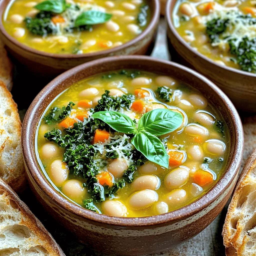 - 1 cup dried cannellini beans (or 2 cans, drained and rinsed) - 3 tablespoons olive oil - 1 medium onion, diced - 3 cloves garlic, minced - 2 medium carrots, diced - 2 celery stalks, diced - 1 teaspoon dried thyme - 1 teaspoon dried rosemary - 4 cups vegetable broth - 1 can (14 oz) diced tomatoes, with juices - 2 cups kale, chopped - Salt and pepper to taste - Fresh basil for garnish - Grated Parmesan cheese (optional) for serving When I make this cozy Tuscan white bean soup, I love using fresh, quality ingredients. Fresh vegetables give the soup a bright flavor. I often choose dried beans for a heartier texture, but canned beans work just as well. You can add more veggies like zucchini or bell peppers for extra taste. If you want some protein, consider adding diced chicken or sausage. For a spicy kick, a pinch of red pepper flakes can elevate the soup. Fresh herbs add a burst of flavor. I always top the soup with fresh basil. It looks nice and tastes great. You can also sprinkle some grated Parmesan cheese on top for added richness. A drizzle of olive oil before serving gives it a lovely finish. If you choose dried cannellini beans, start by soaking them overnight. This helps soften the beans. The next day, drain and rinse them. Boil the beans in water for about one hour. You want them tender but not mushy. If you use canned beans, just drain and rinse them. They are ready to go. In a large pot, pour in three tablespoons of olive oil. Heat the oil over medium heat. Add one diced onion and cook for about five minutes. You want it to turn translucent. Then, stir in three minced garlic cloves, two diced carrots, and two diced celery stalks. Cook this mix for about five to seven minutes. The veggies should start to soften and smell great. Next, sprinkle in one teaspoon each of dried thyme and rosemary. Stir it well and cook for one minute. This step boosts the flavors. Now, pour in four cups of vegetable broth and one can of diced tomatoes, including their juices. Bring the pot to a gentle simmer. Add the prepared cannellini beans. Allow the soup to simmer for about 20 to 25 minutes. Stir occasionally to mix the flavors. After simmering, stir in two cups of chopped kale. Cook for another five to ten minutes until the kale wilts. Now, taste the soup and add salt and pepper as needed. When ready to serve, ladle the soup into bowls. If you like, top with grated Parmesan cheese and fresh basil. This adds a lovely touch to your cozy soup. To boost flavors in your Cozy Tuscan White Bean Soup, use fresh herbs. Fresh basil adds a nice touch. Try using fresh thyme or rosemary, too. These herbs create depth and warmth. Drizzle extra olive oil on top before serving. It will give the soup a rich finish. You can also add a splash of lemon juice. This adds brightness and contrasts the beans' creaminess. One common mistake is not soaking the dried beans. Soaking helps them cook evenly. If you skip this step, they may take longer to soften. Avoid adding too much salt too early. This can make the beans tough. Let the soup simmer gently for the best flavors. Don't rush; quality takes time. Stir often to prevent sticking on the bottom. Serve the soup in rustic bowls for a cozy feel. Ladle in generous portions for a hearty meal. Top with grated Parmesan cheese for creaminess. Fresh basil on top adds color and flavor. Pair the soup with crusty Italian bread for a satisfying experience. This meal warms you up and brings a taste of Tuscany right to your table. {{image_2}} You can switch up the beans. Try navy beans or great northern beans. These beans work well and add different textures. You can also use black beans for a twist. Each type gives the soup its own unique flavor. Want to make it heartier? Add proteins like chicken or sausage. Cook the meat in the pot before adding veggies. You can use shredded rotisserie chicken for quick prep. Tofu cubes are a great choice for a vegetarian option. They absorb the flavors well and add protein. If you like heat, add red pepper flakes or diced jalapeños. Start with a small amount and taste as you go. If you prefer a milder soup, skip the spicy additions. You can also add smoked paprika for a warm, smoky flavor. This adds depth without too much heat. To keep your Cozy Tuscan White Bean Soup fresh, store it in an airtight container. Make sure the soup cools down before sealing it. Place it in the fridge if you plan to eat it within a few days. The soup stays good for about three to four days in the fridge. Always label the container with the date so you know when you made it. When you’re ready to enjoy your soup again, reheat it on the stove. Pour the soup into a pot and warm it over medium heat. Stir often to prevent sticking. You can also use a microwave. Transfer the soup to a microwave-safe bowl and heat it in short intervals, stirring in between. This ensures even heating. If you want to save some for later, freezing is a great option. Let the soup cool completely, then pour it into freezer-safe bags or containers. Remove as much air as possible to prevent freezer burn. The soup can last up to three months in the freezer. When you’re ready to eat, thaw it overnight in the fridge before reheating. Yes, you can use canned beans. They save time and are easy to use. Just drain and rinse them before adding to the soup. Canned beans are soft and ready to eat. If using them, skip the soaking and boiling steps. This makes your cooking faster, which is great for busy days. This soup lasts about 4 to 5 days in the fridge. Be sure to store it in an airtight container. Let it cool down first, then place it in the fridge. If you want to keep it longer, you can freeze it. Just remember to label the container with the date. Absolutely! Using a slow cooker is a great option. Start by sautéing the onion, garlic, carrots, and celery on the stove. Then, add all the ingredients to the slow cooker. Cook on low for 6 to 8 hours or on high for 3 to 4 hours. The flavors will blend beautifully over time, creating a warm, hearty meal. This blog post covered all you need to know to make a great soup. We discussed key ingredients, gave step-by-step directions, and shared helpful tips. You can experiment with various beans and spices to make it your own. Remember to follow storage tips for long-lasting flavor. Enjoy your cooking journey!