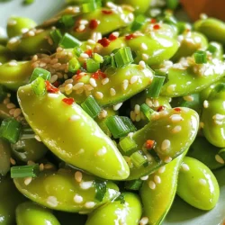 - 2 cups edamame (in pods) - 3 tablespoons olive oil - 4 cloves garlic, minced - 1 teaspoon red pepper flakes (adjust to taste) - 2 tablespoons soy sauce - 1 teaspoon sesame oil - 1 tablespoon fresh lime juice - Sea salt to taste The main stars of this dish are the edamame and garlic. Edamame gives a nice bite. Garlic adds strong flavor. Olive oil helps cook them just right. Red pepper flakes bring heat. Soy sauce adds saltiness. Sesame oil gives a nutty taste. Lime juice adds a fresh kick. - Chopped green onions - Sesame seeds These garnishes are not needed but add flair. Green onions give a nice crunch. Sesame seeds add a nutty crunch, too. They also make the dish look pretty. - Use avocado oil instead of olive oil. - Try tamari for a gluten-free option. - Any lime juice can work, but fresh is best. You can mix and match, too. If you want less spice, skip the red pepper flakes. Want more flavor? Add extra soy sauce. Adjust to what you like. Start by boiling water in a medium pot. Add a pinch of salt to the water. Once it boils, drop in the edamame pods. Cook them for about 5 to 7 minutes. You want them to be tender and bright green. After cooking, drain the edamame and set it aside. This step brings out their natural flavor and adds a nice texture. Next, grab a large skillet and heat the olive oil over medium heat. Once the oil is hot, add the minced garlic and red pepper flakes. Sauté the mixture for about 1 to 2 minutes. Stir it often to avoid burning the garlic. You want to cook it until it smells amazing and is fragrant. This will create the base for your spicy garlic flavor. Now, add the drained edamame to the skillet. Toss them to coat with the garlic and oil mixture. Pour in the soy sauce and sesame oil. Stir everything together for about 2 to 3 minutes. This helps the edamame soak up all those great flavors. Finally, drizzle with fresh lime juice and season with sea salt to taste. Toss one last time and enjoy the delicious blend of spicy and savory flavors. You can make this dish milder or spicier. Start with one teaspoon of red pepper flakes. Taste as you go. If you want more heat, add more flakes. For less heat, use half a teaspoon. Remember, you can always add more, but you can’t take it away! Want to jazz up your edamame? Try adding other flavors! A splash of rice vinegar adds a tangy twist. You could also mix in some ginger for warmth. For a nutty note, sprinkle in some chopped peanuts. Each add-in gives a new twist to the dish. Serve your spicy garlic edamame in a big bowl. This way, everyone can dig in. To make it look fancy, add chopped green onions and sesame seeds on top. Pair it with cold drinks like iced tea or sparkling water. This dish makes a great appetizer or snack! {{image_2}} You can add many flavors to your edamame. Try mixing in some lime zest for a fresh kick. If you love sweetness, add a bit of honey or maple syrup. For a nutty twist, sprinkle in some toasted nuts. You can also try different spices like smoked paprika or cumin. Each change gives a new taste. Be creative and find what you enjoy! Transform your spicy garlic edamame into a meal. Start with a base of brown rice or quinoa. Top it with your edamame mix. Add some diced avocado for creaminess. You can also include cherry tomatoes or cucumbers for a fresh crunch. This bowl is colorful and full of flavors. It makes a perfect lunch or light dinner. You can serve spicy garlic edamame with many proteins. Grilled chicken or shrimp pairs well with the flavors. For a plant-based option, try tofu or tempeh. Cook the protein in the same garlic mixture to blend the tastes. This way, you create a delicious and balanced meal. Your guests will love this tasty and filling dish! After enjoying your spicy garlic edamame, you may have some left. Place any leftovers in an airtight container. Make sure to let them cool before sealing. This keeps them fresh for up to three days in the fridge. To reheat, simply warm them on the stove. Heat a skillet over medium heat. Add a splash of olive oil and toss in the edamame. Stir until they are hot. You can also use the microwave. Place them in a bowl, cover with a damp paper towel, and heat for about one minute. If you want to save your spicy garlic edamame for later, freezing is a great option. First, cool the edamame completely. Then, place them in a freezer-safe bag. Remove as much air as possible and seal it tight. They will stay good for up to three months in the freezer. To use, thaw in the fridge overnight and reheat as mentioned above. Yes, you can use frozen edamame. Frozen edamame is quick and easy. Just cook it according to the package instructions. This usually takes about 5-7 minutes in boiling water. Drain and follow the rest of the recipe. Frozen edamame saves time and still tastes great. This recipe is already mostly vegan. To ensure it is fully vegan, use a vegan soy sauce. Also, check that your sesame oil is plant-based. The edamame, garlic, and spices are all vegan-friendly. You can enjoy this dish while sticking to a plant-based diet. Edamame packs many health benefits. They are high in protein and fiber. This makes them great for muscle repair and digestion. Edamame also contains vitamins and minerals like folate and iron. Eating edamame can help you feel full longer. They are a smart snack choice! This article covered everything you need to know about cooking edamame. We explored essential ingredients, tasty cooking methods, and tips for flavor. I shared variations and how to store leftovers effectively. Edamame is not just a snack; it brings fun to meals. Try different spices or serve it with protein. Enjoy making edamame that everyone loves! Your kitchen will become a flavor hub with these tips.