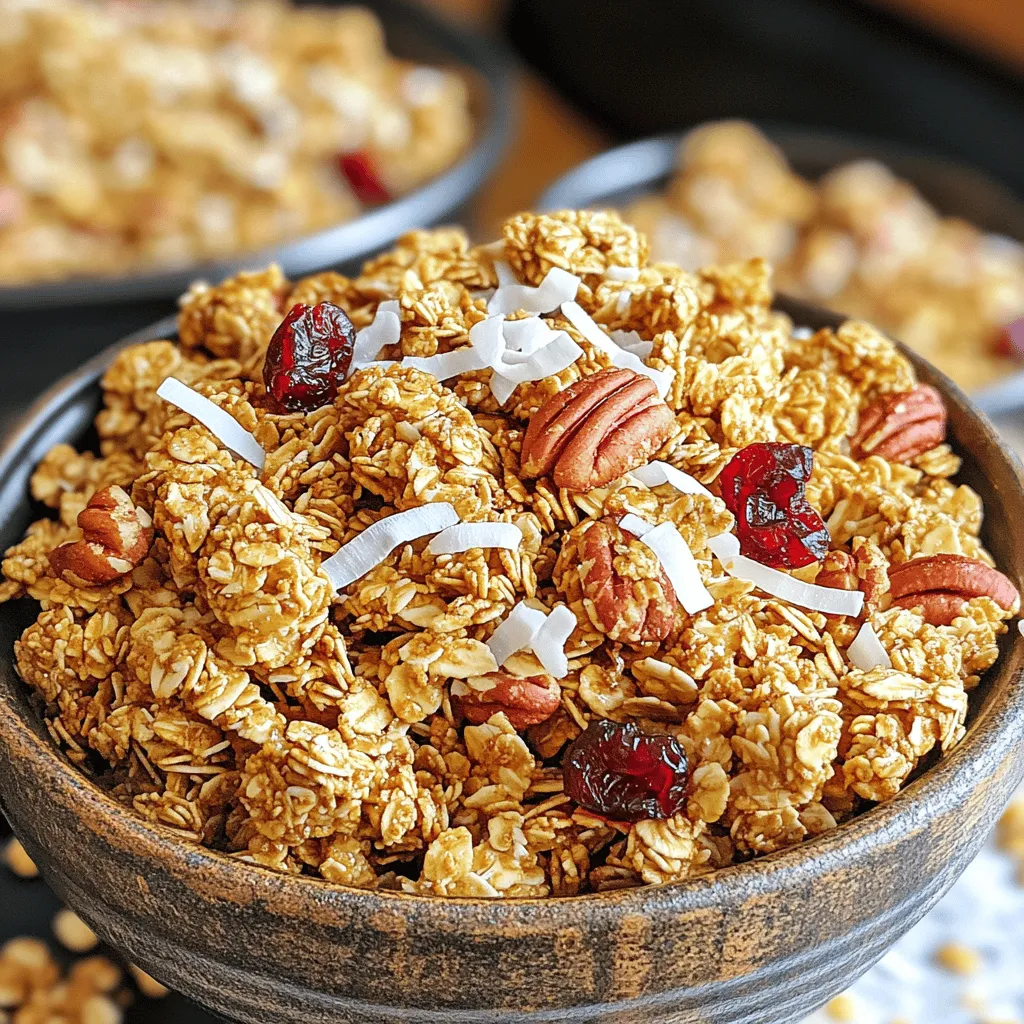 - 2 cups rolled oats - 1 cup pecan halves, roughly chopped - 1/2 cup sunflower seeds - 1/2 cup shredded coconut (unsweetened) - 1/2 teaspoon cinnamon - 1/4 teaspoon salt - 1/2 cup maple syrup - 1/4 cup coconut oil, melted - 1 teaspoon vanilla extract - 1/2 cup dried cranberries or raisins (optional) To make your Maple Pecan Granola, gather these simple ingredients. You will need rolled oats as the base for that hearty crunch. Pecans give a rich, nutty flavor and a nice bite. Sunflower seeds add a fun texture and a bit of protein. Unsweetened shredded coconut enhances the granola’s sweetness without adding sugar. Cinnamon brings warmth that pairs well with maple syrup. The salt balances the sweet flavors perfectly. Maple syrup acts as a natural sweetener and binder, while melted coconut oil helps everything stick together. Finally, vanilla extract gives a lovely aroma and taste. If you like, toss in dried cranberries or raisins for a chewy surprise. These ingredients create a flavorful and wholesome granola that you can enjoy any time of day! 1. Preheat your oven to 325°F (163°C). This will help the granola bake evenly. 2. Line a large baking sheet with parchment paper. This keeps the granola from sticking. 3. In a large mixing bowl, combine the rolled oats, chopped pecans, sunflower seeds, shredded coconut, cinnamon, and salt. Stir well to mix everything together. 4. In a separate bowl, whisk together the maple syrup, melted coconut oil, and vanilla extract. Mix until smooth. 5. Pour the wet mixture over the dry ingredients. Stir until everything is well-coated. This step is key for flavor. 1. Spread the granola mixture evenly on the prepared baking sheet. Press it down slightly to help it clump. 2. Bake for 25-30 minutes. Stir every 10 minutes to ensure even toasting. It's ready when golden brown and fragrant. 3. Remove the granola from the oven and let it cool completely on the baking sheet. This helps it firm up into clusters. 4. Once cool, stir in dried cranberries or raisins if you like. This adds a nice touch of sweetness. Mixing wet and dry ingredients well is key. Start by blending the dry ingredients in a bowl. This helps ensure every bite has flavor. Next, whisk the wet ingredients until smooth. Pour this over the dry mix and stir well. You want everything coated evenly. Baking time affects crunchiness. If you want a softer granola, bake for the shorter time. For extra crunch, aim for the longer bake time. Stir every 10 minutes to toast it evenly. The granola should turn golden brown. Cooling is important for clumping. Once out of the oven, let it cool completely on the baking sheet. This cooling time helps it firm up. It also allows the granola to form clusters. If you want bigger clumps, press it down slightly before baking. For storage, choose an airtight container. This helps keep the granola fresh. Store it at room temperature. Avoid placing it in the fridge, as it can cause it to become soggy. To keep granola fresh longer, use parchment paper between layers. This prevents sticking. If you notice it losing crunch, try toasting it briefly in the oven. Just a few minutes can revive its crispness. {{image_2}} You can change the taste of your granola by adding other nuts and seeds. Consider using almonds, walnuts, or pumpkin seeds. Each nut brings its own flavor and crunch. You can also add chia or flax seeds for extra nutrition. These seeds boost fiber and omega-3 fat content. Different sweeteners can change the taste too. While maple syrup is great, try honey or agave nectar. Each sweetener has a unique flavor. Honey adds a floral note, while agave syrup is milder. Experiment and find your favorite mix! If you need gluten-free options, use gluten-free oats. They work just as well as regular oats. Make sure to check the label for certification. For a reduced sugar option, cut back on the syrup. You can use unsweetened applesauce or mashed bananas instead. These will still add sweetness but with fewer calories. You can enjoy your Maple Pecan Granola while still making smart choices! Each serving of this maple pecan granola has about 200 calories. This granola packs in great nutrients. You get fiber from oats and healthy fats from pecans and coconut oil. It also gives you energy to get through your day. Maple syrup is more than just a sweetener. It has antioxidants that can help fight disease. It also contains minerals like zinc and manganese. These minerals support your immune system and bone health. Pecans are a powerhouse of nutrients. They are rich in healthy fats that help your heart. Pecans also provide protein, fiber, and vitamins like vitamin E. This vitamin helps keep your skin healthy and youthful. Eating pecans can improve your overall health by lowering cholesterol and reducing inflammation. This granola is not just tasty; it also helps you feel good! How to make granola crunchy? To make granola crunchy, you should mix the wet and dry ingredients well. This helps coat every oat and nut. When baking, spread the mix evenly on the sheet. Bake it low and slow at 325°F, stirring every 10 minutes. This way, it gets golden brown and crunchy. Can I use different nuts in my granola? Yes, you can use different nuts! Almonds, walnuts, or cashews work great. Each nut adds its unique flavor and texture. Just be sure to chop them roughly for even mixing. Feel free to mix and match based on your taste. How long does homemade granola last? Homemade granola lasts about two weeks when stored in an airtight container. Keep it at room temperature. If you want it to last longer, you can freeze it. Just make sure it is in a good container to prevent freezer burn. Making your own maple pecan granola is simple and fun. We covered the key ingredients and steps, helping you create a tasty breakfast. Remember to mix your wet and dry ingredients well for the best texture. You can personalize it with your favorite nuts and seeds. Store your granola properly to keep it fresh. Enjoy the health benefits of oats, maple, and pecans as you savor each bite. Start your day right with this homemade treat!
