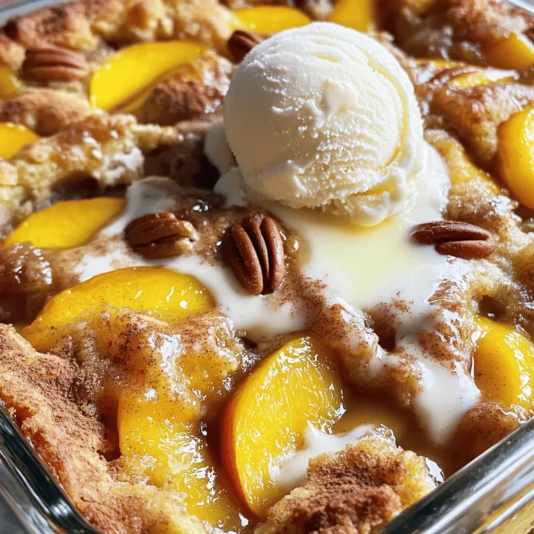 - 2 cups fresh or canned peaches (sliced if fresh, drained if canned) - 1 cup sugar - 1 teaspoon vanilla extract - 1 teaspoon ground cinnamon - 1 box yellow cake mix (15.25 oz) - 1½ sticks unsalted butter (melted) - ½ cup chopped pecans (optional) - Vanilla ice cream for serving (optional) Gathering the right ingredients is key for a great peach cobbler dump cake. You can use fresh or canned peaches. Fresh peaches give a juicy bite, while canned peaches are easy and quick. Slice the fresh peaches before using. If you choose canned, drain the juice well. Next, sugar brings out the sweetness. I recommend using one cup of sugar. Then, add one teaspoon of vanilla extract for a warm flavor. Ground cinnamon adds warmth and spice. One teaspoon is enough to enhance the dish. You will also need a box of yellow cake mix. This makes the cake layer easy and quick. It gives a lovely, moist texture. For the base, use 1½ sticks of unsalted butter. Melt it and drizzle it over the cake mix to create a crisp top. Chopped pecans are optional. They add a nice crunch. Lastly, you can serve with vanilla ice cream for a delightful finish. It melts into the warm cake, making each bite even better. With these simple ingredients, you can create an amazing dessert. Each item plays a part in making this dish taste incredible. 1. Preheat your oven to 350°F (175°C). This helps bake the cake evenly. 2. Grease a 9x13 inch baking dish. Use butter or cooking spray for easy cleanup. 3. In a mixing bowl, combine the peaches, sugar, vanilla, and cinnamon. If using fresh peaches, let the mix sit for 10 minutes. This helps the juice come out. 1. Pour the peach mixture into the greased baking dish. Spread it evenly. 2. Next, sprinkle the dry cake mix over the peaches. Cover them well without mixing. 3. Drizzle the melted butter on top of the cake mix. Try to cover as much of it as you can. 1. Bake in the preheated oven for 45-50 minutes. Watch for a golden top and bubbling edges. 2. Allow the cake to cool slightly before serving. Enjoy it warm, maybe with vanilla ice cream on top. - Choosing the best peaches Use ripe, juicy peaches for the best flavor. Fresh peaches are great, but canned peaches work too. Just make sure to drain them well to avoid excess liquid. - Adjusting sweetness to taste Taste your peaches before adding sugar. Some peaches are sweeter than others. You can reduce or increase sugar based on your preference. Remember, you can always add more sugar but not take it away. - Ensuring even baking Spread the cake mix evenly over the peach layer. This helps it bake evenly. Also, drizzle melted butter carefully to cover all the mix. This gives you a nice, golden top. - Pairing with ice cream A scoop of vanilla ice cream on warm cobbler is divine. The cold ice cream melts into the warm cake, making each bite heavenly. This classic combo adds a creamy touch. - Serving suggestions for gatherings Serve this dessert at parties or family events. Cut it into squares for easy serving. It looks great on a dessert table and is sure to please everyone. - Presentation ideas For a nice touch, serve the cobbler in individual bowls. Add a sprig of mint on top for color. You can also dust it with powdered sugar before serving for a fancy look. {{image_2}} You can easily change up the flavor of your Peach Cobbler Dump Cake. Here are some fun ideas: - Adding berries or other fruits: Mix in blueberries, raspberries, or even apples. This adds more color and taste. - Incorporating spices like nutmeg: Sprinkle a little nutmeg with the cinnamon. It gives a warm, cozy flavor. - Using different cake mixes: Try chocolate, spice, or even gluten-free cake mixes. Each mix provides a new twist. These variations keep your dessert fresh and exciting. You can make a new version every time! You can also adapt this recipe to fit different diets. Here are some simple swaps: - Gluten-free options: Use a gluten-free cake mix. This way, everyone can enjoy it. - Vegan alternatives: Replace butter with a plant-based option. Use a vegan cake mix and skip the ice cream or use a dairy-free version. - Sugar-free substitutions: You can use a sugar substitute for the sugar. Look for options that bake well. With these changes, everyone can enjoy a slice of this delicious delight! After you enjoy your peach cobbler dump cake, let it cool completely. This step is key. If you store it warm, it can get soggy. Once cool, use an airtight container. Glass or plastic containers work well. You can also cover it tightly with plastic wrap. Store it in the fridge for up to five days. This keeps it fresh and tasty. When you want to enjoy leftovers, you need to reheat them properly. The best method is the oven. Preheat your oven to 350°F (175°C). Place the cake in a baking dish and cover it with foil. Heat for about 15-20 minutes. This warms it evenly without drying it out. You can also use a microwave. Put a piece on a plate and microwave for 30 seconds. Check if it's warm enough. If not, heat in 10-second bursts. Just be careful not to overheat it. Enjoy your delicious dessert warm! How do I know when the dump cake is done? You can tell the dump cake is done when the top is golden brown. The edges should bubble and look delicious. You can also insert a toothpick in the middle. If it comes out clean, your cake is ready to enjoy! Can I use frozen peaches? Yes, you can use frozen peaches! Just make sure to thaw and drain them first. This helps avoid excess water in your cake. If you use fresh peaches, you might want to let them sit with sugar for a bit. This will bring out more flavor. What to do if the cake mix is clumping? If your cake mix clumps, try breaking it up with a fork. You want it to sprinkle evenly on the peaches. If it still clumps, mix it with a bit of melted butter before adding it. This will help it spread out better. Cake not rising properly If your cake does not rise, check your baking powder. Although dump cakes use cake mix, old mix can affect rise. Make sure your oven is preheated and at the right temperature. You can also try adding an extra egg to help it rise. Excess moisture issues If your dump cake is too moist, you might have added too many peaches or didn't drain them well. Use less fruit next time or drain canned peaches thoroughly. You can also bake the cake a bit longer to help reduce moisture. Adjusting for high altitude baking Baking at high altitude can change how your cake turns out. You might need to reduce sugar and increase flour. Add a bit more liquid if needed. Keep an eye on the baking time, as it may vary. You can make a delicious peach cobbler dump cake with simple steps and ingredients. I walked you through gathering the items, prepping the dish, and baking it to perfection. Remember, adjusting flavors and trying different fruits can lead to fun new twists. Enjoy this treat warm with ice cream or save leftovers for later. With these tips, you are ready to impress family and friends. Enjoy your baking adventure and savor every bite!