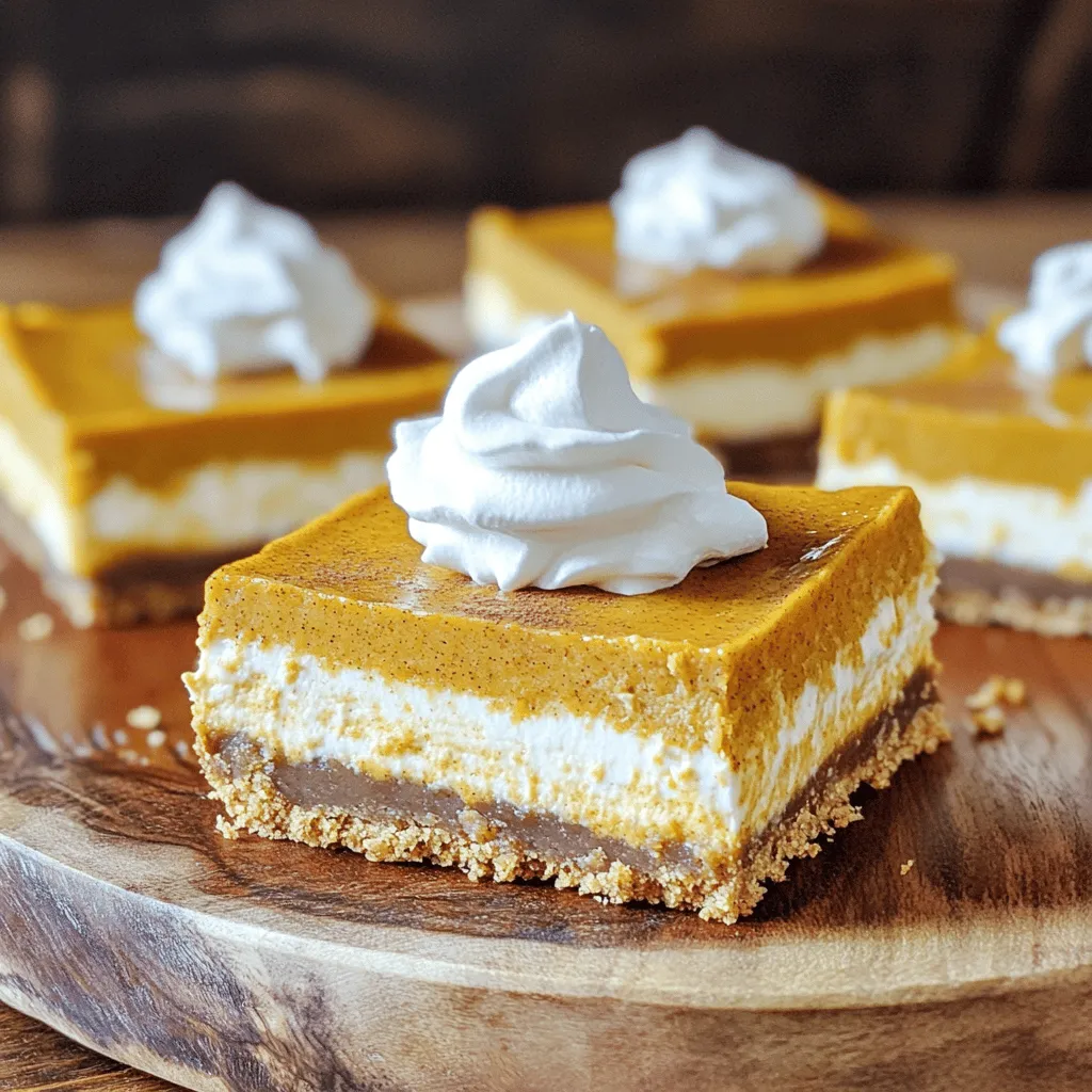 To make these tasty bars, gather these key items: - 1 ½ cups graham cracker crumbs - ½ cup unsalted butter, melted - 1 tablespoon sugar - 1 teaspoon ground cinnamon - 16 oz cream cheese, softened - ¾ cup sugar - 2 large eggs - 1 cup canned pumpkin puree - 1 teaspoon vanilla extract - 1 teaspoon ground nutmeg - 1 teaspoon ground ginger - ¼ teaspoon salt These ingredients create a rich and creamy dessert that brings fall flavors to life. For an extra touch, consider these optional items: - Whipped cream Adding whipped cream gives your bars a light and fluffy finish. It makes each bite feel special. If you need to swap some items, here are great options: - Use crushed oats instead of graham cracker crumbs for a gluten-free crust. - Replace cream cheese with mascarpone for a richer taste. - Use coconut sugar instead of white sugar for a unique flavor. These substitutions help you customize the recipe to fit your needs while keeping it delicious. Start by preheating your oven to 350°F (175°C). Next, grab an 8x8 inch baking pan. Line it with parchment paper, leaving some paper hanging over the sides. This makes it easy to lift out the bars later. In a mixing bowl, combine 1 ½ cups of graham cracker crumbs, ½ cup of melted unsalted butter, 1 tablespoon of sugar, and 1 teaspoon of ground cinnamon. Mix well until the crumbs are coated. Press this mixture firmly into the bottom of the pan to form a crust. Bake for 8-10 minutes, or until golden. Once done, remove it and let it cool. In a large bowl, beat 16 oz of softened cream cheese using an electric mixer. Mix until it’s smooth and creamy. Gradually add in ¾ cup of sugar, mixing until combined. Add 2 large eggs one at a time, blending well after each addition. Next, mix in 1 cup of canned pumpkin puree, 1 teaspoon of vanilla extract, 1 teaspoon of ground nutmeg, 1 teaspoon of ground ginger, and ¼ teaspoon of salt. Blend until everything is well combined. Pour the pumpkin cheesecake mixture over the cooled crust. Spread it evenly with a spatula. Bake the bars for about 30-35 minutes. The center should be set but still slightly jiggly. After baking, turn off the oven and crack the door open. Let the cheesecake bars cool inside for 1 hour. This helps prevent cracking. Once cooled, transfer them to the refrigerator. Chill for at least 4 hours or overnight for the best flavor. When ready to serve, lift the bars out using the parchment paper. Cut into squares and enjoy! To get a creamy texture, use room-temperature cream cheese. Cold cream cheese will leave lumps. Mix it well until smooth before adding any other ingredients. Bake the bars until the center is just slightly jiggly. This ensures the bars finish setting as they cool. Let them cool in the oven to prevent cracks on the surface. One common mistake is overbaking the cheesecake bars. This can lead to a dry texture. Always check around the 30-minute mark. If the top starts to brown, it’s time to take them out. Another mistake is not letting the bars chill long enough. Four hours in the fridge helps the flavors meld and the texture firm up. To boost the flavor, add a pinch of salt to the pumpkin mixture. It enhances sweetness and balances flavors. You can also mix in some chopped nuts or chocolate chips for added texture. If you like spice, try adding more cinnamon or nutmeg. A little zest from an orange can brighten the taste, too. {{image_2}} You can make these bars gluten-free. Use gluten-free graham cracker crumbs for the crust. Check the label to ensure they are truly gluten-free. This small change allows everyone to enjoy this treat. The flavor remains rich and creamy. The texture stays just as delightful. Want to add something special? Try chocolate or nuts on top. Melted chocolate drizzled over the bars tastes amazing. You can also sprinkle chopped nuts like pecans or walnuts. They add a nice crunch. This twist makes the bars even more tempting. For a spiced pumpkin cheesecake, add more spices. Try a bit of allspice or cloves. They enhance the pumpkin flavor and give warmth. Adjust the nutmeg and ginger to your taste. This variation brings a cozy vibe, perfect for fall. To store leftover pumpkin pie cheesecake bars, cut them into squares. Place the squares in an airtight container. Make sure to chill them in the fridge. They taste great for up to five days. If you want to keep them longer, freezing is a good option. To freeze these bars, wrap each square in plastic wrap. Then, place the wrapped bars in a freezer-safe bag or container. This keeps them fresh for about three months. When you’re ready to eat them, let them thaw in the fridge overnight. After storing, serve the cheesecake bars chilled. You can top them with whipped cream for extra flair. If they seem a bit dense after storage, let them sit at room temperature for 10 minutes. This helps improve the texture. Enjoy your delicious fall treat! Yes, you can use fresh pumpkin. Start with a sugar pumpkin. Cut it in half, scoop out the seeds, and roast it until soft. Blend the flesh until smooth. Use this in place of canned pumpkin. Fresh pumpkin may taste richer and more vibrant. Just make sure to measure the same amount for your recipe. To check if your cheesecake is done, look for a slight jiggle in the center. It should not be watery. A knife inserted should come out mostly clean. The edges will look set, while the center remains soft. Remember, it will firm up as it cools. To cut cheesecake bars neatly, use a sharp knife. Dip the knife in hot water, then wipe it dry. This helps make clean cuts. Cut the bars while they are cold for the best results. You can also run the knife under warm water between cuts to keep edges smooth. We explored how to make delicious pumpkin pie cheesecake bars. You learned about key ingredients, step-by-step instructions, and helpful tips. Variations allow you to personalize your bars, whether gluten-free or chocolate-topped. Storing leftovers properly ensures you can enjoy them later. Remember, fresh pumpkin works, and checking for doneness is simple. Master these basics, and you’ll impress everyone with your baking skills. Enjoy your journey to the perfect pumpkin treat!