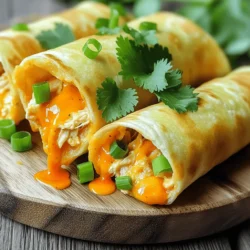 - 2 cups cooked chicken, shredded - ½ cup buffalo sauce - 1 cup shredded cheese (cheddar or pepper jack) - 6 small flour tortillas - ¼ cup cream cheese, softened - ½ teaspoon garlic powder - ½ teaspoon onion powder - Salt and pepper to taste - Chopped green onions for garnish - Cilantro for garnish - Dipping sauces (buffalo sauce, ranch dressing) Gather these items to make tasty Air Fryer Buffalo Chicken Taquitos. You need cooked chicken and buffalo sauce for a spicy kick. The cream cheese adds creaminess. Choose between cheddar or pepper jack cheese for extra flavor. Don't forget the tortillas; they hold all the goodness inside. Garlic and onion powder give a nice touch to the mix. Add salt and pepper according to your taste. For a fun twist, you can garnish your taquitos with green onions or cilantro. Serve them with your favorite dipping sauce, like ranch or extra buffalo sauce. Enjoy this easy and delicious snack! To make the filling, combine these items in a bowl: - 2 cups cooked chicken, shredded - ½ cup buffalo sauce - ¼ cup cream cheese, softened - 1 cup shredded cheese (cheddar or pepper jack) - ½ teaspoon garlic powder - ½ teaspoon onion powder - Salt and pepper to taste Stir well until everything mixes nicely. This blend gives your taquitos a bold flavor. Feel free to adjust the buffalo sauce to match your spice level. Next, warm the tortillas. Heating them makes them softer and easier to roll. You can microwave them for about 20 seconds. This step is key to avoid cracks when rolling. Now, it's time to roll. Take a warm tortilla and lay it flat. Spoon 2-3 tablespoons of the chicken mixture onto the center. Then, roll the tortilla tightly, folding the sides in. Repeat this until all your tortillas are filled and rolled. Before cooking, preheat your air fryer to 375°F (190°C) for about 5 minutes. This ensures even cooking. Lightly brush the outside of each taquito with olive oil. This step helps them crisp up nicely. Place the taquitos seam-side down in the air fryer basket. Make sure not to overcrowd them; this helps them cook evenly. Set the cooking time for 8-10 minutes. Flip them halfway through to ensure they get golden and crispy all over. After cooking, let them cool slightly before serving. Enjoy your tasty taquitos with dipping sauces like ranch or extra buffalo sauce! Warm your tortillas before rolling. This makes them soft and easy to work with. A quick 20 seconds in the microwave works well. When you fill the tortillas, use just the right amount of filling. If you add too much, they might break apart when rolling. Aim for 2-3 tablespoons of filling per tortilla. To get that crispy texture, lightly brush the outside of each taquito with olive oil. This step is key to making them golden and crunchy. You can use a spray bottle for even coverage. Avoid overcrowding the air fryer basket. This helps each taquito cook evenly. If you have many taquitos, cook them in batches. This way, you ensure they all come out crispy and delicious. Each batch will be worth the wait! {{image_2}} You can switch up the protein in your taquitos. Try using turkey or tofu if you prefer. Both options taste great and keep the dish light. Cheese is another area where you can mix things up. If you don’t have cheddar or pepper jack, use mozzarella or a dairy-free option. This helps everyone enjoy the taquitos. To add more flavor, think about spices. Smoked paprika gives a smoky taste, while cumin adds warmth. Just a pinch of either can make a big difference. You can also add vegetables to the mix. Chopped bell peppers or green chiles bring crunch and extra flavor. They blend well with the buffalo sauce and cheese. Dipping sauces are key to enjoying your taquitos. Buffalo sauce is a classic choice, but ranch dressing offers a cool contrast. You can also try blue cheese dressing for a tangy twist. To keep your taquitos fresh, store leftovers in an airtight container. Place them in the fridge within two hours of cooking. They will stay good for up to three days. If you want to keep them longer, freezing is a great option. To freeze your taquitos, first let them cool completely. Then, arrange them in a single layer on a baking sheet. Freeze them for about two hours. Once frozen, transfer them to a freezer-safe bag. Remove as much air as possible before sealing. They can stay frozen for up to three months. To reheat your taquitos and keep them crispy, use an air fryer. Preheat it to 350°F (175°C). Place the taquitos in the basket and heat for about 5-7 minutes. This method helps to restore their crunch. If you prefer, you can also reheat them in an oven at the same temperature for about 10 minutes. Yes, you can use several types of chicken for these taquitos. Rotisserie chicken makes it easy. It is already cooked and seasoned. You can also grill fresh chicken breast. Just shred it once it's cooked and cooled. To make these taquitos gluten-free, use gluten-free tortillas. Many brands make soft corn or almond flour tortillas. Just check the package to ensure they are certified gluten-free. Popular choices for dipping sauces include ranch dressing and blue cheese dressing. Both pair well with the spicy buffalo flavor. You can also serve extra buffalo sauce for those who like more heat. Yes, you can bake the taquitos if you don’t have an air fryer. Preheat your oven to 400°F (200°C). Place the taquitos seam-side down on a baking sheet. Bake for 15-20 minutes, flipping halfway, until they are golden and crispy. You can make delicious Buffalo Chicken Taquitos with simple steps and ingredients. We covered the main and optional ingredients, detailed the steps to prepare and cook them, and explored variations and storage tips. These taquitos are easy to customize. You can try different proteins and spices. With the right dipping sauces, they become even better. Enjoy your cooking, and share these tasty bites with friends and family. Trust me, they’ll love them!
