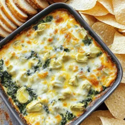 To make a tasty spinach artichoke dip, gather these key ingredients: - 1 cup fresh spinach, chopped - 1 can (14 oz) artichoke hearts, drained and chopped - 1 cup cream cheese, softened - 1/2 cup sour cream - 1/2 cup mayonnaise - 1 cup shredded mozzarella cheese - 1/2 cup grated parmesan cheese - 2 cloves garlic, minced - 1/2 teaspoon red pepper flakes (optional for heat) - Salt and pepper to taste - Tortilla chips or sliced baguette for serving Sometimes, you may need to swap out ingredients. Here are some easy swaps: - Use frozen spinach instead of fresh. Just thaw and squeeze out water. - Swap cream cheese with a vegan cream cheese for a dairy-free option. - Use Greek yogurt instead of sour cream for a healthier twist. - If you don't have mozzarella, try cheddar cheese for a different flavor. - You can skip the red pepper flakes if you prefer no heat. This spinach artichoke dip is rich and creamy. Here is a quick overview of its nutrition: - Serving Size: Approximately 1/4 cup - Calories: About 200 - Protein: 5 grams - Fat: 18 grams - Carbohydrates: 5 grams - Fiber: 1 gram This dip packs lots of flavor but watch your portion sizes! Enjoy it with chips or bread for a fun snack. 1. Preheat your oven to 350°F (175°C). This helps cook the dip evenly. 2. Gather your ingredients: You need spinach, artichokes, cream cheese, sour cream, and more. 3. Mix the cream cheese, sour cream, and mayonnaise in a bowl until smooth. This is your base. 4. Add spinach and artichokes. Chop them finely and fold them into the mix. 5. Stir in the shredded mozzarella, grated parmesan, garlic, and red pepper flakes. This adds flavor and texture. 6. Season with salt and pepper to taste. Adjust to your liking. 1. Transfer the mixture to a baking dish. Spread it evenly for even cooking. 2. Place the dish in the oven and bake for 25-30 minutes. Look for a bubbly and golden top. 3. Remove the dip from the oven and let it cool for a few minutes. This helps with serving. - Use softened cream cheese. This makes mixing easier and smoother. - Do not overmix the dip. This keeps the texture nice and chunky. - Bake until bubbly and golden. This gives a great crust on top. - Let it sit before serving. This helps the flavors meld and cool slightly for dipping. To make your spinach artichoke dip extra creamy, use softened cream cheese. Mix it well with sour cream and mayonnaise. This trio creates a smooth base. Also, add more cheese! Using a mix of mozzarella and parmesan gives great flavor and creaminess. For an even richer taste, consider adding some heavy cream. Just a splash will elevate the dish. One common mistake is not draining the artichoke hearts properly. If they are too wet, the dip turns watery. Make sure to chop the spinach finely. Large pieces can make it hard to dip. Lastly, don't skip the baking time. Underbaking leaves the dip cold in the middle. You want it hot and bubbly throughout. To enhance flavor, try adding spices like garlic powder or onion powder. A squeeze of fresh lemon juice brightens the dip. If you like heat, add more red pepper flakes. For a smoky flavor, consider mixing in some smoked paprika. Each twist gives a new taste that can impress your guests. {{image_2}} You can make a vegan version of spinach artichoke dip. To do this, swap out dairy products for plant-based ones. Use vegan cream cheese instead of regular cream cheese. For the sour cream, choose a coconut or cashew-based option. You can also use nutritional yeast for a cheesy flavor. This keeps the dip creamy and rich. If you need a gluten-free option, it is easy to adapt this dish. Just ensure any mayonnaise or cream cheese you use is labeled gluten-free. Serve it with gluten-free tortilla chips or rice cakes. You can also use veggie sticks like carrots or celery for dipping. There are many fun ways to serve this dip. Instead of tortilla chips, try it with sliced baguette or pita bread. You can also put the dip in a hollowed-out bread bowl for a fun twist. For a colorful touch, add fresh herbs like parsley or cilantro on top before serving. This makes the dip even more appealing and tasty! Store leftover spinach artichoke dip in an airtight container. Let it cool first. Keep it in the fridge for up to three days. If you have a lot left, divide it into smaller portions. This makes it easy to grab for a quick snack. To reheat, you can use the oven or microwave. For the oven, preheat it to 350°F (175°C). Place the dip in an oven-safe dish. Heat it for about 15-20 minutes, or until it's hot and bubbly. If you use the microwave, heat it in short bursts. Stir every 30 seconds to avoid hot spots. This way, your dip stays creamy. You can freeze spinach artichoke dip for later. Allow it to cool completely before freezing. Use a freezer-safe container or bag. It can last for up to three months in the freezer. To use, thaw it in the fridge overnight. Reheat as mentioned above for best results. Enjoy your dip anytime! Yes, you can make Spinach Artichoke Dip ahead of time. Prepare the dip and store it in the fridge. Just cover it well to keep it fresh. You can bake it right before your party. This way, you save time and enjoy the fun. Serve Spinach Artichoke Dip with tasty options. Here are some ideas: - Tortilla chips - Sliced baguette - Fresh veggie sticks like carrots or celery - Pita chips These choices add crunch and make dipping more fun! To spice up your dip, add more red pepper flakes. You can also use diced jalapeños or hot sauce. Start small and taste as you mix. This way, you can find the perfect heat for your dip. You learned about key ingredients for Spinach Artichoke Dip and how to use them. We covered step-by-step instructions to make it perfectly creamy. I shared tips to avoid mistakes and suggested ways to enhance flavors. You also discovered vegan and gluten-free options, plus ways to store leftovers. Spinach Artichoke Dip is versatile and easy. Experiment and enjoy creating your version. Happy cooking!