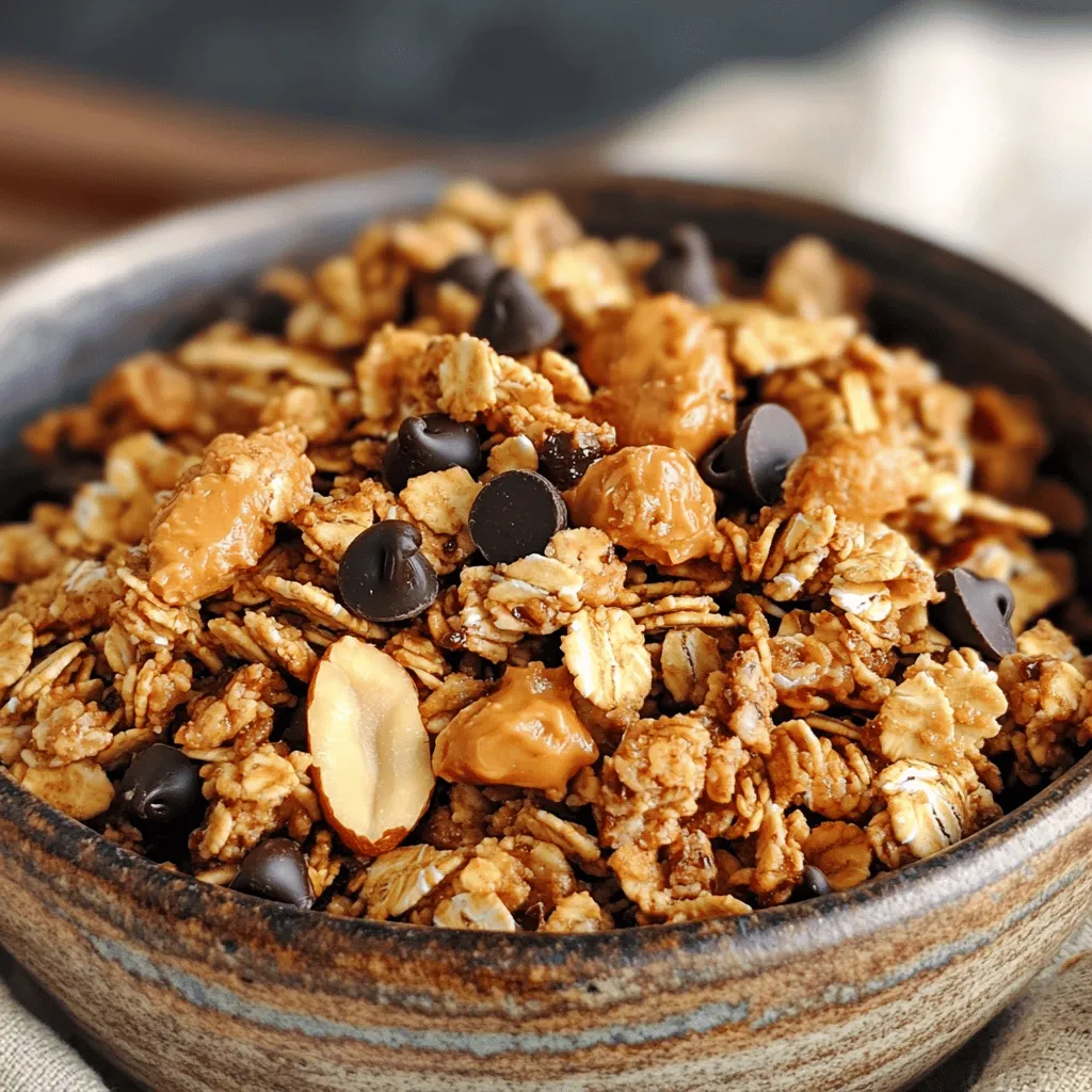 - 2 cups rolled oats - 1/2 cup peanut butter (smooth or crunchy) - 1/4 cup honey or maple syrup - 1/4 cup brown sugar - 1/2 teaspoon vanilla extract - 1/2 teaspoon salt - 1/2 cup chopped nuts (almonds, walnuts, or pecans) - 1/2 cup dark chocolate chips - 1/2 teaspoon cinnamon (optional) When I make Peanut Butter Chocolate Granola, I love using simple, wholesome ingredients. Each one plays a big role in flavor and texture. The rolled oats give the granola its base. They provide fiber and help keep you full. The peanut butter brings a rich taste and healthy fats. You can choose smooth or crunchy based on your preference. Next, I add honey or maple syrup. This sweetens the mix and helps everything stick together. The brown sugar adds depth and a slight caramel flavor. A dash of vanilla extract brightens the taste, while salt balances the sweetness. I often include chopped nuts like almonds, walnuts, or pecans. They add crunch and extra nutrients. The dark chocolate chips are a fun treat that makes this granola feel like dessert. Lastly, I sometimes sprinkle in cinnamon for warmth. It adds a nice twist, but it’s optional. One serving of this granola has about 250 calories. The breakdown is approximately: - Carbohydrates: 30g - Fats: 12g - Proteins: 6g This granola packs a good balance of carbs, fats, and protein. It’s a great snack or breakfast option! First, preheat your oven to 350°F (175°C). This step helps your granola cook evenly. While your oven heats up, line a baking sheet with parchment paper. The parchment paper makes cleanup easy and helps prevent sticking. Next, grab a large mixing bowl. Combine 2 cups of rolled oats, 1/2 cup of chopped nuts, 1/4 cup of brown sugar, and 1/2 teaspoon of cinnamon if you want. Stir these dry ingredients well. In a small saucepan over low heat, mix 1/2 cup of peanut butter, 1/4 cup of honey or maple syrup, 1/2 teaspoon of vanilla extract, and 1/2 teaspoon of salt. Stir until the mixture is smooth and warm, about 2-3 minutes. Then, pour the warm mixture over the dry ingredients. Mix everything until the oats and nuts are fully coated. Now it is time to bake! Spread the mixture evenly onto your prepared baking sheet. Press it down slightly. This will help your granola clump together. Bake it in your preheated oven for 15-20 minutes. Stir halfway through for even baking. Keep an eye on it to prevent burning. Once it is golden and crisp, remove it from the oven. Let it cool completely on the baking sheet. As it cools, it will become crisp. After cooling, mix in 1/2 cup of dark chocolate chips, breaking up any large clusters. Store your granola in an airtight container for up to two weeks. Enjoy your tasty snack! Mixing your ingredients well is key. When you combine dry and wet ingredients, make sure every oat gets coated. This helps the flavors blend well. It also makes sure the granola bakes evenly. To get that nice clumpiness, press the mixture down on the baking sheet. This helps it stick together. During baking, stir it only halfway through. This way, the granola can form clusters while still cooking evenly. If you have allergies, you can swap out the peanut butter. Try almond or sunflower seed butter instead. For sweeteners, maple syrup is a great choice. You can also use agave nectar for a different flavor. If you want a nut-free version, skip the chopped nuts. Just add more oats or use seeds like pumpkin or sunflower seeds. These swaps keep your granola tasty and safe for everyone! {{image_2}} You can make your peanut butter chocolate granola even better. Adding dried fruits is a fun way to do this. Try mixing in cranberries or raisins for a sweet and chewy treat. Dried fruits add color and taste. They also give you extra nutrients. You can also infuse spices for unique tastes. A dash of cinnamon adds warmth. Or, try a pinch of nutmeg for a cozy flavor. If you like a kick, add a touch of cayenne. This spice pairs well with chocolate and peanut butter. You can transform your granola into tasty snack bars. This makes a great on-the-go option. To do this, press the granola mixture firmly into a pan before baking. Let it cool completely, then cut it into bars. Binding ingredients is key for granola bar recipes. You can use extra peanut butter or honey for this. These ingredients help hold everything together. You can also add mashed bananas or applesauce for a fruity twist. Enjoy these bars as a quick snack or a breakfast boost! To keep your peanut butter chocolate granola fresh, use an airtight container. Glass jars or plastic containers work well. Ensure they seal tightly to keep out air. Store the granola at room temperature. It stays good for up to two weeks. If you want it to last longer, place it in the fridge. This can extend freshness by a few weeks. Check for any odd smells. If your granola smells sour, it may be bad. Look for any signs of mold or unusual texture. If it feels soft or sticky, toss it out. Fresh granola should be crunchy and smell sweet. Trust your senses to decide if it’s time to say goodbye. Can I use different nut butters? Yes, you can. Almond butter or cashew butter works well. Each nut butter gives a unique taste. Is it possible to make this granola vegan? Yes, you can use maple syrup instead of honey. This makes the granola fully vegan. What can I serve with Peanut Butter Chocolate Granola? You can serve it with yogurt, milk, or even on top of smoothie bowls. It also tastes great alone as a snack. Best serving suggestions (yogurt, milk, etc.) I love serving this granola with Greek yogurt. It adds creaminess and protein. You can also pour some milk over it for a crunchy cereal. How to enhance the breakfast experience with toppings Add fresh fruits like banana slices or berries. A drizzle of honey or maple syrup can make it sweeter. You could also sprinkle some extra nuts for crunch. Can I make this granola lower in sugar? Absolutely. You can reduce the brown sugar or use a sugar substitute. Try using mashed bananas for natural sweetness. How to customize for different dietary needs For gluten-free granola, use certified gluten-free oats. If you need nut-free options, try sunflower seed butter and omit nuts. You can mix in seeds for added crunch and nutrition. This blog post covered how to make delicious Peanut Butter Chocolate Granola. We shared a list of tasty ingredients and step-by-step instructions to guide you. You learned tips for perfecting your granola, along with variations and storage methods. Remember, you can switch up ingredients based on your needs and preferences. Granola is great for breakfast or a snack. Enjoy making it and have fun experimenting with flavors!