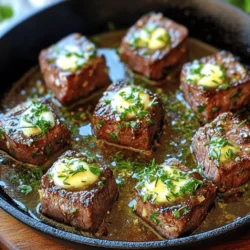 For this dish, you can choose between two great steak options: sirloin and ribeye. Sirloin is lean and has a firm texture. It offers a nice beef flavor. Ribeye, on the other hand, is rich and tender with marbling. This makes it juicy and flavorful. For herbs, I love using fresh rosemary and thyme. Rosemary has a strong, piney taste that pairs well with beef. Thyme adds a subtle earthiness that enhances the dish. Together, they give a robust flavor to your steak bites. When it comes to butter, I recommend using unsalted butter. Unsalted butter allows you to control the salt flavor in your dish. If you use salted butter, you might end up with too much salt. Salt and black pepper are essential seasonings. They boost the flavor of the steak. Use about one teaspoon of salt and half a teaspoon of black pepper. This simple mix elevates the taste of your meat. For garnish, fresh parsley adds a pop of color. It also brings a mild, fresh flavor to the dish. Chop it finely and sprinkle it on top before serving. If you want to get creative, consider alternative garnishes. You can use microgreens or edible flowers. These options not only look nice but also add unique flavors. Serve your steak bites in a skillet or on a wooden board for a rustic feel. To start, you need to prep the steak cubes. First, cut the steak into 1-inch cubes. This size helps it cook evenly. Use a sharp knife for clean cuts. Make sure the meat is cold; it makes cutting easier. Once cut, place the cubes in a bowl. Season them with salt and black pepper. Toss the meat well. You want every piece to have flavor. Next, it’s time to sear the steak bites. Heat the olive oil in a large skillet over medium-high heat. When the oil is hot, add the steak in a single layer. Don’t crowd the pan; it can steam the meat. Cook for 2-3 minutes on each side. You want a nice brown crust. Check the doneness with a meat thermometer. For medium-rare, aim for 130°F. Now, let’s add the garlic herb butter. After removing the steak, lower the heat to medium. Add the butter to the same skillet. Once it melts, add the minced garlic, rosemary, and thyme. Stir for 1-2 minutes until fragrant. Don't let the garlic burn; it can taste bitter. Finally, return the steak bites to the skillet. Toss them in the garlic herb butter. This ensures a tasty coating. Cook for another minute to warm everything through. How to prevent overcooking steak bites? To keep your steak bites tender, cook them on high heat. Sear each side for 2-3 minutes. Use a meat thermometer for best results. Aim for 130°F for medium-rare. Maintaining moisture in the steak Marinate the steak cubes in olive oil and salt before cooking. This helps lock in moisture. Avoid overcrowding the skillet; it steams the meat. Searing allows the juices to stay inside. Adding spices for extra depth Try adding smoked paprika or cayenne pepper. These spices bring a new layer of flavor. You can mix them with salt and pepper for a tasty rub. How to achieve a restaurant-quality sear? Start with a hot skillet and dry steak cubes. Pat them dry with paper towels. This avoids steam and helps form a nice crust. Don't move them around too much during cooking. Choosing the right skillet for best results A cast-iron skillet is ideal for even heat. It holds high temperatures well, giving you that perfect sear. If you don’t have one, use a heavy stainless-steel pan. Recommended tools for handling steak Use tongs to flip the steak bites. They let you turn the meat without piercing it. A meat thermometer is also essential for checking doneness. {{image_2}} You can change up the herbs in this dish. Instead of rosemary and thyme, try using parsley, basil, or oregano. These herbs add unique flavors that can brighten your steak bites. For the steak, sirloin or ribeye are great choices. However, you can also use tenderloin or flank steak. Each cut has its own taste and texture. Just remember to adjust the cooking time for different cuts. If you want to make this recipe keto-friendly, skip the butter and use ghee instead. Ghee has healthy fats and adds richness. You can also replace the olive oil with avocado oil for a similar effect. For gluten-free options, check your seasonings and side dishes. Use gluten-free soy sauce in marinades or pair with roasted veggies. These choices keep the meal tasty and safe for those with gluten allergies. Pair your steak bites with simple sides. Roasted vegetables or a fresh salad work well. You can also serve them with mashed potatoes or cauliflower mash for a hearty meal. When it comes to serving, think about presentation. You can use skewers for fun, easy bites. Or serve them on a traditional plate, garnished with fresh herbs. Either way, your guests will love the look and taste! To keep your steak bites fresh, place them in an airtight container. This helps prevent drying out. Store them in the fridge for up to three days. When you want to eat them again, reheat gently. Use a skillet over low heat for best results. Stir often to heat evenly, and avoid overcooking. To freeze steak bites, first let them cool completely. Then, arrange them in a single layer on a baking sheet. Freeze until solid, about one hour. After that, transfer them to a freezer bag. Squeeze out excess air before sealing. For best flavor, use within three months. When you're ready to eat, thaw the steak bites in the fridge overnight. To reheat, use a skillet over medium heat. Add a bit of butter for flavor and moisture. Stir until heated through. Cooked steak lasts about three to four days in the fridge. After that, it's best to toss it. Look for signs of spoilage like a strange smell or slimy texture. These signs mean it’s time to say goodbye to your leftovers. Always trust your senses when it comes to food safety. How do I know when the steak bites are done? To check if the steak bites are done, use a meat thermometer. For medium-rare steak, aim for 135°F. For medium, go for 145°F. If you don't have a thermometer, cut one bite in half. The center should be warm and slightly pink. Can I use frozen steak for this recipe? Yes, you can use frozen steak. Just remember to thaw it completely first. I recommend placing it in the fridge overnight. This helps keep the meat juicy when you cook it. Avoid cooking it straight from frozen, as it won’t cook evenly. What if I don’t have fresh herbs? If you don’t have fresh herbs, you can use dried herbs. Use one-third of the amount. For instance, if the recipe calls for one tablespoon of fresh rosemary, use one teaspoon of dried rosemary. The flavor will be different but still tasty. Can I make this recipe spicy? Absolutely! To add spice, mix in red pepper flakes or cayenne pepper. Start with a small amount and taste as you go. You can also marinate the steak in a spicy sauce before cooking for an extra kick. What are the best side dishes to serve with garlic herb butter steak bites? Some great side dishes include garlic mashed potatoes, grilled vegetables, or a fresh salad. You could also serve crusty bread to soak up the garlic herb butter. These sides balance the rich flavor of the steak bites. How to create a complete meal around this recipe? To create a complete meal, start with a light appetizer like a vegetable platter. Follow with garlic herb butter steak bites as the main dish. Finish with a simple dessert, like chocolate mousse or fruit salad. This makes for a well-rounded dining experience. This blog post covered everything you need to create delicious garlic herb butter steak bites. We explored key ingredients like steak cuts, herbs, and essential seasonings. I shared step-by-step instructions for prep, cooking, and adding flavor. You learned tips for perfect cooking and variations based on your needs. Always store leftovers properly to ensure they last. With these insights, you can impress friends or family with tasty steak bites. Enjoy the satisfaction of mastering this tasty dish!