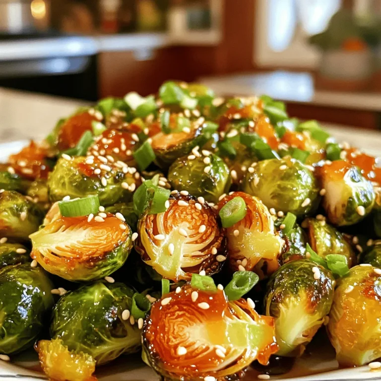 - 1 lb Brussels sprouts, halved - 3 tablespoons olive oil - 2 tablespoons honey - 1 tablespoon Sriracha sauce - 1 teaspoon garlic powder - Salt and pepper to taste - 1 tablespoon sesame seeds (for garnish) - 2 green onions, sliced (for garnish) Each serving has about 150 calories. - Fats: 8g - Protein: 3g - Carbs: 20g Brussels sprouts are tasty and healthy. They bring many nutrients to the table. Each bite gives you fiber and vitamins. Honey adds sweetness, while Sriracha brings heat. The mix is a perfect blend. You can use garlic powder to boost flavor. Salt and pepper help enhance all the tastes. For garnish, sesame seeds add crunch, and green onions bring color. This dish not only looks good but tastes great too. Enjoy these Brussels sprouts warm. They work well as a side or snack. First, wash the Brussels sprouts under cold water. This removes dirt and debris. Next, cut off the ends of each sprout. Then, slice them in half from top to bottom. Uniform cutting is key. This helps them cook evenly. If some pieces are larger, they may not roast as well. In a large mixing bowl, add the halved Brussels sprouts. Pour in the olive oil, honey, and Sriracha sauce. Sprinkle in the garlic powder, salt, and pepper. Now, toss everything together. Make sure each piece is coated well. This step is vital for flavor. An even coating ensures that each bite is tasty. Preheat your oven to 425°F (220°C). This high heat helps achieve crispiness. Line a baking sheet with parchment paper. This makes cleaning up easy. Spread the Brussels sprouts in a single layer on the sheet. Roast them for 20 to 25 minutes. Stir them halfway through cooking. This helps them brown evenly. You know they are done when they are crispy and golden brown. Once cooked, let them cool for a few minutes. Enjoy them warm as a side or appetizer! To avoid mushy Brussels sprouts, start with fresh ones. Choose firm, bright green sprouts. Halve them for even cooking. Make sure they are well spaced on the baking sheet. This helps air flow and prevents steaming. Stir halfway through roasting. This ensures even browning. If you skip this step, some sprouts may burn while others stay soft. You can add more spices for a flavor boost. Try smoked paprika or cayenne pepper. Both spices pair well with sweet and spicy. Balancing sweetness and heat is key. Use more honey for sweetness or extra Sriracha for heat. Taste the mix before cooking. Adjust it to your liking. Honey Sriracha Brussels sprouts shine with many dishes. Pair them with grilled chicken or fish. They also work well with rice or quinoa. Serve these sprouts as a side dish or appetizer. You can make them the star with a nice dip. Try a yogurt sauce for cooling relief. {{image_2}} You can swap Sriracha with other sauces. Chili paste adds heat and flavor. Hot sauce also works well for a kick. If you want a milder taste, use a sweet chili sauce. For sweeteners, try agave nectar or maple syrup. Both add a nice touch of sweetness. You can boost this dish by adding nuts or cheese. Toasted almonds or walnuts give a nice crunch. Grated Parmesan or feta cheese adds creaminess. Want to add more veggies? Toss in some diced bell peppers or carrots. You can also add protein, like cooked chicken or tofu, to make it a full meal. If you follow a vegan diet, use agave nectar instead of honey. For gluten-free options, check the sauce labels. You can adjust this recipe for low-carb eating by cutting out the honey or using a sugar-free sweetener. Each of these changes keeps the dish tasty while meeting your dietary needs. To keep your Honey Sriracha Brussels sprouts fresh, store them in the fridge. Place them in an airtight container. They will stay tasty for about 3 to 5 days. Make sure they cool down before sealing the container. This helps keep them crispy. When you’re ready to enjoy leftovers, you want them crispy again. The best way is to reheat them in the oven. Preheat your oven to 375°F (190°C). Spread the sprouts on a baking sheet and heat for about 10 minutes. This will help restore their crunch. If you’re in a hurry, you can use a microwave. Just heat them for 30 seconds at a time. Stir between each round to heat evenly. For serving, try adding a sprinkle of fresh sesame seeds or green onions for extra flavor. Can you freeze Honey Sriracha Brussels sprouts? Yes, but they may lose some crispness. To freeze them, let the cooked sprouts cool completely. Then, place them in a freezer bag and remove as much air as possible. They can last in the freezer for up to 3 months. When you’re ready to eat, thaw them in the fridge overnight. Reheat them in the oven for the best texture. Yes, you can prepare Honey Sriracha Brussels sprouts in advance. Cook them, let them cool, and store in the fridge. They last up to three days. Before serving, reheat them in the oven to restore their crispiness. This makes them great for parties or busy weeknights. If you don’t like Brussels sprouts, try using cauliflower or green beans. Both will give you a nice texture. You can also use broccoli or asparagus for a different flavor. Cut them to similar sizes for even cooking. Yes, you can use frozen Brussels sprouts. However, fresh sprouts work better for this dish. Frozen sprouts may have more moisture, so be sure to thaw and drain them well. Pat them dry with a paper towel to help them get crispy when roasted. The spice level of Honey Sriracha Brussels sprouts can vary. Sriracha has a moderate heat level. If you like it milder, reduce the Sriracha to one teaspoon. You can also mix in more honey for extra sweetness. Adjust it to your taste! Honey Sriracha Brussels sprouts are a tasty and easy dish to make. We covered the key ingredients, like Brussels sprouts, honey, and Sriracha. I shared how to prepare, mix, and roast them for a crispy finish. Plus, we explored tips to enhance flavor and serving ideas. You can also make variations or adjust for dietary needs. Remember, storing and reheating wisely keeps them delicious. Enjoy making this flavorful dish that adds fun to your meals!