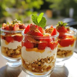 For the Cottage Cheese Strawberry Cheesecake Parfait, gather these fresh items: - 2 cups cottage cheese - 1/2 cup Greek yogurt - 1/4 cup honey or maple syrup - 1 teaspoon vanilla extract - 1 cup fresh strawberries, hulled and sliced - 1/2 cup graham cracker crumbs - 1/4 teaspoon cinnamon - Fresh mint leaves for garnish (optional) These ingredients make a creamy, delicious parfait that is both healthy and satisfying. You can swap ingredients if needed. Here are some ideas: - Use ricotta cheese instead of cottage cheese for a different texture. - Try dairy-free yogurt for a vegan option. - Agave nectar can replace honey or maple syrup if you prefer. - For a gluten-free option, use gluten-free graham crackers. These alternatives keep the parfait tasty and fit different diets. Choosing the best strawberries is key for this recipe. Look for: - Bright red color without any white or green parts. - Firm texture; they should not be mushy. - No signs of mold or bruising. - Fresh, green leaves still attached. Selecting fresh strawberries enhances the flavor of your parfait, making it even more enjoyable. First, grab a large mixing bowl. Add 2 cups of cottage cheese, 1/2 cup of Greek yogurt, and 1/4 cup of honey or maple syrup. Pour in 1 teaspoon of vanilla extract too. Use a hand mixer or blender to whip the mixture. Blend until it is smooth and creamy. You can adjust the sweetness to your taste. This mixture forms the base of your parfait. In a separate bowl, mix 1/2 cup of graham cracker crumbs with 1/4 teaspoon of cinnamon. This mix gives that classic cheesecake crust flavor. Make sure to combine it well. The crumbs add texture and crunch to your parfait. Now, it's time to build your parfait. Take serving glasses or bowls. Start with a layer of the cottage cheese mixture, about 1/4 cup each. Then, add 2 tablespoons of the graham cracker mixture on top. Next, layer in 1/4 cup of sliced strawberries. Repeat these layers until you fill the glasses, usually 2-3 times. Always finish with the strawberry layer on top. For a nice finish, sprinkle some remaining graham cracker crumbs and add a mint leaf for garnish. Chill your parfaits in the fridge for at least 30 minutes. This lets the flavors blend and makes it extra delicious. To get the best creamy texture, use a hand mixer or blender. Mix the cottage cheese, Greek yogurt, honey, and vanilla extract well. Blend until it's smooth. If you like it sweeter, add more honey or maple syrup. The key is to whip it enough so it feels light and fluffy. You want it to be airy but still thick. You can change the sweetness by adjusting the honey or maple syrup. Try different flavors too! Add a bit of lemon juice for zing or swap vanilla for almond extract. You can also mix in a little cocoa powder for a chocolate twist. Taste as you go to find what you love best. When serving, use clear glasses or bowls to show off the layers. Start with the cottage cheese mix, then add graham crackers and strawberries. Repeat this until you reach the top. Finish with more strawberries. For a nice touch, sprinkle some graham cracker crumbs on top and add a mint leaf. Chill the parfait for at least 30 minutes. This helps the flavors blend and makes it even tastier! {{image_2}} You can switch out strawberries for other fruits. Try blueberries, raspberries, or peaches. Each fruit adds a different flavor. For fall, use diced apples with cinnamon. In winter, consider using frozen berries. This keeps the parfait fresh and fun all year. If you want a twist, change the crust. Instead of graham crackers, use crushed cookies. Oreos or ginger snaps work well. For a gluten-free option, try almond flour or gluten-free cookies. Each choice gives a new taste and texture to your parfait. Boost nutrition by adding seeds or nuts. Chia seeds add fiber and protein. Walnuts or almonds give a nice crunch. You can also sprinkle hemp seeds for extra nutrients. These additions make your parfait not just tasty, but also healthy. Store leftover parfaits in an airtight container. This keeps them fresh. Make sure to cover them well. Place them in the fridge. They will stay good for about 2-3 days. If you notice any liquid, just mix it back in. You can freeze the cottage cheese mixture. However, do not freeze the layers. Freezing the parfait as a whole may change the texture. If you want to freeze, use a freezer-safe container. Thaw it in the fridge before serving. Consume within a month for the best taste. To keep your parfait fresh, layer the ingredients just before serving. Store strawberries separately until you are ready to eat. This helps keep them firm and tasty. When ready to serve, assemble quickly. This way, you enjoy every layer at its best! Yes, you can use low-fat cottage cheese. It will still work great in this recipe. The texture may be slightly different, but it will taste good. Low-fat options can be a healthier choice, too. If you want a richer taste, regular cottage cheese is best. You can prepare the layers ahead of time. Make the cottage cheese mixture and store it in the fridge. You can also mix the graham cracker crumbs and cinnamon in a separate bowl. Layer the parfait right before serving. This way, it stays fresh and tasty. Start with the cottage cheese mixture at the bottom. This creates a creamy base. Next, add the graham cracker mixture for a crunch. After that, layer the sliced strawberries. Repeat these layers until your glass is full. Finish with strawberries on top. Add mint leaves for a pop of color. This looks beautiful and appetizing! This blog post shared a great parfait recipe using fresh strawberries. You learned about the key ingredients and how to prep them. We also discussed tips for texture and flavor, plus how to store leftovers. Finally, whether you customize with other fruits or make it ahead, enjoy your delicious creation. Remember, the best parfait combines fresh taste and fun presentation. Happy cooking!