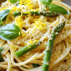- 8 oz spaghetti or linguine - 1 bunch of asparagus, trimmed and cut into 2-inch pieces - 4 cloves garlic, minced - 1 lemon (zested and juiced) - ¼ cup olive oil - ½ teaspoon red pepper flakes (optional) - ½ cup grated Parmesan cheese (or a vegan alternative) - Salt and black pepper to taste - Fresh basil or parsley for garnish - Extra red pepper flakes for heat - Cherry tomatoes for a pop of color - Grilled chicken or shrimp for added protein - Fresh basil leaves for a fragrant touch - Chopped parsley for a fresh finish - Extra lemon zest for a vibrant look First, fill a large pot with water. Add a generous amount of salt. Bring it to a boil. Once boiling, add 8 oz of spaghetti or linguine. Cook it according to the package instructions until it is al dente. This usually takes about 8-10 minutes. Before draining, reserve ½ cup of pasta water. Drain the pasta and set it aside. Next, use the same pot of boiling water. Add the trimmed asparagus pieces. Cook them for about 2-3 minutes. You want them bright green and tender-crisp. Once done, drain and set the asparagus aside. Keep it warm to maintain its color and texture. Now, grab a large skillet and place it over medium heat. Pour in ¼ cup of olive oil. Add 4 cloves of minced garlic to the skillet. Sauté the garlic for about 1-2 minutes. You want it fragrant but not browned. The smell will be amazing! Add the blanched asparagus to the skillet with the garlic oil. If you like a little heat, sprinkle in ½ teaspoon of red pepper flakes. Stir for about a minute to combine the flavors. Toss the cooked pasta into the skillet with the asparagus and garlic. Add the zest and juice from 1 lemon. Mix everything well. If the dish feels dry, slowly add the reserved pasta water. Remove from heat and stir in ½ cup of grated Parmesan cheese. Season with salt and black pepper to taste. Finally, garnish with fresh basil or parsley. Enjoy your meal! To get the best texture for your pasta, always cook it al dente. This means the pasta should still be firm when you bite into it. Follow the package instructions closely. Make sure to use enough water in the pot. Salt the water well. This helps flavor the pasta as it cooks. Reserve some pasta water before you drain it. This water can help make your dish creamy later. Herbs can really boost the taste of your Lemon Garlic Asparagus Pasta. Fresh basil or parsley adds a bright flavor. Add them right before serving for the best taste. You can also try adding thyme or oregano. If you want to go a step further, roast some garlic. This will give your dish a rich and sweet flavor. Don't forget about the lemon zest! It adds a punch of fresh taste. If you have extra pasta, store it in an airtight container. Keep it in the fridge for up to three days. When you reheat it, add a splash of olive oil or pasta water. This will help the pasta stay moist. You can also use the microwave or a pan to heat it up. Just be gentle to avoid overcooking. Enjoy your tasty meal again! {{image_2}} You can easily make this dish vegan. Just swap the Parmesan cheese for a vegan alternative. Nutritional yeast works great for a cheesy flavor without dairy. You can use plant-based pasta too. This keeps the dish light and fresh while still being filling. If you need a gluten-free meal, choose gluten-free pasta. Many brands offer great taste and texture. You can find rice, corn, or chickpea pasta at most stores. These options keep the dish gluten-free without losing flavor. Just cook them according to package instructions for best results. Want to boost the protein? Try adding chickpeas or white beans. These options mix well and add a creamy texture. If you eat meat, grilled chicken or shrimp works too. Just cook them first and toss them in with the pasta. This way, you get a hearty meal that satisfies. Store any leftover Lemon Garlic Asparagus Pasta in an airtight container. Make sure it cools to room temperature first. This helps keep the flavors fresh. You can keep it in the fridge for up to three days. If you want to enjoy it later, storing it properly is key. To freeze, place the cooled pasta in a freezer-safe bag or container. Squeeze out as much air as possible. This helps prevent freezer burn. You can keep it in the freezer for up to two months. When you're ready to eat, just thaw it overnight in the fridge. Reheat the pasta gently to keep it tasty. You can use a microwave or a skillet. If using a microwave, add a splash of water to keep it moist. If using a skillet, heat on low and add a little olive oil. Stir often until warmed through. Enjoy your pasta just like it was fresh! Yes, you can use any pasta you like. You might try penne, farfalle, or even whole grain pasta. Each type gives a unique look and texture. Just remember to adjust the cooking time based on the pasta you choose. Always cook it until al dente for the best bite. To spice it up, add more red pepper flakes. Start with a full teaspoon for a bold kick. You can also toss in some crushed red pepper or fresh chopped chili. If you like, try a dash of hot sauce for heat. Just make sure to taste as you go. You want the spice to enhance, not overpower, the dish. This pasta pairs well with a simple salad. A green salad with mixed greens and a lemon vinaigrette works great. You can also serve garlic bread or a light soup. If you want more veggies, try roasted carrots or zucchini. These sides bring balance to the meal and add color to your plate. This guide covered all you need for making Lemon Garlic Asparagus Pasta. We explored key ingredients, step-by-step cooking, and helpful tips to enhance your dish. Feel free to try variations and storage tips for leftovers. Remember, cooking is fun. Experiment and make this dish your own! Enjoy each bite of your tasty creation!