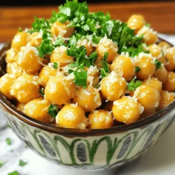 - 1 can chickpeas (15 oz), drained and rinsed - 2 tablespoons olive oil - 4 cloves garlic, minced - 1/4 cup grated Parmesan cheese - 1 teaspoon smoked paprika - 1/2 teaspoon garlic powder - 1/2 teaspoon onion powder - Salt and pepper - Fresh parsley (for garnish) Gathering the right ingredients is key to great Garlic Parmesan Roasted Chickpeas. Start with a can of chickpeas. They are the base for this crunchy snack. Rinse and drain them well to remove excess sodium. Next, grab some olive oil. This helps the chickpeas crisp up nicely in the oven. You will need four cloves of garlic. Mince them finely for a strong flavor. Parmesan cheese adds a savory touch. Use grated cheese for easy melting. For extra flavor, add smoked paprika, garlic powder, and onion powder. These spices make the dish pop. Don't forget salt and pepper to taste. Finally, fresh parsley makes a lovely garnish. It adds color and freshness to your dish. These ingredients come together to create a tasty snack. You will enjoy the crunch and flavor they bring to your table. First, set your oven to 400°F (200°C). This hot temperature helps the chickpeas become crispy. Line a baking sheet with parchment paper. This makes clean-up easy. Open the can of chickpeas and drain them well. Rinse them under cold water. Spread them on a clean towel and pat them dry. Removing moisture is key for crispiness. In a bowl, add the dried chickpeas. Pour in 2 tablespoons of olive oil. Add 4 minced garlic cloves, 1 teaspoon of smoked paprika, 1/2 teaspoon of garlic powder, and 1/2 teaspoon of onion powder. Season with salt and pepper to taste. Toss the chickpeas to coat them evenly. Spread the chickpeas on the baking sheet in a single layer. Roast them in the oven for 25 to 30 minutes. Stir halfway through cooking. You want them golden and crunchy. Once they are roasted, take them out. Quickly sprinkle 1/4 cup of grated Parmesan cheese over the hot chickpeas. Toss them gently to coat with cheese. This adds a rich flavor. Return the chickpeas to the oven for about 5 more minutes. This helps the cheese melt and turn golden. Once done, let them cool slightly. Garnish with chopped fresh parsley for added color and taste. To make your Garlic Parmesan Roasted Chickpeas super crispy, you must dry them well. After rinsing the chickpeas, use a clean kitchen towel. Pat them dry until they are free of moisture. This step is key for getting that perfect crunch. Also, spread them in a single layer on the baking sheet. If they overlap, they will steam instead of roast. I love serving these chickpeas in a stylish bowl. You can add a sprinkle of extra Parmesan on top for flair. Pair them with a tasty dip, like hummus or ranch dressing, for fun. They work great as a snack or a salad topper. You can even use them to add crunch to soups! One common mistake is not drying the chickpeas enough. This can lead to soggy chickpeas. Another error is not stirring halfway through roasting. Stirring helps them cook evenly. Lastly, avoid adding the Parmesan too early. If you do, it may burn. Add it just a few minutes before they are done. {{image_2}} If you like heat, try adding cayenne pepper. Use about 1/4 teaspoon. This gives your chickpeas a spicy kick. You can also mix in some red pepper flakes. This adds more flavor and heat. It pairs well with the garlic and Parmesan. For a fresh twist, add herbs. Mix in dried oregano or thyme. About 1 teaspoon of each works great. You can also use fresh herbs if you have them. This makes the chickpeas taste even better. The herbs add a nice aroma and flavor. If you want a vegan version, skip the cheese. Instead, use nutritional yeast. About 1/4 cup gives a cheesy flavor. It’s packed with nutrients too. This option is great for those who avoid dairy. It keeps the dish tasty and healthy. Try these variations to suit your taste. You can mix and match for fun flavors! Store leftover Garlic Parmesan Roasted Chickpeas in an airtight container. Keep them in the fridge. They can last up to three days. Make sure they cool down before placing them in the container. This helps to avoid sogginess. If you want to keep them longer, freeze them. They can last up to two months in the freezer. Just seal them well. To reheat, place the chickpeas on a baking sheet. Preheat your oven to 375°F (190°C). Bake for about 10 minutes. This will help them regain their crunch. You can also use an air fryer if you have one. Set it to 350°F (175°C) and cook for 5-7 minutes. This method will keep them crispy. To keep your chickpeas crispy, avoid storing them in a humid place. Moisture will make them soft. When reheating, use dry heat like an oven or air fryer. You can also add a sprinkle of olive oil before reheating. This can help refresh their texture. For a long-term crunch, freeze them in small batches. That way, you can reheat just what you need. Garlic Parmesan roasted chickpeas can last up to four days in an airtight container. After two days, they may lose some crunch. For the best taste, eat them fresh. Yes, you can use fresh chickpeas. You must cook them first. Boil them until tender. Drain and let them cool. Then, follow the same steps as with canned chickpeas. These chickpeas make a great snack on their own. You can serve them with hummus or a yogurt dip. They also pair well with salads or as a crunchy topping for soups. Yes, they are a healthy snack. Chickpeas are high in protein and fiber. They also contain vitamins and minerals. The olive oil adds healthy fats, while Parmesan cheese gives calcium. Absolutely! Air fryers work great for this recipe. Preheat the air fryer to 400°F (200°C). Cook the chickpeas for about 15-20 minutes. Shake the basket halfway for even cooking. Enjoy your crispy snack! You now have a simple guide to make Garlic Parmesan Roasted Chickpeas. We covered the key ingredients, step-by-step instructions, tips for crispiness, and various flavor options. Remember to store leftovers properly to keep them crunchy. Enjoy snacking on these healthy treats with your favorite meals. Feel free to get creative with flavors or serving ideas. Your kitchen will smell great, and the taste will impress everyone!