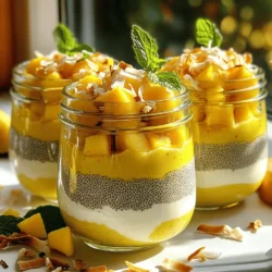 Here is what you need to make Mango Coconut Chia Pudding: - 1 cup coconut milk (canned or carton) - 1/2 cup almond milk (or any milk of choice) - 1/4 cup chia seeds - 2 tablespoons maple syrup (or honey) - 1 ripe mango, diced - 1 teaspoon vanilla extract - Pinch of salt - Toasted coconut flakes (for garnish) - Fresh mint leaves (for garnish, optional) Each ingredient plays a key role in this treat. The coconut milk gives rich flavor and creaminess. Almond milk adds a light touch. Chia seeds are the magic that thickens the pudding. Maple syrup or honey sweetens it just right. Ripe mango adds a burst of freshness. Vanilla extract brings warmth, while a pinch of salt balances everything out. The toasted coconut flakes and mint leaves make it pretty and tasty. I love using fresh ingredients. They bring out the best flavors. Choose ripe mangoes for the sweetest taste. The coconut milk can be full-fat or light, based on your preference. This pudding is not only good for you, but it's also fun to make! - In a mixing bowl, combine coconut milk, almond milk, maple syrup, vanilla extract, and a pinch of salt. - Whisk until well combined and smooth. This mixture is the base of your pudding. - Stir in the chia seeds. Make sure to mix well to prevent clumping. The seeds will soak up the liquid and thicken the pudding. - Cover the bowl with plastic wrap or a lid. Refrigerate for at least 4 hours, or overnight. This waiting time helps the chia seeds do their magic. - After chilling, stir the pudding again to break up any clumps. - Layer the pudding in individual glasses. Start with a layer of pudding, then add diced mango, and repeat until the glass is filled. - Garnish the top with toasted coconut flakes and a few fresh mint leaves. This adds a nice touch and fresh flavor. To avoid clumping of chia seeds, mix them in well. After adding the seeds, stir thoroughly. This helps them spread out and soak up the liquid. The ideal chilling time is at least four hours. However, overnight chilling gives the best texture. This allows the seeds to swell nicely and create a creamy pudding. When choosing ripe mangoes, look for ones that are slightly soft to the touch. The color should be vibrant, with no green patches. Ripe mangoes taste sweet and juicy, perfect for this pudding. For alternative sweeteners, you can use agave nectar or brown sugar. Both options add a unique flavor twist and blend well with the other ingredients. Pair this pudding with other fruits like berries or bananas for extra flavor. Layering different fruits adds color and texture to your dish. For a creative serving presentation, use clear glasses. This way, guests can see the lovely layers of pudding and mango. You can also add a sprig of mint on top for a fresh touch. {{image_2}} Chia seeds are tiny but mighty. They pack a punch of omega-3 fatty acids. Omega-3s help keep your heart healthy. They also reduce inflammation in your body. Chia seeds are rich in fiber, too. Fiber helps with digestion and keeps you full longer. Just two tablespoons of chia seeds have about 10 grams of fiber. This makes them a great choice for a healthy diet. Mangoes are not just sweet and tasty. They are full of vitamins and minerals. One mango gives you vitamin C, which boosts your immune system. It also has vitamin A for good vision. Coconut milk brings its own health perks. It contains healthy fats that can give you energy. It is also lactose-free, which is great for people who can’t have dairy. This mango coconut chia pudding is a smart dessert choice. It is lower in calories than many sweets. For instance, a slice of cake can have over 300 calories. In contrast, one serving of this pudding has around 150 calories. This makes it a good option for those watching their weight. It is also friendly for diabetics. The natural sweetness from mango and maple syrup can satisfy your sweet tooth without spiking your blood sugar. Enjoy this treat without the guilt! For a creamy base, you can switch the milks. Instead of coconut milk, try using oat or cashew milk. Both give a smooth texture. If you want to avoid nuts, use rice milk. Rice milk works well and keeps it light. You can spice things up with cinnamon or nutmeg. Just a pinch adds warmth and depth. If you want more fruit, think of adding berries or bananas. They mix well with mango and chia. You could also blend the fruits for a smooth taste. Transform your chia pudding into parfaits. Layer it with granola and extra fruits. This makes a beautiful dessert. Another fun way is to turn it into a smoothie bowl. Blend the pudding with extra almond milk to get a thicker drink. Top it with sliced fruits and nuts for crunch. Mango Coconut Chia Pudding can last up to five days in the fridge. Store it in an airtight container for the best results. Make sure to keep it cool and avoid leaving it out too long. If you see any changes in texture or smell, it's best to discard it. Yes, you can swap mango for many other fruits. Try berries, bananas, or kiwi for a twist. Each fruit adds its own flavor and texture. Experiment with seasonal fruits for fresh taste. You can also mix fruits for a fun layered look. This recipe is perfect for meal prep. You can make it ahead of time and store it in individual jars. Just follow the steps and let it chill overnight. It saves time for busy mornings. Enjoy it all week long! Mango Coconut Chia Pudding is a tasty and healthy dessert. You learned how to prepare it, mix, and chill for the best results. We explored tips for perfect consistency and flavor. Remember, chia seeds pack omega-3s and fiber, making this a smart choice. You can easily switch ingredients for different tastes. Enjoy this quick, low-calorie treat at any time. With the right fruits and spices, you can make it truly yours. Try these ideas, and savor the joy of a delicious, nutritious pudding!