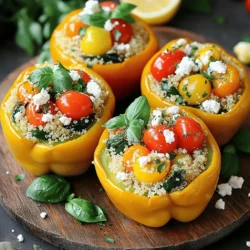 To make Lemon Herb Quinoa Stuffed Peppers, gather the following items: - 4 large bell peppers (any color) - 1 cup quinoa, rinsed and drained - 2 cups vegetable broth or water - 1 cup cherry tomatoes, halved - 1 cup spinach leaves, chopped - 1/4 cup fresh parsley, chopped - 1/4 cup fresh basil, chopped - 1/4 cup feta cheese, crumbled (optional) - 1 lemon, juiced and zested - 2 cloves garlic, minced - 1 teaspoon olive oil - Salt and pepper to taste If you want to switch things up, here are some options: - For quinoa, try brown rice or couscous. - Instead of vegetable broth, use chicken broth for a richer flavor. - You can replace feta cheese with goat cheese or leave it out entirely. - Spinach can be swapped with kale or Swiss chard for a different taste. This dish is not only tasty but also healthy. Here’s a quick look at the nutrition: - Each serving has about 250 calories. - It offers a good source of protein from quinoa. - The peppers provide vitamins A and C. - Spinach adds iron and fiber. - Feta cheese adds some calcium if you choose to include it. Feel free to enjoy these stuffed peppers as a main or side dish! Start by preheating your oven to 375°F (190°C). This step gets your oven ready for baking. Next, take your large bell peppers and cut the tops off. Remove the seeds and membranes inside. This makes space for the yummy filling. Place the peppers upright in a baking dish. Now, rinse and drain 1 cup of quinoa. This helps remove any bitterness. In a medium saucepan, mix the quinoa with 2 cups of vegetable broth or water. Bring this to a boil. Once it boils, lower the heat to a simmer. Cover the pot and let it cook for 15 minutes. The quinoa will become fluffy and absorb all the liquid. While the quinoa cooks, grab a large mixing bowl. Add the cooked quinoa to this bowl. Now, toss in 1 cup of halved cherry tomatoes, 1 cup of chopped spinach leaves, 1/4 cup of chopped fresh parsley, and 1/4 cup of chopped fresh basil. These fresh ingredients add color and flavor. Squeeze the juice of 1 lemon into the bowl. Don’t forget to add the lemon zest too! This gives a bright taste. Add 2 cloves of minced garlic and 1 teaspoon of olive oil. Mix everything well. Season your mixture with salt and pepper to taste. If you like, fold in 1/4 cup of crumbled feta cheese for a creamy touch. Now it’s time to stuff the peppers! Spoon the quinoa mixture into each pepper. Pack it tightly to make sure each bite is full of flavor. Once filled, cover the baking dish with aluminum foil. Bake the peppers in the oven for 25 minutes. After 25 minutes, carefully remove the foil. Bake for another 10 minutes. This step makes the peppers tender and slightly charred. After baking, take them out of the oven and let them cool for a few minutes. Then, they are ready to serve and enjoy! Choose firm bell peppers with bright colors. They should feel heavy for their size. Look for smooth skin without blemishes or soft spots. Red, yellow, and orange peppers taste sweeter than green ones. If you want a milder flavor, go for the sweeter colors. One mistake is overcooking the quinoa. Rinse it well before cooking to remove bitterness. Don’t skip the seasoning; salt and pepper bring out the flavors. Also, pack the quinoa mixture tightly into the peppers. This helps them hold their shape and taste better. Serve your stuffed peppers on a colorful platter. Drizzle with extra lemon juice for freshness. Garnish with chopped herbs for a pop of color. Pair them with a light salad or crusty bread. These sides enhance the meal’s flavors and textures. Enjoy your flavorful delight! {{image_2}} You can make this recipe vegan by skipping the feta cheese. Instead, add extra herbs for flavor. Nutritional yeast is a great option too. It gives a cheesy flavor without dairy. For protein, you can add chickpeas or black beans. This keeps the dish filling and tasty. Quinoa is great, but you can try other grains. Brown rice or bulgur wheat works well too. Each grain brings a unique taste and texture. Try farro for a nutty flavor. Just make sure to adjust the cooking times for each grain. Herbs make this dish shine! You can use dill or cilantro for a fresh twist. For a spicy kick, add red pepper flakes or cumin. Mixing in lemon zest boosts the flavor too. Experiment with your favorites to create a unique taste each time. To keep your leftover stuffed peppers fresh, place them in an airtight container. This helps keep moisture in and air out. You can store them in the fridge for up to three days. If you want, you can wrap each pepper in plastic wrap before placing them in the container. This adds extra protection. If you want to save the stuffed peppers for later, freezing is a great option. First, let the peppers cool completely. Then, wrap each one tightly in plastic wrap. After that, place them in a freezer bag or container. They can stay in the freezer for up to three months. When you're ready to eat them, just take them out and thaw in the fridge overnight. To reheat your stuffed peppers, preheat your oven to 350°F (175°C). Remove the peppers from their container and place them in a baking dish. You can cover them with foil to keep them moist. Bake for about 20 minutes, or until they are heated through. If you prefer a quicker method, you can microwave them. Just place a pepper on a microwave-safe dish and heat for one to two minutes. Enjoy your meal! You can use rice, couscous, or bulgur. Each grain has its own taste and texture. Rice is soft and fluffy. Couscous cooks quickly and has a light flavor. Bulgur is chewy and hearty. Choose what you like best, but adjust cooking times for each grain. Stuffed peppers can last about 3 to 5 days in the fridge. Store them in an airtight container. This keeps them fresh and tasty. If you notice any changes in smell or color, it's best to discard them. Always check before eating! Yes, you can prepare stuffed peppers ahead of time. You can stuff them and store them in the fridge. This way, they are ready to bake when you want to eat. Just make sure to cover them well. You can also bake them first, then store leftovers. In this post, I covered how to make stuffed peppers. We discussed the key ingredients and their alternatives. You learned step-by-step how to prepare and cook them. I shared tips for choosing the best bell peppers and common mistakes to avoid. There are also ideas for variations and how to store leftovers. Stuffed peppers are versatile and easy to customize. You can enjoy them and make them your own!
