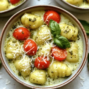 Creamy Pesto Gnocchi Skillet is a quick meal that shines with flavor. You only need one pan to make this dish. It takes about 20 minutes to prepare and cook. This recipe serves four people, making it perfect for a family dinner or a cozy night in. To whip up this delightful dish, gather these key ingredients: - 1 pound potato gnocchi - 1 cup heavy cream - 1/2 cup basil pesto (store-bought or homemade) - 1 cup cherry tomatoes, halved - 1/2 cup grated Parmesan cheese - 2 cloves garlic, minced - 2 tablespoons olive oil - Salt and pepper to taste - Fresh basil leaves for garnish Each ingredient plays a role in creating a rich, creamy texture and a burst of fresh flavors. Want to elevate your dish even more? Consider adding these optional ingredients for extra taste: - Cooked chicken or shrimp for protein - Spinach or kale for a green touch - Red pepper flakes for some heat - Lemon zest for brightness These options can make your creamy pesto gnocchi even more exciting and personalized! To start, gather all your ingredients. Here’s what you need: - 1 pound potato gnocchi - 1 cup heavy cream - 1/2 cup basil pesto - 1 cup cherry tomatoes, halved - 1/2 cup grated Parmesan cheese - 2 cloves garlic, minced - 2 tablespoons olive oil - Salt and pepper to taste - Fresh basil leaves for garnish Make sure your ingredients are ready. This helps the cooking go smoothly. Heat a large skillet over medium heat. Add the olive oil first. Once hot, add the minced garlic. Sauté it for about one minute. You want to smell that lovely garlic scent! Next, toss in the halved cherry tomatoes. Cook them for about 3 to 4 minutes, until they soften. Now, add the potato gnocchi to the skillet. You do not need to boil it first. Stir everything gently. Pour in the heavy cream. Let the mixture come to a gentle simmer. Stir it well to combine the cream with the garlic and tomatoes. Add the basil pesto. Mix it in until everything looks creamy and green. Let it simmer for 2 to 3 minutes. This helps the gnocchi soak up the sauce. Finally, stir in the grated Parmesan cheese. Mix until it melts and makes the sauce rich. Season with salt and pepper to your taste. Remove the skillet from the heat. Let it sit for a minute. This allows the sauce to thicken just a bit. For the best look, serve the creamy gnocchi in shallow bowls. Garnish with fresh basil leaves and an extra sprinkle of Parmesan. This makes your dish look fancy! Enjoy your meal! To cook gnocchi well, keep these tips in mind: - Use fresh gnocchi for the best taste. - Don’t boil the gnocchi before adding to the skillet. They cook nicely in the sauce. - Stir gently when mixing to avoid breaking them. - Watch the heat; keep it medium. Too high can burn the sauce. If you have extras, store them right: - Place leftovers in an airtight container. - Keep them in the fridge for up to three days. - Reheat gently on low heat to avoid drying out. Add a splash of cream if needed. You can make this dish even better with these ideas: - Add cooked chicken or shrimp for protein. - Mix in spinach for some greens. - Swap cherry tomatoes for sun-dried tomatoes for a richer taste. - Use different cheeses like mozzarella or ricotta for a twist. {{image_2}} You can change the taste of your creamy pesto gnocchi by adding different ingredients. Try using sun-dried tomatoes instead of cherry tomatoes. They add a rich, tangy flavor. You can also swap the Parmesan cheese for feta cheese to get a salty kick. For a spicy twist, add red pepper flakes or chopped jalapeños. These simple swaps can make your dish feel fresh and new. If you want a vegan version, replace the heavy cream with coconut cream. Use a vegan pesto and skip the cheese or use a vegan cheese. For gluten-free options, look for gluten-free gnocchi. Many brands offer great alternatives that taste just as good as regular gnocchi. These changes keep the dish tasty while meeting your dietary needs. Seasonal vegetables can elevate your creamy pesto gnocchi. In spring, add fresh peas or asparagus for a burst of color. In summer, zucchini or bell peppers work well. In the fall, add roasted butternut squash for sweetness. You can also mix in proteins like grilled chicken, shrimp, or even cooked sausage. These additions make your meal more filling and flavorful. To store your creamy pesto gnocchi skillet, let it cool first. Use an airtight container to keep it fresh. This dish will stay good in the fridge for about three days. Make sure to seal it well to avoid any strong smells from other foods. When you are ready to enjoy your gnocchi again, use a skillet. Heat it on medium heat. Add a splash of water or cream to keep it moist. Stir often to ensure even heating. This method helps to bring back the creamy texture. You can also use a microwave if you’re in a hurry. Just heat it in short bursts and stir in between. If you want to keep your creamy pesto gnocchi skillet for longer, freezing is a great option. Place it in a freezer-safe container. Make sure to leave some space for expansion. It will last up to three months in the freezer. When you are ready to eat it, thaw it in the fridge overnight. Reheat it gently on the stove for the best results. The best way to serve Creamy Pesto Gnocchi Skillet is hot. Use shallow bowls for an elegant look. Garnish with fresh basil leaves and a sprinkle of Parmesan. This adds a nice touch of color and flavor. Pair it with a side salad or crusty bread for a complete meal. You can prepare some parts ahead of time. Cook the gnocchi and sauce separately. Store them in airtight containers in the fridge. When you are ready to eat, heat and mix them. This saves time and keeps the flavors fresh. However, I recommend making it fresh if possible for the best taste. If you want a lighter option, use half-and-half or whole milk. Coconut cream is a great dairy-free choice. Silken tofu blended until smooth can also work well for a vegan option. Each will change the texture slightly but still taste good. This blog post covered how to make a creamy pesto gnocchi skillet. We looked at essential and optional ingredients for great taste. The step-by-step instructions made cooking easy and fun. I shared tips for perfecting your dish and storing leftovers. You can customize this meal with different flavors and dietary needs. Embrace the joy of cooking this dish and explore your own creativity. Enjoy every delicious bite!