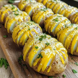 - 4 medium-sized russet potatoes - 4 tablespoons unsalted butter, melted - 4 cloves garlic, minced - 1 teaspoon dried Italian herbs (oregano, thyme, basil) - Salt and freshly ground black pepper to taste - 1 cup grated Parmesan cheese - Fresh parsley, chopped for garnish Garlic Parmesan Hasselback potatoes are a true delight. They are crispy, cheesy, and full of flavor. The main ingredients set the stage for this dish. I use medium-sized russet potatoes. They are starchy and fluffy, perfect for baking. The unsalted butter adds richness, while minced garlic gives a strong kick. Next, I mix in the seasoning components. The dried Italian herbs bring warmth and depth. Just a pinch of salt and fresh black pepper enhances the taste. Finally, we can’t forget the garnishing elements. Grated Parmesan cheese melts beautifully. It creates a crispy, golden topping. Fresh parsley adds a pop of color and freshness. This simple mix of ingredients makes Garlic Parmesan Hasselback Potatoes a crowd-pleaser. Each bite is packed with savory goodness. - Preheat oven to 425°F (220°C). - Wash and dry the potatoes. Start by preheating your oven to a nice hot 425°F. This helps the potatoes cook evenly and get that lovely crispy skin. Next, wash each potato well under running water to remove any dirt. After washing, pat them dry with a towel. This step is key for a good bake! - Use wooden spoons to slice potatoes without cutting through. - Aim for thin, even slices about 1/8-inch apart. To slice the potatoes, place them between two wooden spoons. This trick keeps your knife from cutting all the way through. Make thin slices about 1/8-inch apart. This helps the butter and garlic seep into the potato, giving it amazing flavor. - Mix melted butter, minced garlic, and dried herbs in a bowl. - Brush the garlic herb butter on the potatoes. - Wrap potatoes in aluminum foil and bake for 40 minutes. - Unwrap, sprinkle cheese, and bake until golden. In a small bowl, combine melted butter, minced garlic, and dried Italian herbs. This mix is the heart of your flavor boost. Once mixed, brush this garlic herb butter all over the potatoes. Make sure to get some between the slices. Season with salt and pepper for extra taste. Next, wrap each potato tightly in aluminum foil. Place them right on the oven rack and bake for 40 minutes. After this time, carefully unwrap the potatoes and sprinkle the grated Parmesan cheese over them. Pop them back in the oven until the cheese melts and turns golden brown. This step creates that crispy, cheesy crust everyone loves! To get the best bake, adjust your time based on your oven type. Electric ovens often bake more evenly than gas ovens. You may need to check the potatoes a bit earlier in a gas oven. For doneness, a fork should easily pierce the potato. If you don’t feel any resistance, they are ready. The outside should be crispy and the inside fluffy. To boost the flavor, consider adding spices like smoked paprika or chili powder. These give a nice kick. Fresh herbs like rosemary or chives can add brightness too. You can switch up the cheese for different tastes. Try gruyere for a nutty flavor or feta for a tangy twist. Each cheese adds its unique charm to the dish. These potatoes pair well with grilled meats like chicken or steak. They also go great with roasted veggies for a heartier meal. For dips, sour cream and chives or a creamy ranch work well. You can even drizzle a balsamic glaze for a sweet touch. Enjoy experimenting with your favorite flavors! {{image_2}} You can switch things up by using sweet potatoes. They add natural sweetness and extra fiber. For a vegan twist, try using olive oil instead of butter. Nutritional yeast can replace Parmesan cheese for a cheesy flavor without dairy. If you want a quicker option, try air frying. It cooks the potatoes fast while keeping them crisp. Grilling is another fun method. It adds a smoky taste that works great with the garlic and cheese. You can make these potatoes even better with seasonal veggies. Roasted cherry tomatoes or bell peppers add color and flavor. During holidays, sprinkle in herbs like rosemary or toppings like cranberry for a festive touch. To store leftover Garlic Parmesan Hasselback Potatoes, let them cool first. Place them in an airtight container. This helps keep them fresh. You can store them in the fridge for about three days. When reheating, I recommend using the oven. Preheat it to 350°F (175°C). Place the potatoes on a baking sheet. Cover them loosely with foil. This way, the potatoes stay warm and the cheese won't burn. Heat for about 15-20 minutes, or until hot. Yes, you can freeze Hasselback potatoes! But, they taste best fresh. If you freeze them, let them cool completely first. Wrap each potato tightly in plastic wrap. Then, place them in a freezer bag. To reheat, thaw them overnight in the fridge. When ready, bake them in the oven at 350°F (175°C). Cover with foil for about 20-25 minutes. This helps them warm up evenly. In the fridge, Garlic Parmesan Hasselback Potatoes last about three days. After that, their taste and texture may change. Look for signs of spoilage. If they smell sour or look slimy, it’s time to toss them. Fresh potatoes should feel firm and have a nice garlic scent. Always trust your senses! Hasselback potatoes are a special way to slice and bake potatoes. They get their name from a restaurant in Sweden called Hasselbacken. This dish became popular in the 1950s. The thin slices help the potato cook evenly and soak up flavors. You get a crispy outside and a soft inside, making every bite tasty. Yes, you can prep Hasselback potatoes ahead of time. Wash and slice the potatoes as instructed. Then, cover them in the fridge for a few hours or overnight. When you're ready to cook, just add the garlic butter and cheese. This saves you time and makes dinner easy. If you need a gluten-free option, this recipe is already gluten-free. For a dairy-free version, swap the butter with olive oil and use a dairy-free cheese. You can also try using sweet potatoes for a healthier twist. Adjusting these ingredients helps you enjoy this dish while meeting your dietary needs. In this post, we covered the basics of making delicious Garlic Parmesan Hasselback Potatoes. We explored the main ingredients, step-by-step instructions, and tips to get that perfect bake. You can also try fun variations and learn how to store leftovers properly. Remember, this dish is versatile and can adapt to your taste. Whether for a cozy dinner or a festive gathering, these potatoes shine. Enjoy making them your own!