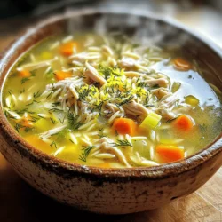 To make a bowl of Greek Lemon Chicken Soup, you need fresh and simple ingredients. Each one adds great flavor and warmth to the dish. Here’s what you will need: - 1 tablespoon olive oil - 1 medium onion, diced - 2 garlic cloves, minced - 3 medium carrots, sliced - 2 celery stalks, sliced - 1 pound boneless, skinless chicken breasts - 6 cups chicken broth - 1 cup orzo pasta (or rice) - 1 teaspoon dried oregano - 1 lemon, juiced and zested - 2 eggs - Fresh dill or parsley, for garnish - Salt and pepper to taste These ingredients come together to create a bright and comforting soup. The lemon juice adds a zesty punch, while the chicken provides a hearty base. The orzo or rice gives it a nice texture. Each ingredient plays a role in making the soup warm and inviting. 1. Sautéing onions and garlic Start by heating 1 tablespoon of olive oil in a large pot. Set your heat to medium. Add the diced onion. Cook the onion for about 3-4 minutes. It should turn translucent. Then, add 2 minced garlic cloves. Cook for another minute until it smells great. 2. Adding vegetables and chicken Next, slice 3 medium carrots and 2 celery stalks. Stir these into the pot and sauté for about 5 minutes. Now, grab 1 pound of boneless, skinless chicken breasts. Place them into the pot. Pour in 6 cups of chicken broth. Bring this mix to a simmer. Cook for 20-25 minutes. The chicken should be fully cooked. 3. Cooking and shredding chicken Once the chicken is done, remove it from the pot. Set the chicken on a plate. Use two forks to shred it into bite-sized pieces. This step adds texture to your soup. 4. Integrating orzo and seasonings Return the shredded chicken to the pot. Now it’s time for the orzo. Add 1 cup of orzo pasta (or rice) along with 1 teaspoon of dried oregano. Squeeze in the juice from 1 lemon and add its zest too. Let the soup simmer for 10-12 minutes, until the orzo is tender. 5. Tempering eggs and finishing the soup In a small bowl, whisk together 2 eggs. Add a small amount of hot soup to this bowl to temper the eggs. Slowly mix this back into the pot while stirring. This helps keep the eggs from cooking too fast. Finally, season with salt and pepper to taste. Serve hot, garnished with fresh dill or parsley for extra flavor. How to avoid curdling eggs To keep the eggs from curdling, whisk them with hot soup first. This warms them gently. Then, slowly mix the eggs back into the pot while stirring. This helps create a smooth texture. Best practices for shredding chicken After cooking, let the chicken rest for a few minutes. Use two forks to pull the meat apart. This method makes it easy and gives you nice, even shreds. Flavor enhancements with herbs Fresh herbs add great taste. Try using dill or parsley as a garnish. You can also mix in chopped fresh herbs during cooking for extra flavor. Oregano is a classic choice and works well here. Overcooking vegetables Be careful not to cook the veggies too long. They should stay tender and bright. Add them to the pot in stages, so they cook evenly. Underseasoning the broth Taste your broth as you cook. Adding salt and pepper at the right time makes a big difference. You want a balanced flavor that suits your taste. Choosing the right pasta Orzo is a great choice for this soup, but you can use rice too. If you pick a different pasta, make sure it cooks well in broth. This ensures a delicious, hearty dish. {{image_2}} If you want a vegetarian or vegan version of Greek lemon chicken soup, you can easily swap out the chicken. Try using plant-based proteins like tofu or tempeh. These options absorb flavors well and add protein to your soup. You can also use chickpeas for a hearty bite. For the broth, replace chicken broth with vegetable broth. This simple change keeps the soup rich and tasty. Add a splash of lemon juice to enhance the flavor. You can still enjoy the bright, zesty taste without meat. You can switch up the pasta in this soup. If you don't have orzo, try small shells or ditalini pasta. Rice is also a great replacement. Each option brings a different texture, so pick what you like best. Adding more veggies can make the soup even better. Try bell peppers, spinach, or zucchini. These add color and nutrients. Just chop them up and toss them in with the other veggies. This way, you can personalize the soup to fit your taste and what you have on hand. To keep your Greek lemon chicken soup fresh, store it properly. - Refrigeration tips: Let the soup cool completely before putting it in the fridge. Use an airtight container. It can last for about 3-4 days. If you have leftovers, make sure to label the container with the date. This helps you remember when to use it. - Freezing guidelines: If you want to store the soup longer, freezing is a great option. Use freezer-safe containers or bags. Leave some space for expansion. The soup can last for 2-3 months in the freezer. When ready to eat, thaw it in the refrigerator overnight. Reheating your soup can bring it back to life. To do this well, follow these tips. - Best practices for reheating without loss of flavor: Heat the soup on the stove over medium heat. Stir often to avoid burning. You can also use a microwave, but cover the bowl loosely. Heat in 1-minute intervals, stirring in between. Check the temperature before serving to ensure it's hot throughout. Adding a splash of broth or water can help restore the soup's original taste and texture. What can I serve with this soup? You can serve Greek lemon chicken soup with crusty bread, a fresh salad, or roasted veggies. These sides add great texture and flavor. A light, tangy salad pairs well with the soup's richness. Can I make it gluten-free? Yes, you can make this soup gluten-free. Just use rice instead of orzo. Rice cooks well and absorbs the soup's flavors. Always check your broth for gluten-free options. How long does it take to make? This soup takes about one hour to make. Prep time is 15 minutes, and cooking takes around 45 minutes. You can enjoy a warm bowl of comfort in no time. Can I use pre-cooked chicken? Absolutely! Using pre-cooked chicken saves time. Just add it in the last few minutes of cooking. This way, it heats through without overcooking. Shredded rotisserie chicken works great here. This blog post covered everything you need for making Greek lemon chicken soup. You learned about key ingredients, step-by-step cooking methods, and valuable tips for success. I shared ways to store and reheat your soup without losing flavor. Remember, making variations can keep your meals exciting. With these insights, creating this comforting dish will be easy and enjoyable. Happy cooking!