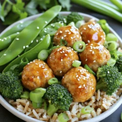 - 1 pound ground chicken or turkey - 1/4 cup breadcrumbs - 1/4 cup grated Parmesan cheese - 1 egg - 2 tablespoons soy sauce - 1 tablespoon ginger, minced - 1 tablespoon garlic, minced - 1 tablespoon green onion, finely chopped - 1/2 teaspoon black pepper - 2 tablespoons sesame oil - 1/4 cup teriyaki sauce To make delicious teriyaki meatballs, you need a few key items. Ground chicken or turkey forms the meat base. Breadcrumbs and Parmesan cheese help bind everything together. Soy sauce adds a savory kick, while teriyaki sauce brings in the sweet and tangy flavor. - 1 cup broccoli florets - 1 cup snap peas - Additional green onions Fresh vegetables brighten this dish. Broccoli florets add crunch and color. Snap peas bring a sweet bite. Green onions, both in the meatballs and as a garnish, give a fresh taste. - Sesame seeds - Additional green onions Garnishes make every dish look great. A sprinkle of sesame seeds adds texture and a nutty taste. Extra green onions on top give a pop of color and flavor. These small touches elevate your teriyaki meatball bowls. 1. Preheat the oven and line baking sheet: Start by preheating your oven to 400°F (200°C). This step is key for cooking the meatballs evenly. Line a baking sheet with parchment paper to prevent sticking. 2. Prepare the meatball mixture: In a large bowl, mix together the ground chicken, breadcrumbs, grated Parmesan cheese, egg, soy sauce, minced ginger, minced garlic, chopped green onions, and black pepper. Use your hands to blend everything well. The mixture should feel sticky but hold together nicely. 3. Form and bake the meatballs: Use your hands to scoop the mixture and form small meatballs, about 1 inch in size. Place them on the prepared baking sheet. Bake them in the oven for 20-25 minutes. They should turn golden brown and be cooked through. 4. Sauté the vegetables: While the meatballs bake, heat sesame oil in a large skillet over medium heat. Add the broccoli florets and snap peas. Sauté them for about 5-7 minutes. You want them to stay vibrant in color and tender in texture. 5. Combine meatballs and sauce with vegetables: Once the meatballs are done, place them in the skillet with the sautéed vegetables. Pour the teriyaki sauce over everything, stirring gently to coat the meatballs and veggies evenly. 6. Serve in bowls over brown rice: In a bowl, add a serving of cooked brown rice. Top it with the teriyaki-coated meatballs and vegetables. For a pretty finish, garnish with sesame seeds and sliced green onions. This adds both flavor and a lovely look to your dish. When making teriyaki meatballs, you can choose between ground chicken and turkey. Both options work well. Chicken gives a lighter taste, while turkey offers a richer flavor. Mixing the ingredients properly is key. You don’t want to overmix, but you do want everything combined. This helps your meatballs stay juicy and tender. To get perfect sautéed vegetables, heat your skillet before adding oil. Use medium heat and add the broccoli and snap peas. Stir them for about 5-7 minutes. Look for bright colors and a tender bite. You can swap veggies based on what’s in season. Try bell peppers in summer or carrots in the fall. This keeps your dish fresh and exciting. Pair your teriyaki meatball bowls with cooked brown rice. The rice absorbs flavor and adds texture. For a fun twist, serve in deep bowls. Layer rice, meatballs, and vegetables. Top with sesame seeds and green onions for a vibrant look. This presentation makes the meal feel special. {{image_2}} You can switch the ground chicken for other meats. Beef or pork works great too. Just keep the same amounts. If you want a vegetarian meal, try using plant-based meat. Brands like Beyond Meat or Impossible Burger taste amazing in this dish. You might want to make your own teriyaki sauce. Mix 1/4 cup soy sauce, 1/4 cup honey, and 1 tablespoon rice vinegar. This gives a fresh taste. You can also change the flavor. Add chili flakes for spice or pineapple juice for sweetness. If you're looking for a change from brown rice, try quinoa. It packs a protein punch! Cauliflower rice is another great choice. It’s light and low in carbs. For gluten-free options, use rice or quinoa. Both keep your meal tasty and healthy. To store your teriyaki meatball bowls, let them cool first. Place the leftovers in an airtight container. They will stay fresh for about three to four days in the fridge. For the best taste, try to eat them within this time. If you want to keep them longer, consider freezing. You can freeze the meatballs for later meals. Allow them to cool completely, then place them in a freezer-safe bag or container. They can last for up to three months in the freezer. When you're ready to eat, thaw them in the fridge overnight. To reheat, bake at 350°F (175°C) for about 15-20 minutes until warm. Preparing ahead can save time during busy weeks. You can make a big batch of meatballs and store them in the fridge or freezer. Portion them out with rice and veggies for quick lunches. This way, you can enjoy a healthy meal in no time! Making teriyaki sauce at home is easy! You need just a few simple ingredients: - 1/2 cup soy sauce - 1/4 cup brown sugar - 1/4 cup honey or maple syrup - 1 tablespoon rice vinegar - 2 teaspoons cornstarch - 2 tablespoons water 1. In a small pot, mix soy sauce, brown sugar, and honey. 2. Heat over medium heat until sugar dissolves. 3. In a separate bowl, combine cornstarch and water. 4. Add this mix to the pot and stir. 5. Cook until the sauce thickens, about 2-3 minutes. This sauce is sweet and savory. It works great on meatballs and veggies too! Yes, you can use frozen vegetables! They save time and are often just as healthy. Here are some best practices: - Thaw: Let them sit out for a bit or microwave them. - Drain: Remove excess water to avoid sogginess. - Sauté: Cook them straight from frozen or after thawing. - Timing: Add them to the pan later, so they stay crisp. Frozen veggies can taste fresh and vibrant when cooked right. If you want to switch up your base, there are tasty options! Here are some healthy substitutes: - Quinoa: High in protein and cooks quickly. - Cauliflower rice: Low-carb and great for a lighter meal. - Brown rice: If you want more fiber, stick with brown rice. - Zucchini noodles: A fun, veggie twist! These options can add fun textures and flavors to your teriyaki meatball bowls! This blog post gave you simple steps to make teriyaki meatball bowls. We discussed key ingredients like ground chicken, breadcrumbs, and tasty veggies. You learned how to prepare, cook, and present your meal. The tips ensure your meatballs and veggies turn out great every time. Lastly, I shared storage ideas for leftovers and meal prep. Experiment with different proteins and sauces to tailored your dish. Enjoy your cooking journey!