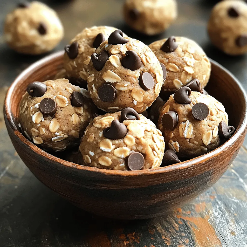 - 1 cup rolled oats - 1/2 cup almond flour - 1/2 cup natural peanut butter (or almond butter) - 1/4 cup honey or maple syrup - 1/4 cup chocolate chips (semi-sweet or dark) - 1/4 cup vanilla protein powder - 1 tsp vanilla extract - A pinch of salt I love using simple ingredients in my No Bake Cookie Dough Protein Bites. Each one plays a key role in flavor and nutrition. Rolled oats give a great base, adding fiber and texture. Almond flour adds healthy fats and helps bind everything together. Peanut butter or almond butter gives creaminess and protein. Honey or maple syrup brings sweetness, while chocolate chips add a fun treat. Vanilla protein powder boosts the protein content, making these bites perfect for energy. A dash of vanilla extract enhances the flavor, and salt balances it all out. These protein bites are not just tasty; they also provide great nutrition. Each bite gives you a nice mix of protein, healthy fats, and fiber. The protein helps build and repair muscles. Fiber keeps you full and supports digestion. Healthy fats from nut butter are good for your heart. Together, these bites create a balanced snack that fuels your day. You can easily swap ingredients to match your taste or dietary needs. If you have an allergy to nuts, try sunflower seed butter instead of peanut butter. For a vegan option, use maple syrup and a plant-based protein powder. If you want a gluten-free version, make sure to use gluten-free oats. You can also switch chocolate chips for dried fruit or seeds for a new flavor twist. To make these no bake cookie dough protein bites, gather your ingredients. You need rolled oats, almond flour, peanut butter, honey, chocolate chips, protein powder, vanilla extract, and a pinch of salt. This recipe is simple and fun. It takes about 10 minutes to prepare. 1. Start with a large mixing bowl. Add 1 cup of rolled oats, 1/2 cup of almond flour, and 1/4 cup of protein powder. Stir these dry ingredients well. 2. In a different bowl, mix 1/2 cup of peanut butter, 1/4 cup of honey, 1 teaspoon of vanilla extract, and a pinch of salt. Blend until it is creamy and smooth. 3. Pour the wet mixture into the dry ingredients. Stir until everything blends together. The mix can be thick. You may need to use your hands to get it all combined. 4. Add 1/4 cup of chocolate chips to the dough. Gently fold them in, so they spread evenly. 1. Take about 1 tablespoon of the dough. Roll it into a ball with your hands. Do this until all the dough is used. 2. Place each ball on a parchment-lined plate or baking sheet. Make sure they are spaced out. 3. Chill the bites in the fridge for at least 30 minutes. This helps them firm up. You can eat them right away if you want a softer treat. Enjoy your tasty protein bites! They make perfect snacks for any time of the day. You can make these bites your own. Try adding different mix-ins. Use dried fruit, nuts, or seeds for extra flavor. Swap almond flour for coconut flour if you prefer. You can also change the nut butter. Cashew or sunflower butter work well. Want a sweeter bite? Add more honey or maple syrup. For a fun twist, use flavored protein powder like chocolate or vanilla. Mixing is key to great bites. Start by blending the dry ingredients well. This helps the oats and flour combine. When mixing wet ingredients, ensure they are creamy. This way, they blend easily with the dry mix. Use your hands to combine if needed. This makes sure every bite has flavor and texture. Don’t rush this step. Take your time to mix well. Presentation matters! Serve your protein bites in a cute bowl. You can add a sprinkle of extra chocolate chips on top. This looks nice and adds extra flavor. These bites are great for snacks or after workouts. Pack them for a quick, healthy treat on the go. You can also store them in the fridge for a fresh taste anytime. Enjoy your bites with a glass of milk or a smoothie for a full snack experience. {{image_2}} You can easily change the flavor of these bites. Instead of vanilla extract, try almond or coconut flavor. You can also add spices like cinnamon or nutmeg for warmth. Want a chocolate twist? Use cocoa powder in place of some almond flour. This will give you a rich, chocolatey flavor that is hard to resist. Making these bites vegan is simple. Just swap honey for maple syrup or agave nectar. For gluten-free options, ensure your oats are certified gluten-free. Both changes keep the bites tasty while meeting your dietary needs. You can enjoy these treats guilt-free, no matter your diet. Add-ins can bring new life to your protein bites. Consider adding chopped nuts for crunch. Walnuts or almonds work great. Dried fruit like cranberries or raisins can also add sweetness and chewiness. For a fun twist, try adding seeds like chia or flax for extra nutrition. Mix and match your favorite add-ins to create your perfect bite! Store your no bake cookie dough protein bites in an airtight container. This keeps them fresh. I recommend using glass or plastic containers. Place a piece of parchment paper between layers if needed. This prevents them from sticking together. These bites last about one week in the fridge. If you want them to last longer, consider freezing them. The bites taste great even after a week. Just make sure to check for any changes in smell or texture. To freeze, place the bites on a baking sheet. Make sure they do not touch. Freeze them for about an hour. After that, transfer the bites to a freezer-safe bag or container. They can last up to three months in the freezer. When you want to eat them, just take out what you need. Let them thaw in the fridge for a few hours before enjoying. No bake protein bites last about one week in the fridge. Store them in an airtight container. They stay fresh and tasty. If you want to keep them longer, freeze them. They can last up to three months in the freezer. Just thaw them in the fridge before you eat them. Yes, you can use different nut butters! Almond butter, cashew butter, or sunflower seed butter work great. Each nut butter gives a unique taste and texture. Try a few to find your favorite. Just make sure it is creamy for the best results. Enjoy these protein bites as a snack or a post-workout treat. They are great before or after exercise. You can also take them on the go. Pair them with fruits or yogurt for a balanced meal. Serve them in a bowl with extra chocolate chips on top for fun! You learned about no-bake protein bites, from ingredients to storage. We explored nutritious choices, substitutes, and how to mix and chill your bites. You also discovered tips to customize flavors and textures to fit your taste. Finally, I shared the best ways to store and extend the shelf life. Enjoy making these bites your own. They are easy and fun to create, and they can fit any diet. Start experimenting today, and enjoy your tasty, healthy snacks!