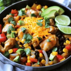 To make a tasty Tex-Mex Chicken Skillet, gather these key items: - 1 lb boneless, skinless chicken thighs, diced - 1 tablespoon olive oil - 1 medium onion, chopped - 2 cloves garlic, minced - 1 bell pepper (red or yellow), diced - 1 cup corn kernels (fresh or frozen) - 1 can (15 oz) black beans, rinsed and drained - 1 can (14.5 oz) diced tomatoes with green chilies - 1 tablespoon chili powder - 1 tablespoon cumin - 1 teaspoon smoked paprika - Salt and pepper to taste - 1 cup shredded cheddar cheese These toppings add extra flavor and freshness: - Fresh cilantro, chopped - Avocado slices - Lime wedges Here’s what you need for this recipe: - Large skillet - Cutting board - Chef's knife - Measuring spoons - Wooden spoon or spatula - Serving plates Gather these ingredients and tools before you start cooking. This will help keep the process smooth and fun! Start by heating one tablespoon of olive oil in a large skillet over medium-high heat. Once the oil is hot, add one pound of diced boneless, skinless chicken thighs. Season them with salt, pepper, chili powder, cumin, and smoked paprika. Stir well to coat the chicken. Cook for about 5 to 7 minutes. You want the chicken to be cooked through and nicely browned. This step gives your dish a great base flavor. Next, add one medium chopped onion and two minced garlic cloves to the skillet. Sauté for 2 to 3 minutes until the onion turns soft and clear. This brings out the sweet flavor of the onion. Now, stir in one diced bell pepper, one cup of corn kernels, and one can of rinsed black beans. Add a 14.5-ounce can of diced tomatoes with green chilies as well. Be sure to mix everything well. Let the mixture simmer for 5 to 10 minutes. This allows all the flavors to blend nicely. Once everything is heated and the flavors meld, sprinkle one cup of shredded cheddar cheese on top. Cover the skillet and let it sit for about 2 to 3 minutes. This melts the cheese perfectly. When done, remove from heat and add fresh cilantro for garnish. Serve your Tex-Mex chicken skillet right away with avocado slices and lime wedges on the side. Enjoy this colorful and tasty meal that is quick to make! To boost the taste of your Tex-Mex Chicken Skillet, use fresh herbs. Cilantro adds a bright note. Lime juice also lifts the dish. You can squeeze it over the top right before serving. A pinch of salt enhances all the flavors. Consider adding fresh jalapeños for a spicy kick. Always preheat your skillet. This helps the chicken brown nicely. Use medium-high heat to cook the chicken quickly. Don’t overcrowd the pan; it can steam the meat instead of browning it. Stir often to avoid burning and ensure even cooking. Remember to let the cheese melt fully before serving! Serve this dish hot. Top each bowl with avocado slices for creaminess. Lime wedges add a zesty touch. You can also offer tortilla chips on the side for crunch. Pair the skillet with rice or warm tortillas for a complete meal. Enjoy with your favorite drink for a fun experience! {{image_2}} You can easily change the flavor of your Tex-Mex chicken skillet. Here are some swaps: - Chicken Thighs: Use chicken breasts for a leaner option. You can also try turkey for a different taste. - Beans: Black beans are great, but pinto beans or kidney beans work too. - Bell Peppers: Try different colors or even jalapeños for a kick. - Tomatoes: Use fresh tomatoes if you want a lighter taste. These swaps give you a fun way to mix things up! Want a meat-free version? No problem! Here’s how to make it vegetarian or vegan: - Replace Chicken: Use diced zucchini, eggplant, or tempeh. These add great texture. - Cheese: Skip the cheddar or use vegan cheese. Nutritional yeast can also add a cheesy flavor. - Beans and Corn: Keep the black beans and corn. They are perfect for protein and fiber. These swaps keep the dish hearty and satisfying! If you like heat, here are some spicy add-ins: - Chili Peppers: Add diced jalapeños or serrano peppers for more heat. - Hot Sauce: A few dashes of your favorite hot sauce can elevate the flavor. - Spicy Seasoning: Use cayenne pepper or chipotle powder to amp up the spice level. These options let you customize your skillet to your heat preference! Store your Tex-Mex chicken skillet in an airtight container. This will keep it fresh for up to four days. Let the dish cool completely before sealing it. This helps avoid extra moisture inside the container. When you're ready to eat, just grab it from the fridge. You can freeze the chicken skillet for up to three months. Use a freezer-safe container or heavy-duty freezer bags. Make sure to label them with the date. When you’re ready to enjoy it again, thaw it in the fridge overnight. This method keeps the flavors intact. To reheat, use a skillet over medium heat. Add a splash of water or broth to prevent drying out. Stir frequently, and heat until hot, about 5-7 minutes. You can also use a microwave. Heat in 30-second intervals until warm. Enjoy your meal just like fresh! You can use chicken breast instead of thighs. Chicken breast is leaner and cooks faster. If you prefer a different protein, try turkey or even shrimp. For a plant-based option, use tofu or tempeh. Just make sure to adjust cooking times based on your choice. Chicken thighs add great flavor and moisture, but these options work well too. To amp up the heat, add more chili powder or diced jalapeños. You can also use a spicy salsa instead of regular diced tomatoes. If you want a deeper heat, add cayenne pepper. For a smoky kick, consider chipotle in adobo sauce. Spice it to your taste, and enjoy the added flavor! Yes, you can make this dish ahead of time! Cook the chicken and veggies, then let them cool. Store in an airtight container in the fridge for up to three days. When ready to eat, just reheat in the skillet until warm. You can also freeze it for later. Just make sure to thaw it overnight before reheating. In this blog post, we covered essential ingredients, simple steps, and handy tips for your dish. You learned about key tools and optional garnishes to boost flavor. We discussed variations to suit different tastes and how to store your meal for later. Overall, cooking can be fun and rewarding. Remember, experimenting with flavors can lead to delightful dishes. Enjoy your culinary journey!