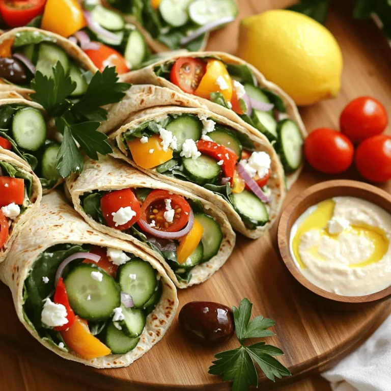 - 4 large whole wheat tortillas - 1 cup hummus (store-bought or homemade) - 1 cup cucumber, thinly sliced - 1 cup cherry tomatoes, halved - 1 cup bell peppers (red, yellow, or green), sliced - 1/2 red onion, thinly sliced - 1 cup baby spinach or mixed greens - 1/2 cup feta cheese, crumbled - 2 tablespoons olive oil - 1 tablespoon lemon juice - Salt and pepper to taste - Optional: Kalamata olives, pitted and sliced - Sharp knife - Cutting board - Mixing bowl - Toothpicks (optional) To make the Greek Veggie Hummus Wrap, you need simple, fresh ingredients. Whole wheat tortillas are the base. They are healthy and add a nice flavor. Hummus is the star, providing creaminess. You can use store-bought or homemade. Next, gather fresh vegetables. I love using cucumbers, cherry tomatoes, bell peppers, and red onion. They add crunch and color to the wrap. Baby spinach or mixed greens give extra nutrition and freshness. Feta cheese adds a salty twist, making each bite tasty. Olive oil and lemon juice make a zesty dressing. This dressing enhances the flavors. Salt and pepper add the final touch. For an optional ingredient, add Kalamata olives. They offer a bold flavor that pairs well with the other ingredients. Now, let's talk tools. A sharp knife is a must for cutting veggies. A cutting board helps keep your workspace neat. Use a mixing bowl for the dressing. If you want to hold the wrap together, toothpicks are handy. With these ingredients and tools, you are ready to create a delicious Greek Veggie Hummus Wrap! To start, wash your fresh veggies well. Rinse the cucumber, cherry tomatoes, bell peppers, and red onion under cold water. This ensures they are clean and fresh. Next, slice them into thin pieces. I find that thin slices make the wrap easier to eat. Once sliced, set the vegetables aside on a plate or in a bowl. Now, grab a whole wheat tortilla. Lay it flat on a clean surface. Spread a good layer of hummus on the tortilla. Make sure you leave about an inch border around the edges. This prevents the hummus from spilling out. Next, layer your sliced veggies on top of the hummus. Start with cucumbers, then add tomatoes, bell peppers, and red onions. On top of the veggies, add a handful of baby spinach or mixed greens. Crumble some feta cheese over everything for added flavor. If you enjoy olives, sprinkle sliced Kalamata olives for a tasty twist. To wrap your tortilla, fold in the edges first. Then, roll tightly from the bottom. This keeps all the fillings secure inside. Repeat this with the other tortillas and the remaining ingredients. Cut each wrap in half diagonally. You can secure them with a toothpick if you like. For a nice presentation, arrange the wraps on a platter. Serve with extra hummus and dressing on the side. Garnish with a sprig of parsley or a lemon slice for a fresh look. When picking hummus, you have two choices: homemade or store-bought. Homemade hummus is fresh and tasty. It allows you to control flavors. You can add garlic, herbs, or spices. Store-bought hummus is convenient and saves time. Look for brands that use simple ingredients. For a twist, try adding roasted red pepper or sun-dried tomatoes to your hummus. This gives it extra flavor and a fun color. To make a great wrap, you need to balance the ingredients. Use about 1 cup of veggies for each tortilla. This keeps your wrap full but not too heavy. Make sure to leave space on the edges when spreading hummus. This helps with rolling and keeps it neat. If you want a mess-free wrap, fold the sides in first. Then, roll it tightly from the bottom. This way, all the tasty fillings stay inside. Pair your wraps with dips like extra hummus or tzatziki for added flavor. You can also serve them with crunchy veggies or a side salad. These wraps are perfect for lunch, picnics, or casual dinners. They are fresh and colorful, making any meal feel special. For a fun touch, arrange the wraps on a platter with a bowl of dressing for dipping. This makes a great presentation for guests. {{image_2}} You can switch up the veggies based on the season. In summer, add zucchini or radishes. In winter, consider roasted carrots or Brussels sprouts. If you have dietary restrictions, you can use any vegetable you enjoy. Bell peppers can be swapped for roasted red peppers. If you need a low-carb option, try lettuce leaves instead of tortillas. Tzatziki sauce makes a great alternative to hummus. It adds a cool, creamy touch. You can also try baba ganoush or a spicy red pepper dip. These options give more flavor and variety. If you want extra zest, mix in some herbs like dill or parsley into your spreads. Wraps can serve as fun appetizers at parties. Cut them into smaller pieces for sharing. You can also serve them as a main course, paired with a salad. For gatherings, create a wrap platter. Add different dips and a variety of wraps. This way, everyone can enjoy their favorite flavors. To keep your Greek veggie hummus wraps fresh, wrap them tightly in plastic wrap. You can also use foil or place them in an airtight container. This helps prevent them from drying out. Store the wraps in the fridge for up to three days. If you want to enjoy them later, remove any fresh veggies that might spoil quickly, like tomatoes and cucumbers. If you have leftover wraps, you can easily repurpose them. Cut them into pinwheels for a fun snack or add them to salads for extra flavor. If you want to reheat them, use a skillet. Heat gently for a few minutes on each side until warm. This helps keep the wrap soft and tasty. To save time, you can prepare these wraps in advance. You can wash and slice your veggies the night before. Store them in the fridge in a container. This way, you can easily assemble your wraps when you're ready to eat. You can also freeze these wraps for future meals. Wrap them tightly in plastic wrap and then place them in a freezer bag. To eat, thaw in the fridge overnight. In the morning, you can enjoy a quick and easy meal. Just remember that some veggies may get soggy after freezing. Stick to sturdy vegetables like bell peppers and spinach for the best results. You can use several options if you want to swap out feta cheese. - Dairy-free alternatives: Try using crumbled tofu mixed with lemon juice for a tangy taste. Another option is vegan feta, which you can find in stores. - Other cheese options: Goat cheese works well if you enjoy its creamy texture. You can also use mozzarella for a milder flavor. A Greek Veggie Hummus Wrap has about 300-400 calories per serving. - Nutritional breakdown per serving: The wrap includes whole wheat tortillas, hummus, fresh veggies, and feta cheese. Each ingredient adds to the total calories and nutrients. Whole wheat tortillas provide fiber, while veggies give vitamins. Hummus adds protein and healthy fats. Yes, you can easily make this wrap gluten-free. - Suggestions for gluten-free tortillas: Look for gluten-free wraps made from rice or corn. Many brands offer tasty options that work well. - Ensuring a fully gluten-free wrap: Check all your ingredients, including hummus and veggies, to be sure they are gluten-free. Avoid cross-contamination by using clean tools. Making a Greek Veggie Hummus Wrap is simple and fun. You gather fresh ingredients like whole wheat tortillas, veggies, and hummus. We explored easy steps for preparation, assembly, and tips for perfecting your wrap. Consider variations to suit your tastes and dietary needs. In the end, these wraps are perfect for any meal or gathering. Enjoy making them your own!
