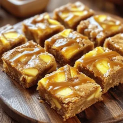 - 1 cup unsalted butter, melted - 1 1/2 cups packed brown sugar - 1/4 cup granulated sugar - 2 large eggs - 1 teaspoon vanilla extract - 2 cups all-purpose flour - 1 teaspoon baking powder - 1/2 teaspoon baking soda - 1/2 teaspoon salt - 1 teaspoon ground cinnamon - 1/2 cup apple cider - 1/2 cup chopped apples (preferably Granny Smith for tartness) - 1/2 cup caramel sauce (store-bought or homemade) This recipe creates a rich and flavorful treat. The unsalted butter gives the blondies a smooth texture. Using both brown sugar and granulated sugar adds depth to the sweetness. Eggs act as a binder, while vanilla extract enhances the flavor. Flour, baking powder, baking soda, and salt provide structure and help the blondies rise. Ground cinnamon adds warmth and spice. Apple cider gives a hint of fruitiness, and chopped apples add texture. Caramel sauce is key to that luscious finish. You can choose store-bought for ease or make your own for a personal touch. Each ingredient plays an important role in creating a delightful dessert that bursts with flavor. First, set your oven to 350°F (175°C). This is the perfect heat for baking. Next, grab a 9x13 inch baking pan. Grease it well, then line it with parchment paper. Leave some paper hanging over the edges. This makes it easy to lift out the blondies later. In a large bowl, add one cup of melted unsalted butter. Then, mix in one and a half cups of packed brown sugar and a quarter cup of granulated sugar. Whisk these together until they look smooth and creamy. Now, crack in two large eggs, adding them one at a time. Whisk well after each egg. Finally, stir in one teaspoon of vanilla extract for that rich flavor. In another bowl, combine two cups of all-purpose flour, one teaspoon of baking powder, half a teaspoon of baking soda, half a teaspoon of salt, and one teaspoon of ground cinnamon. Whisk these dry ingredients together until they are well mixed. Now, slowly add this dry mix to the wet ingredients. Stir gently until everything is just combined. Next, fold in half a cup of apple cider and half a cup of chopped Granny Smith apples. The batter will feel thick and hearty. Pour half of the batter into your prepared pan. Spread it out evenly. Now, drizzle half of the caramel sauce over this layer. This will give it a sweet touch. Carefully spoon the rest of the batter on top, spreading it with a spatula. Drizzle the remaining caramel sauce over this layer. Use a knife to swirl the caramel lightly into the batter. This adds a lovely design. Now, place your pan in the preheated oven. Bake for 25 to 30 minutes. The edges should turn golden brown. To test if they are done, stick a toothpick in the center. It should come out clean, or with a few moist crumbs. After baking, let the blondies cool in the pan for about 10 minutes. Then, use the parchment paper to lift them out. Let them cool completely on a wire rack. To get the perfect texture in your Apple Cider Caramel Blondies, start with melted butter. This helps keep the blondies dense and chewy. Mix the sugars in well. This gives a rich flavor. Use room temperature eggs for a better blend. When baking, check at 25 minutes. If the edges are golden, they are likely done. A toothpick should come out with a few moist crumbs. You can swap out sugars for a different taste. Try coconut sugar or maple sugar for a unique twist. If you need a gluten-free option, use almond flour or a gluten-free blend. For apple cider, you can use apple juice in a pinch. Adding nuts like walnuts or pecans can add a nice crunch. Chopped apples can be replaced with pears for a different flavor. To make your blondies look great, cut them into even squares. Serve them on a fun platter. Drizzle extra caramel sauce on top. A sprinkle of cinnamon adds a nice touch. You can also add a scoop of vanilla ice cream for a treat. Consider using small apple slices as a garnish for a fresh look. {{image_2}} You can change up the flavor of your blondies easily. Adding spices like nutmeg or cloves gives warmth. A dash of nutmeg adds a cozy feel, perfect for fall. Cloves bring a sweet, aromatic touch. These spices create layers of flavor and make the blondies extra special. Mix-ins can also change the game. Chocolate chips add richness and sweetness. You can use dark, milk, or even white chocolate for fun. For a fruity twist, try adding dried cranberries or walnuts. These simple changes keep each batch exciting. If you need gluten-free options, it's easy to swap out the flour. Use a gluten-free blend that works for baking. This keeps the blondies soft and chewy, just like the original. For vegan adaptations, replace the eggs with flaxseed meal or applesauce. Use a plant-based butter instead of regular butter. This keeps the same creamy texture while making it vegan-friendly. You can still enjoy those rich flavors without any animal products. You can store your blondies at room temperature. Place them in an airtight container. They will stay fresh for about three days. If you plan to eat them soon, this method works well. Keep them away from direct sunlight. This helps maintain their soft texture and rich flavor. For longer storage, refrigerate the blondies. Wrap them tightly in plastic wrap or place them in a sealed container. They will stay fresh for up to a week in the fridge. Refrigeration helps keep the caramel from becoming too gooey. When you're ready to enjoy them, let them sit at room temperature for a bit. This restores their soft, chewy texture. Want to save blondies for later? Freezing is a great option. Cut the blondies into squares. Wrap each piece in plastic wrap and then place them in a freezer-safe bag. They can last up to three months in the freezer. When you’re ready to eat, let them thaw in the fridge overnight. You can also warm them in the microwave for a few seconds. Enjoy your sweet treat whenever you like! I recommend using Granny Smith apples. They add a nice tartness. This contrast works well with the sweet caramel. Other apples like Honeycrisp or Fuji can also work. They bring a sweet flavor, but they are softer. Yes, you can make them ahead. Bake them a day before serving. Let them cool completely, then cover them tightly. This keeps them fresh. You can also freeze them for up to three months. Just thaw them in the fridge before serving. Look for golden edges and a firm center. A toothpick test is key. Insert a toothpick into the center. If it comes out clean or with a few crumbs, they are done. If it has wet batter, bake a few more minutes. Absolutely! You can use store-bought or homemade caramel sauce. You can also try flavors like salted caramel or chocolate caramel. Just remember, the flavor can change the taste of your blondies. These blondies are a great treat, packed with flavor and easy to make. You learned about the main ingredients, step-by-step instructions, helpful tips, and fun variations. Remember, you can switch ingredients based on your taste or needs. These blondies are simple to store and perfect for sharing. Enjoy every bite, knowing you've baked something special!
