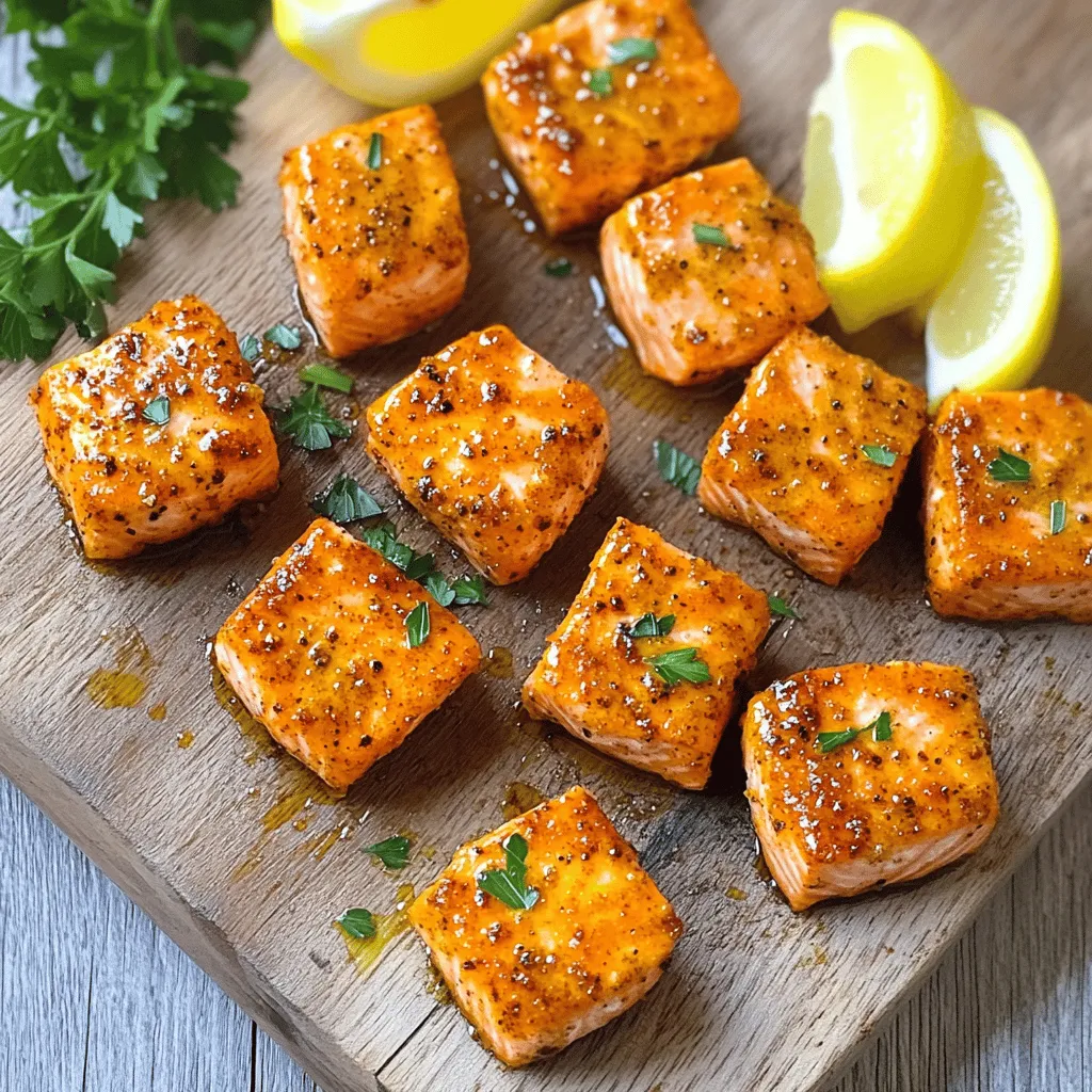 - 1 lb fresh salmon, cut into bite-sized cubes - 2 tablespoons Cajun seasoning - 1 tablespoon olive oil You start with fresh salmon. Choose wild-caught if you can. It tastes better and is healthier. Cut the salmon into bite-sized cubes. This makes cooking quick and easy. Next, grab your Cajun seasoning. It adds a spicy kick that makes these bites pop. Olive oil is key for moisture and flavor too. - 1 teaspoon garlic powder - 1 teaspoon onion powder - 1 teaspoon paprika Garlic powder brings depth to the dish. It pairs well with the Cajun spice. Onion powder adds a sweet note. Paprika gives a nice color and subtle heat. Feel free to adjust these amounts to match your taste. - Lemon wedges - Fresh parsley Once cooked, serve the salmon bites with lemon wedges. The lemon juice brightens the flavors. Chopped fresh parsley adds a lovely touch. It also brings a fresh, green flavor to the bites. These simple garnishes make your dish look and taste amazing. First, grab a mixing bowl. Add the following ingredients: - 2 tablespoons Cajun seasoning - 1 tablespoon olive oil - 1 teaspoon garlic powder - 1 teaspoon onion powder - 1 teaspoon paprika - Salt and pepper to taste Mix these well. This blend of spices and oil creates a tasty marinade. You want every bite of salmon to soak up these flavors. Next, cut your fresh salmon into bite-sized cubes. Place the salmon in the bowl with the marinade. Make sure each piece gets coated well. This step is key for flavor. Let the salmon marinate for at least 15 minutes. This gives the spices time to work their magic. If you can, marinate longer for even better taste. Now it’s time to cook! Preheat your air fryer to 400°F (200°C). This takes about 5 minutes. Once preheated, place the salmon bites in the air fryer basket. Arrange them in a single layer. Avoid overcrowding for even cooking. Air fry the salmon bites for 8-10 minutes. Shake the basket halfway through. This helps them cook evenly. When done, the bites should be crispy outside and tender inside. Remove the salmon from the air fryer and let them rest for a minute before serving. Enjoy with lemon wedges and a sprinkle of fresh parsley for a pop of color! To get those salmon bites super crispy, keep a few things in mind. First, make sure each piece of salmon is well coated with the marinade. This helps create a nice crust. Second, avoid overcrowding the air fryer basket. If you stack them, they won’t cook evenly. Cook in batches if needed. This way, you’ll end up with delicious, crispy bites every time. Want to kick up the flavor a notch? Try adding a pinch of cayenne pepper or smoked paprika. These spices really enhance the Cajun taste. If you like less heat, use less Cajun seasoning. You can always start with a little and add more later. Remember, you can control how spicy your bites get! These salmon bites are great on their own, but they shine when paired with tasty sides. Serve them with a fresh salad or some crunchy veggies. They also go well with dips like garlic aioli or a zesty ranch. Don’t forget to add lemon wedges on the side. The fresh juice makes the bites pop! Garnishing with parsley adds a nice touch and bright color, making your meal look fancy. {{image_2}} You can change up the Cajun seasoning to fit your taste. Try using jerk seasoning for a Caribbean twist. Or, use lemon pepper for a bright and zesty flavor. You can also mix in some Italian herbs for a different vibe. Adjusting these spice blends lets you create a new dish each time. If you want to switch proteins, use cod or tilapia instead of salmon. Both fish cook well and absorb flavors nicely. For a vegetarian option, try firm tofu or chickpeas. These alternatives give you a tasty snack without fish. You can turn these salmon bites into a fresh salad. Just mix greens, tomatoes, and the salmon bites. Drizzle with a light dressing for a great meal. Another fun way is to serve them with different dips. Try a zesty remoulade or a creamy avocado dip. This adds variety and makes sharing more fun. To store your leftover salmon bites, let them cool first. Once cooled, place them in a container with a tight lid. This keeps them fresh. I recommend using glass or BPA-free plastic containers. They help prevent any strong smells from spreading in your fridge. Yes, you can freeze cooked salmon bites. Make sure they are fully cooled before placing them in a freezer-safe bag or container. Remove as much air as possible to prevent freezer burn. For reheating frozen bites, thaw them in the fridge overnight. Then, reheat in the air fryer at 350°F (175°C) for about 5-7 minutes. This keeps them nice and crispy. In the fridge, your salmon bites last about 3 days. Look for signs of spoilage like a sour smell or a slimy texture. If you see this, it’s best to throw them away. Always trust your senses when it comes to food safety. The best way to cook salmon in an air fryer is at 400°F (200°C). Cook for about 8 to 10 minutes. This high heat gives the salmon a nice crisp outside while keeping it tender inside. Remember to shake the basket halfway through cooking for even results. Yes, you can use frozen salmon. But you need to thaw it first. The best way is to leave it in the fridge overnight. If you’re in a rush, you can use the microwave. Just be careful not to cook it. Once thawed, follow the recipe as usual, but add a few extra minutes to the cooking time. Cajun seasoning can be spicy, but it varies by brand. It often includes ingredients like paprika, cayenne, garlic, and herbs. The heat level depends on how much cayenne is used. If you prefer less heat, look for a milder blend or use less. Enjoy the bold flavors without overwhelming your taste buds! This blog covered everything about making tasty Cajun salmon bites. We discussed the key ingredients, like fresh salmon and zesty Cajun seasoning. I shared simple steps for preparing, marinating, and air frying the salmon. You learned tips for perfect texture and flavor, along with tasty serving ideas. Try different spices and variations to suit your taste. Remember to store leftovers properly for later enjoyment. Enjoy your cooking and explore all the flavors!
