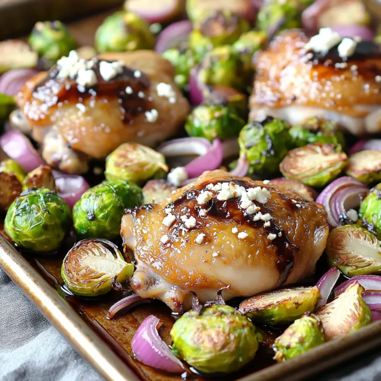 - 4 boneless, skinless chicken thighs - 1 pound Brussels sprouts, trimmed and halved - 1 red onion, sliced into wedges - 1/4 cup balsamic vinegar - 2 tablespoons honey - 3 tablespoons olive oil - 3 cloves garlic, minced - 1 teaspoon dried thyme - 1 teaspoon dried oregano - Salt and pepper to taste Gather these ingredients to create a tasty meal. The chicken thighs provide a juicy base. Brussels sprouts add a nice crunch and flavor. The red onion gives sweetness and depth to the dish. To make the marinade, you'll need balsamic vinegar, honey, olive oil, and garlic. This mix brings a tangy and sweet flavor. The dried thyme and oregano add an herby note. Don’t forget salt and pepper to enhance all the tastes. This simple list of ingredients makes cooking easy and fun. You can find most of these items in your pantry or local store. Enjoy the process of cooking! 1. Preheating the oven: Start by preheating your oven to 425°F (220°C). This high heat gives a nice crisp to the chicken and veggies. 2. Preparing the marinade: In a small bowl, mix balsamic vinegar, honey, olive oil, minced garlic, thyme, oregano, salt, and pepper. Whisk it well until it blends nicely. This marinade adds rich flavor to the dish. 1. How to coat the chicken: Take the chicken thighs and place them in a large bowl or a resealable bag. Pour half of the marinade over the chicken. Make sure each piece is fully coated. 2. Suggested marinating times: Let the chicken marinate for at least 15 minutes. If you have more time, marinate for up to 4 hours in the fridge. This gives a deeper flavor that makes a big difference. 1. Arranging chicken and vegetables: On a large baking sheet, lay the marinated chicken thighs in the center. Arrange the Brussels sprouts and onion wedges around them in a single layer. This helps everything cook evenly. 2. Baking time and temperature tips: Bake in the preheated oven for 25 to 30 minutes. Make sure the chicken reaches an internal temperature of 165°F (75°C). The Brussels sprouts should be tender and caramelized. Cooking them together creates a great balance of flavors. To get the best roast from your chicken and Brussels sprouts, set your oven to 425°F (220°C). This high heat helps caramelize the veggies and cook the chicken through. To check if the chicken is done, use a meat thermometer. The internal temperature should reach 165°F (75°C). The Brussels sprouts should be tender and have a nice golden color. You can boost the flavors with extra spices. Try adding paprika or crushed red pepper for some heat. Fresh herbs like rosemary or parsley can also add a nice touch. For a creamy finish, sprinkle crumbled feta cheese on top right before serving. It adds a salty bite that pairs well with the balsamic glaze. One common mistake is overcrowding the pan. If the chicken and veggies are too close, they will steam instead of roast. Make sure everything is in a single layer. Another mistake is not marinating long enough. For the best flavor, let the chicken sit in the marinade for at least 15 minutes, but if you can, aim for 4 hours in the fridge. This allows the flavors to soak in deeply. {{image_2}} You can easily change the main protein in this dish. Instead of chicken thighs, try chicken breasts for a leaner option. Pork also works well here; it adds a nice twist to the flavors. For the veggies, Brussels sprouts are great, but you can switch them out. Carrots add a sweet crunch. Zucchini brings a fresh taste and cooks quickly. Feel free to mix and match! If you need this dish to be gluten-free, you are in luck. All the main ingredients are gluten-free. Just ensure your balsamic vinegar is also gluten-free. For a dairy-free version, skip the feta cheese. You can try using a dairy-free alternative or just enjoy it without cheese. The flavors shine through without it! Pair your meal with sides for a balanced plate. Rice or quinoa works well. Both add fiber and help soak up the tasty balsamic sauce. If you have leftovers, don’t worry! They store well. You can enjoy them cold in a salad or warm them up for another meal. The flavors only get better with time! To keep your Sheet-Pan Balsamic Chicken & Brussels Sprouts fresh, store leftovers in an airtight container. Place them in the fridge right after the meal. They will stay good for up to three days. If you want to store them longer, freezing is a great option. Separate the chicken and vegetables into single servings. Use freezer bags or containers to prevent freezer burn. They can last up to three months in the freezer. When you're ready to enjoy leftovers, the oven is best for reheating. Preheat it to 350°F (175°C). Place the chicken and Brussels sprouts on a baking sheet. Heat for about 15-20 minutes, or until hot. You can also use the microwave for a quicker option. Place your meal in a microwave-safe dish. Heat it in short bursts, stirring in between. This helps it heat evenly. In the refrigerator, your leftovers last about three days. If you freeze them, they can last up to three months. Always check for any changes in smell or color before eating. For the best taste, try to eat them sooner rather than later. To check if the chicken is done, use a meat thermometer. The safe internal temperature for chicken is 165°F (75°C). Insert the thermometer into the thickest part of the thigh, avoiding bone. If it reads 165°F, the chicken is safe to eat. The meat should also look white and the juices should run clear. Yes, you can prep this dish ahead of time. Marinate the chicken for at least 15 minutes for great flavor. For a deeper taste, marinate for up to 4 hours in the fridge. You can also chop the Brussels sprouts and onion in advance. Just keep them in the fridge until you are ready to cook. This dish pairs well with many sides. Here are some ideas: - Rice: White or brown rice works nicely. - Quinoa: A healthy option that adds protein. - Mashed Potatoes: Creamy potatoes balance the dish's flavors. - Salad: A light green salad adds freshness. - Crusty Bread: Perfect for soaking up the balsamic sauce. Feel free to mix and match these options to suit your taste! This dish combines simple ingredients like chicken, Brussels sprouts, and a tangy marinade. I showed you how to prepare, marinate, and bake it perfectly. You also learned tips for roasting and fixing common mistakes. Want to switch things up? I provided ideas for variations and even storage tips. Enjoy creating this tasty meal. It's easy, fun, and sure to impress your family and friends. Happy cooking!