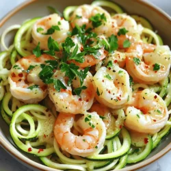 - 1 lb large shrimp, peeled and deveined - 4 medium zucchini, spiralized into zoodles - 3 tablespoons unsalted butter - 4 cloves garlic, minced - 1 teaspoon paprika - 1 teaspoon lemon zest - 1 tablespoon lemon juice - 1 teaspoon salt - ½ teaspoon black pepper - Fresh parsley, chopped - Red pepper flakes (for heat) This dish shines with its simple yet flavorful ingredients. You start with large shrimp, which give a juicy bite. Spiralized zucchini, or zoodles, add a fresh crunch, making this meal light and fun. The unsalted butter acts as a rich base, while garlic brings a warm aroma that fills your kitchen. For seasoning, minced garlic is key. It brings a punch of flavor that blends beautifully with shrimp. Paprika adds a gentle warmth, while lemon zest and juice brighten the dish. Salt and black pepper enhance all these flavors. Adding garnishes like fresh parsley gives a pop of color. If you love heat, sprinkle some red pepper flakes on top. This dish is not only tasty but also easy to prepare, making it a great choice for a weeknight meal or a special occasion. - Preheat your oven to 400°F (200°C). - Line a large baking sheet with parchment paper for easy cleanup. - In a medium saucepan, melt 3 tablespoons of butter over medium heat. - Add 4 cloves of minced garlic and sauté for about 1 minute. - Watch the garlic closely to avoid burning it. - Remove the saucepan from the heat. - Stir in 1 teaspoon of paprika, 1 teaspoon of lemon zest, and 1 tablespoon of lemon juice. - Add 1 teaspoon of salt and ½ teaspoon of black pepper. Mix everything well. - In a large bowl, add 1 pound of peeled and deveined shrimp. - Pour the garlic butter mixture over the shrimp and toss to coat. - Spread the coated shrimp on one half of the prepared baking sheet. - On the other half, add 4 medium spiralized zucchini (zoodles). - Drizzle the zoodles with olive oil and season with salt and pepper. Toss gently. - Bake everything in the preheated oven for 10-12 minutes. - Check that the shrimp are pink and cooked through. The zoodles should be tender but firm. To avoid overcooking shrimp, keep a close eye on them. Shrimp cook fast. They turn pink and curl when done. Bake them for just 10-12 minutes. If you see them turning bright pink, they are ready. Remove them right away. For zoodles, you want them firm and not mushy. Spiralize fresh zucchini just before cooking. This helps keep them crisp. When baking, don’t overcrowd them on the sheet. Give them space to cook evenly. Drizzle with olive oil and toss gently to coat. To plate your dish like a pro, start with zoodles in a shallow bowl. Arrange shrimp on top. Use a spoon to drizzle leftover garlic butter from the baking sheet over the shrimp. This adds flavor and looks great. Garnish with fresh parsley for color. For a restaurant-like experience, serve with lemon wedges. This adds a bright touch. You can also sprinkle red pepper flakes for a pop of heat. Want to add more flavor? Try using fresh herbs like basil or cilantro. These can brighten up the dish. You can also add a pinch of cayenne for extra heat. If you want more veggies, consider bell peppers or cherry tomatoes. These can roast well with shrimp. Just add them to the baking sheet with the zoodles. They will soak up all that tasty garlic butter. {{image_2}} You can swap shrimp for chicken or tofu. Chicken should be cut into bite-sized pieces. Tofu can be cubed and pressed to remove excess water. Both options work well with garlic butter. For zoodles, try different pasta options. You can use spaghetti, penne, or whole wheat pasta. This change adds variety and caters to different tastes. To change up the flavor, use different spices. Cumin, chili powder, or Italian herbs give new twists. You could also mix in some fresh basil or dill for a fresh taste. Try creative sauces to drizzle over the dish. A squeeze of lime or a splash of soy sauce adds zing. You can use a store-bought pesto or make your own for extra flavor. If you're short on time, try stove-top cooking. Sauté shrimp and zoodles in a large skillet. Cook shrimp until pink and zoodles until tender for a quick meal. Grilling is another option for a smoky flavor. Skewer shrimp and grill them alongside zoodles. This method enhances the dish's taste and adds a fun outdoor element. To keep your Sheet-Pan Garlic Butter Shrimp and Zoodles fresh, refrigerate them right away. Place leftovers in an airtight container. This helps to lock in flavors and keep them safe. I suggest using glass containers. They do not absorb smells and are easy to clean. When you reheat your dish, aim to keep the shrimp juicy and the zoodles firm. The best way to reheat is in a skillet over low heat. This helps maintain the flavor. Stir gently to mix the shrimp and zoodles. If the zoodles seem dry, add a splash of olive oil or a bit of water. This will help them regain some moisture. You can also cover the pan with a lid for a few minutes. This adds steam and keeps the zoodles tender. Yes, you can freeze this dish! However, it’s best to freeze the shrimp and zoodles separately. This helps keep their textures nice when you thaw them. For shrimp, place them in a freezer bag. Squeeze out air and seal tightly. For zoodles, lay them flat in a container. This makes stacking easier in your freezer. When you're ready to eat, just thaw in the fridge overnight before reheating. How long should I bake the shrimp? Bake the shrimp for 10 to 12 minutes. You want them pink and cooked through. A quick check helps avoid overcooking. Can I use frozen shrimp for this recipe? Yes, you can use frozen shrimp. Just thaw them first. Place them in cold water for about 15 minutes. Pat them dry before cooking. What to do if I don’t have zoodles? If you don't have zoodles, use regular pasta or other veggies. Spiralized carrots or bell peppers work great too. Is this dish low-carb or keto-friendly? Yes, this dish is low-carb and keto-friendly. Zoodles replace traditional pasta, keeping carbs low. Plus, shrimp is high in protein. How can I make it more nutritious? Add more veggies like bell peppers or asparagus. You can also sprinkle some nuts or seeds on top for a crunch and healthy fats. What pairs well with garlic butter shrimp and zoodles? A light salad with lemon vinaigrette pairs well. Also, crusty bread is great to soak up the garlic butter. Ideas for side dishes and drinks to complement the meal Consider a fresh cucumber salad or grilled veggies. For drinks, try a crisp white wine or sparkling water with lemon. This recipe combines shrimp, zoodles, and rich garlic butter to create a tasty meal. Follow the easy steps for a healthy dish that's quick to prepare and fun to enjoy. With tips on cooking shrimp, plating, and variations, you can craft your own version. Remember, you can swap shrimp for chicken or tofu, add spices, or grill for a different touch. Now, cooking and sharing this flavorful dish at home can be both simple and satisfying. Enjoy your culinary adventure!