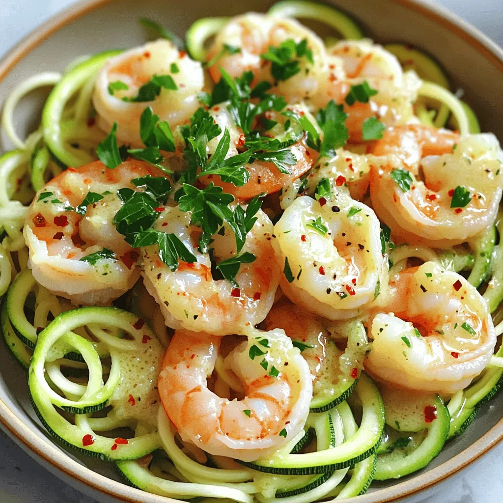 - 1 lb large shrimp, peeled and deveined - 4 medium zucchini, spiralized into zoodles - 3 tablespoons unsalted butter - 4 cloves garlic, minced - 1 teaspoon paprika - 1 teaspoon lemon zest - 1 tablespoon lemon juice - 1 teaspoon salt - ½ teaspoon black pepper - Fresh parsley, chopped - Red pepper flakes (for heat) This dish shines with its simple yet flavorful ingredients. You start with large shrimp, which give a juicy bite. Spiralized zucchini, or zoodles, add a fresh crunch, making this meal light and fun. The unsalted butter acts as a rich base, while garlic brings a warm aroma that fills your kitchen. For seasoning, minced garlic is key. It brings a punch of flavor that blends beautifully with shrimp. Paprika adds a gentle warmth, while lemon zest and juice brighten the dish. Salt and black pepper enhance all these flavors. Adding garnishes like fresh parsley gives a pop of color. If you love heat, sprinkle some red pepper flakes on top. This dish is not only tasty but also easy to prepare, making it a great choice for a weeknight meal or a special occasion. - Preheat your oven to 400°F (200°C). - Line a large baking sheet with parchment paper for easy cleanup. - In a medium saucepan, melt 3 tablespoons of butter over medium heat. - Add 4 cloves of minced garlic and sauté for about 1 minute. - Watch the garlic closely to avoid burning it. - Remove the saucepan from the heat. - Stir in 1 teaspoon of paprika, 1 teaspoon of lemon zest, and 1 tablespoon of lemon juice. - Add 1 teaspoon of salt and ½ teaspoon of black pepper. Mix everything well. - In a large bowl, add 1 pound of peeled and deveined shrimp. - Pour the garlic butter mixture over the shrimp and toss to coat. - Spread the coated shrimp on one half of the prepared baking sheet. - On the other half, add 4 medium spiralized zucchini (zoodles). - Drizzle the zoodles with olive oil and season with salt and pepper. Toss gently. - Bake everything in the preheated oven for 10-12 minutes. - Check that the shrimp are pink and cooked through. The zoodles should be tender but firm. To avoid overcooking shrimp, keep a close eye on them. Shrimp cook fast. They turn pink and curl when done. Bake them for just 10-12 minutes. If you see them turning bright pink, they are ready. Remove them right away. For zoodles, you want them firm and not mushy. Spiralize fresh zucchini just before cooking. This helps keep them crisp. When baking, don’t overcrowd them on the sheet. Give them space to cook evenly. Drizzle with olive oil and toss gently to coat. To plate your dish like a pro, start with zoodles in a shallow bowl. Arrange shrimp on top. Use a spoon to drizzle leftover garlic butter from the baking sheet over the shrimp. This adds flavor and looks great. Garnish with fresh parsley for color. For a restaurant-like experience, serve with lemon wedges. This adds a bright touch. You can also sprinkle red pepper flakes for a pop of heat. Want to add more flavor? Try using fresh herbs like basil or cilantro. These can brighten up the dish. You can also add a pinch of cayenne for extra heat. If you want more veggies, consider bell peppers or cherry tomatoes. These can roast well with shrimp. Just add them to the baking sheet with the zoodles. They will soak up all that tasty garlic butter. {{image_2}} You can swap shrimp for chicken or tofu. Chicken should be cut into bite-sized pieces. Tofu can be cubed and pressed to remove excess water. Both options work well with garlic butter. For zoodles, try different pasta options. You can use spaghetti, penne, or whole wheat pasta. This change adds variety and caters to different tastes. To change up the flavor, use different spices. Cumin, chili powder, or Italian herbs give new twists. You could also mix in some fresh basil or dill for a fresh taste. Try creative sauces to drizzle over the dish. A squeeze of lime or a splash of soy sauce adds zing. You can use a store-bought pesto or make your own for extra flavor. If you're short on time, try stove-top cooking. Sauté shrimp and zoodles in a large skillet. Cook shrimp until pink and zoodles until tender for a quick meal. Grilling is another option for a smoky flavor. Skewer shrimp and grill them alongside zoodles. This method enhances the dish's taste and adds a fun outdoor element. To keep your Sheet-Pan Garlic Butter Shrimp and Zoodles fresh, refrigerate them right away. Place leftovers in an airtight container. This helps to lock in flavors and keep them safe. I suggest using glass containers. They do not absorb smells and are easy to clean. When you reheat your dish, aim to keep the shrimp juicy and the zoodles firm. The best way to reheat is in a skillet over low heat. This helps maintain the flavor. Stir gently to mix the shrimp and zoodles. If the zoodles seem dry, add a splash of olive oil or a bit of water. This will help them regain some moisture. You can also cover the pan with a lid for a few minutes. This adds steam and keeps the zoodles tender. Yes, you can freeze this dish! However, it’s best to freeze the shrimp and zoodles separately. This helps keep their textures nice when you thaw them. For shrimp, place them in a freezer bag. Squeeze out air and seal tightly. For zoodles, lay them flat in a container. This makes stacking easier in your freezer. When you're ready to eat, just thaw in the fridge overnight before reheating. How long should I bake the shrimp? Bake the shrimp for 10 to 12 minutes. You want them pink and cooked through. A quick check helps avoid overcooking. Can I use frozen shrimp for this recipe? Yes, you can use frozen shrimp. Just thaw them first. Place them in cold water for about 15 minutes. Pat them dry before cooking. What to do if I don’t have zoodles? If you don't have zoodles, use regular pasta or other veggies. Spiralized carrots or bell peppers work great too. Is this dish low-carb or keto-friendly? Yes, this dish is low-carb and keto-friendly. Zoodles replace traditional pasta, keeping carbs low. Plus, shrimp is high in protein. How can I make it more nutritious? Add more veggies like bell peppers or asparagus. You can also sprinkle some nuts or seeds on top for a crunch and healthy fats. What pairs well with garlic butter shrimp and zoodles? A light salad with lemon vinaigrette pairs well. Also, crusty bread is great to soak up the garlic butter. Ideas for side dishes and drinks to complement the meal Consider a fresh cucumber salad or grilled veggies. For drinks, try a crisp white wine or sparkling water with lemon. This recipe combines shrimp, zoodles, and rich garlic butter to create a tasty meal. Follow the easy steps for a healthy dish that's quick to prepare and fun to enjoy. With tips on cooking shrimp, plating, and variations, you can craft your own version. Remember, you can swap shrimp for chicken or tofu, add spices, or grill for a different touch. Now, cooking and sharing this flavorful dish at home can be both simple and satisfying. Enjoy your culinary adventure!