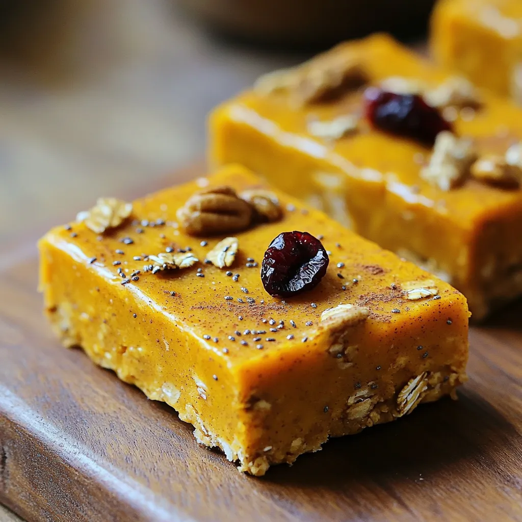 To make Pumpkin Spice Energy Bars, gather these ingredients: - 1 cup rolled oats - 1 cup almond butter - 1/2 cup canned pumpkin puree - 1/4 cup honey or maple syrup - 1 teaspoon vanilla extract - 1 teaspoon pumpkin spice mix - 1/2 teaspoon salt - 1/2 cup chopped nuts (like walnuts or pecans) - 1/4 cup dried cranberries or raisins - 2 tablespoons chia seeds or flaxseeds - Rolled oats: Great source of fiber and helps keep you full. - Almond butter: Provides healthy fats and protein for energy. - Pumpkin puree: Full of vitamins and adds moisture to the bars. - Honey or maple syrup: Natural sweeteners that give a quick energy boost. - Vanilla extract: Enhances flavor without extra sugar. - Pumpkin spice mix: Adds warmth and flavor, rich in antioxidants. - Salt: Balances sweetness and enhances overall taste. - Chopped nuts: Adds crunch and healthy fats. - Dried cranberries or raisins: Provide sweetness and fiber. - Chia seeds or flaxseeds: Packed with omega-3s and fiber for added nutrition. - Nut allergies: Use sunflower seed butter instead of almond butter. - Gluten-free: Ensure oats are certified gluten-free. - Vegan: Swap honey for maple syrup or agave nectar. - Fruit allergies: Replace dried cranberries with seeds or coconut flakes. - Seed allergies: Omit chia or flaxseeds and use more oats instead. These simple swaps keep your energy bars tasty and safe for everyone. 1. Start by preheating your oven to 350°F (175°C). This step is key for even baking. 2. Grab an 8x8-inch baking pan. Line it with parchment paper. Leave some paper hanging over the sides. This helps with easy removal later. 3. In a large bowl, mix together the rolled oats, almond butter, canned pumpkin puree, and honey or maple syrup. 4. Add the vanilla extract, pumpkin spice mix, and salt. Stir until it forms a thick batter. 5. Fold in the chopped nuts, dried cranberries, and chia seeds. Make sure everything is mixed well. 6. Spoon the mixture into the prepared pan. Spread it evenly, pressing down firmly. This helps the bars hold their shape. 1. Bake the bars for 20-25 minutes. Look for golden brown edges. This means they are ready. 2. Keep an eye on them to avoid burning. Every oven is different. 3. For a chewy texture, don’t overbake. You want soft but firm bars. 1. After baking, take the pan out of the oven. Let it cool for about 10 minutes. 2. Use the parchment paper to lift the bars out of the pan. 3. Place the bars on a wire rack to cool completely. This keeps them from getting soggy. 4. Once cooled, cut the bars into your desired size. Store them in an airtight container in the fridge for up to a week. To boost the flavor of your pumpkin spice energy bars, try adding a pinch of sea salt. It brings out the sweetness. You can also mix in some dark chocolate chips for a rich twist. If you love nuts, try toasting them lightly before adding. This will deepen their flavor. A dash of espresso powder can also add a nice kick. Experiment with these to find your favorite mix! To make these energy bars vegan, swap honey for maple syrup. Both work well in this recipe. You can use any nut butter that suits your taste. Almond butter is great, but peanut butter works too. Just ensure that your ingredients do not contain any animal products. This way, you can enjoy delicious vegan bars! Store your pumpkin spice energy bars in an airtight container. Keep them in the fridge to maintain freshness for up to a week. If you want them to last longer, consider freezing them. Wrap each bar in parchment paper, then place them in a freezer bag. This way, they can stay fresh for up to three months. Just thaw them before you eat! {{image_2}} You can mix in many fun ingredients to make your bars unique. Here are some ideas: - Seeds: Add pumpkin seeds or sunflower seeds for crunch. - Coconut: Unsweetened shredded coconut gives a tropical twist. - Chocolate: Mini chocolate chips add sweetness and richness. - Fruit: Dried apricots or cherries can bring a burst of flavor. Feel free to experiment and find your favorite combination! You can use different sweeteners to change the taste and texture of your bars. Here are some choices: - Maple Syrup: It adds a rich, natural sweetness. - Agave Nectar: It is sweeter than honey and has a mild taste. - Coconut Sugar: This gives a caramel-like flavor and works well. - Stevia: A low-calorie option, it keeps the bars sweet without sugar. Each sweetener will change the texture slightly, so adjust the amount as needed. You can change these bars to fit the seasons. For fall, use more pumpkin spice and add chopped apples. In winter, try adding nutmeg or a hint of peppermint. You can also drizzle dark chocolate on top for a festive touch. These small changes can create a whole new bar! To keep your pumpkin spice energy bars fresh, follow these steps: - Use an airtight container: This keeps moisture out and keeps the bars fresh. - Refrigerate them: Storing in the fridge can help maintain texture and flavor. - Separate layers: If stacking, place parchment paper between bars to avoid sticking. These energy bars last about a week in the fridge. After that, they may lose their freshness. If you notice any off smells or a change in texture, it’s best to toss them. Always check for mold or signs of spoilage before eating. For longer storage, freezing is a great option: - Cut into bars first: This makes it easier to grab one when you need it. - Wrap each bar tightly: Use plastic wrap or foil to avoid freezer burn. - Place in a freezer-safe bag: Label the bag with the date. They can last up to three months in the freezer. When you’re ready to eat, just thaw them in the fridge overnight. Enjoy your delicious bars anytime! Yes, you can use different nut butters. Peanut butter, cashew butter, or sunflower seed butter work well. Each nut butter adds its own flavor and texture. Just make sure the nut butter is smooth. That way, the bars will stay moist and hold together. Maple syrup is a great substitute for honey. It has a similar sweetness and works well in this recipe. Agave nectar or brown rice syrup are other options you can try. They will keep the bars sticky and sweet. To make these bars gluten-free, use certified gluten-free oats. Most oats contain gluten unless labeled otherwise. Check the packaging before buying. This ensures your energy bars are safe for those with gluten sensitivities. You can find pumpkin spice energy bars in health food stores or online. Many brands offer them, especially in fall. Look in the snack aisle or the section for protein bars. You could also make your own at home for a fresh taste! In this article, we explored the key ingredients for energy bars and their benefits. You learned how to prepare, bake, and store them for the best results. I shared tips to enhance flavor, make them vegan, and suggested fun variations for all seasons. Remember, you can easily adapt these bars to fit your taste and dietary needs. Trust that with these insights, you can create delicious, healthy energy bars that suit your lifestyle and preferences. Enjoy your cooking adventure!