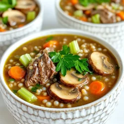 - 1 pound beef chuck - 1 cup pearl barley - 8 ounces cremini mushrooms - 2 tablespoons olive oil - 1 large onion, chopped - 2 carrots, diced - 2 celery stalks, diced - 4 cloves garlic, minced - 1 teaspoon dried thyme - 1 teaspoon dried rosemary - Salt and pepper to taste - 2 tablespoons soy sauce - Fresh parsley, chopped - Crusty bread When I make Slow Cooker Beef Barley Mushroom Soup, I start with high-quality beef chuck. The beef adds rich flavor and a hearty texture. Cut it into small cubes, about one inch. This size helps the meat cook evenly and tenderly. Next, I add pearl barley. It cooks well and gives a nice chew to the soup. Rinse it before using to remove any dust. Cremini mushrooms are my favorite for this recipe. Their earthy flavor enhances the broth. For the base, I use a large onion, two carrots, and two celery stalks. I chop them finely. This mix gives the soup a sweet and savory depth. I also include garlic, thyme, and rosemary to layer in more flavor. Lastly, I season with salt, pepper, and soy sauce. The soy sauce adds a touch of umami, making the soup even more satisfying. For garnishing, I always have fresh parsley on hand. It brightens the dish and adds a pop of color. I love to serve this soup with crusty bread on the side. Dipping the bread into the warm soup is a treat! To start, heat two tablespoons of olive oil in a large skillet over medium-high heat. Add one pound of beef chuck cut into 1-inch cubes. Brown the beef on all sides for about 5-7 minutes. This step builds flavor and gives the beef a nice crust. Once browned, transfer the beef to the slow cooker. Next, in the same skillet, add one chopped large onion, two diced carrots, and two diced celery stalks. Also, add 8 ounces of sliced cremini mushrooms. Sauté these veggies for about 5 minutes. You want them to soften but not fully cook. After that, stir in four minced garlic cloves and cook for one more minute. Then, transfer this veggie mix to the slow cooker. Now it's time to bring everything together. Add one cup of rinsed pearl barley to the slow cooker along with 6 cups of beef broth. Pour in two tablespoons of soy sauce, and sprinkle in one teaspoon of dried thyme and one teaspoon of dried rosemary. Season with salt and pepper to taste. Mix all the ingredients well. Finally, cover the slow cooker and set it to cook on low for 6-8 hours or on high for 3-4 hours. The goal is to have tender beef and perfectly cooked barley. To get the best flavor, taste your soup as it cooks. You can adjust the seasonings easily. If it needs more salt, add a pinch. If you like a richer taste, add a bit more soy sauce. Cooking time matters, too. For tender beef, cook it on low for 6-8 hours. If you’re in a hurry, high for 3-4 hours works well. The beef should be fork-tender when done. You can prep ingredients the night before. Store the chopped veggies in the fridge. Keep the beef and broth separate until you’re ready to cook. This helps save time on busy days. For quick meal prep, rinse the barley and measure out your spices ahead. This way, you can toss everything into the slow cooker without fuss. Serve your soup in big, rustic bowls. It looks great and feels cozy. Pair it with crusty bread for dipping. A fresh salad can also balance the meal. For a nice touch, sprinkle parsley on top before serving. This adds color and a fresh taste. Enjoy your soup with family or friends for a warm, inviting meal! {{image_2}} You can change the meat in this soup. Try using chicken or turkey. Both give nice flavors. If you want a vegetarian option, use vegetable broth instead of beef broth. This keeps the taste rich without meat. Want to make your soup even better? Add more vegetables! Spinach or peas work great. They add color and nutrients. You can also boost the flavor with red wine or Worcestershire sauce. Just a little can make a big difference! Garnishing adds a nice touch to your soup. Try cheese or crunchy croutons on top. They give a fun texture. You can also serve it with crusty bread. It’s perfect for dipping and makes the meal heartier! To store your soup in the fridge, let it cool first. Place it in an airtight container. It will stay fresh for about three to four days. If you want to enjoy it later, refrigerate it right after cooling. This keeps the flavors intact and safe to eat. Freezing the soup is a great option. Use freezer-safe containers or bags. Make sure to leave some space for expansion. Your soup can last up to three months in the freezer. When you're ready to enjoy it, thaw it overnight in the fridge. For reheating, pour the soup into a pot and heat until warm. You can also use the microwave, stirring every few minutes. Leftover soup is so versatile. You can use it in many ways. Try adding it to pasta for a hearty dish. Mix it with rice for a filling meal. You can even use it as a base for a stew. The options are endless! Get creative and enjoy your leftovers in new ways. Yes, you can make this soup in an Instant Pot. Here’s how: 1. Use the “Sauté” function to brown the beef cubes in olive oil. 2. Add the chopped onion, carrots, celery, and mushrooms. Sauté for 5 minutes. 3. Stir in the minced garlic and cook for another minute. 4. Add the rinsed pearl barley, beef broth, soy sauce, dried thyme, and rosemary. 5. Season with salt and pepper. 6. Close the lid and set the valve to sealing. Cook on “Manual” for 35 minutes. 7. Let it release naturally for 10 minutes, then quick release any remaining pressure. This method gives you tender beef and perfectly cooked barley. To thicken the soup, you have a few options: - Cornstarch Slurry: Mix 1 tablespoon of cornstarch with 2 tablespoons of water. Stir it into the soup and cook on high for 15 minutes. - Puree Some Soup: Take a cup of soup, blend it until smooth, then stir it back in. - Add More Barley: Stir in a bit more barley during the last hour of cooking. It will absorb liquid and thicken the soup. These methods enhance the texture and make the soup heartier. This recipe is not gluten-free due to the pearl barley. However, you can make it gluten-free. Here are some suggestions: - Use Quinoa: Substitute pearl barley with quinoa for a gluten-free grain. - Use Rice: Brown or white rice can also work well. Just adjust the cooking time. - Gluten-Free Barley: Look for gluten-free barley options available in stores. These swaps keep the soup tasty while catering to gluten-free diets. This blog covered a rich soup recipe with beef, barley, and fresh veggies. You learned step-by-step how to make it in a slow cooker. I shared tips for perfecting flavor and efficient meal prep. Plus, we explored variations like using chicken or a vegetarian broth. This soup can be stored or frozen for later meals. Enjoy experimenting with garnishes and serving styles. I hope you find joy in making and sharing this dish.
