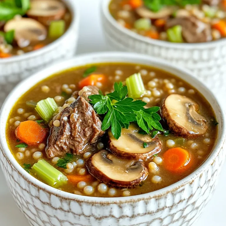 - 1 pound beef chuck - 1 cup pearl barley - 8 ounces cremini mushrooms - 2 tablespoons olive oil - 1 large onion, chopped - 2 carrots, diced - 2 celery stalks, diced - 4 cloves garlic, minced - 1 teaspoon dried thyme - 1 teaspoon dried rosemary - Salt and pepper to taste - 2 tablespoons soy sauce - Fresh parsley, chopped - Crusty bread When I make Slow Cooker Beef Barley Mushroom Soup, I start with high-quality beef chuck. The beef adds rich flavor and a hearty texture. Cut it into small cubes, about one inch. This size helps the meat cook evenly and tenderly. Next, I add pearl barley. It cooks well and gives a nice chew to the soup. Rinse it before using to remove any dust. Cremini mushrooms are my favorite for this recipe. Their earthy flavor enhances the broth. For the base, I use a large onion, two carrots, and two celery stalks. I chop them finely. This mix gives the soup a sweet and savory depth. I also include garlic, thyme, and rosemary to layer in more flavor. Lastly, I season with salt, pepper, and soy sauce. The soy sauce adds a touch of umami, making the soup even more satisfying. For garnishing, I always have fresh parsley on hand. It brightens the dish and adds a pop of color. I love to serve this soup with crusty bread on the side. Dipping the bread into the warm soup is a treat! To start, heat two tablespoons of olive oil in a large skillet over medium-high heat. Add one pound of beef chuck cut into 1-inch cubes. Brown the beef on all sides for about 5-7 minutes. This step builds flavor and gives the beef a nice crust. Once browned, transfer the beef to the slow cooker. Next, in the same skillet, add one chopped large onion, two diced carrots, and two diced celery stalks. Also, add 8 ounces of sliced cremini mushrooms. Sauté these veggies for about 5 minutes. You want them to soften but not fully cook. After that, stir in four minced garlic cloves and cook for one more minute. Then, transfer this veggie mix to the slow cooker. Now it's time to bring everything together. Add one cup of rinsed pearl barley to the slow cooker along with 6 cups of beef broth. Pour in two tablespoons of soy sauce, and sprinkle in one teaspoon of dried thyme and one teaspoon of dried rosemary. Season with salt and pepper to taste. Mix all the ingredients well. Finally, cover the slow cooker and set it to cook on low for 6-8 hours or on high for 3-4 hours. The goal is to have tender beef and perfectly cooked barley. To get the best flavor, taste your soup as it cooks. You can adjust the seasonings easily. If it needs more salt, add a pinch. If you like a richer taste, add a bit more soy sauce. Cooking time matters, too. For tender beef, cook it on low for 6-8 hours. If you’re in a hurry, high for 3-4 hours works well. The beef should be fork-tender when done. You can prep ingredients the night before. Store the chopped veggies in the fridge. Keep the beef and broth separate until you’re ready to cook. This helps save time on busy days. For quick meal prep, rinse the barley and measure out your spices ahead. This way, you can toss everything into the slow cooker without fuss. Serve your soup in big, rustic bowls. It looks great and feels cozy. Pair it with crusty bread for dipping. A fresh salad can also balance the meal. For a nice touch, sprinkle parsley on top before serving. This adds color and a fresh taste. Enjoy your soup with family or friends for a warm, inviting meal! {{image_2}} You can change the meat in this soup. Try using chicken or turkey. Both give nice flavors. If you want a vegetarian option, use vegetable broth instead of beef broth. This keeps the taste rich without meat. Want to make your soup even better? Add more vegetables! Spinach or peas work great. They add color and nutrients. You can also boost the flavor with red wine or Worcestershire sauce. Just a little can make a big difference! Garnishing adds a nice touch to your soup. Try cheese or crunchy croutons on top. They give a fun texture. You can also serve it with crusty bread. It’s perfect for dipping and makes the meal heartier! To store your soup in the fridge, let it cool first. Place it in an airtight container. It will stay fresh for about three to four days. If you want to enjoy it later, refrigerate it right after cooling. This keeps the flavors intact and safe to eat. Freezing the soup is a great option. Use freezer-safe containers or bags. Make sure to leave some space for expansion. Your soup can last up to three months in the freezer. When you're ready to enjoy it, thaw it overnight in the fridge. For reheating, pour the soup into a pot and heat until warm. You can also use the microwave, stirring every few minutes. Leftover soup is so versatile. You can use it in many ways. Try adding it to pasta for a hearty dish. Mix it with rice for a filling meal. You can even use it as a base for a stew. The options are endless! Get creative and enjoy your leftovers in new ways. Yes, you can make this soup in an Instant Pot. Here’s how: 1. Use the “Sauté” function to brown the beef cubes in olive oil. 2. Add the chopped onion, carrots, celery, and mushrooms. Sauté for 5 minutes. 3. Stir in the minced garlic and cook for another minute. 4. Add the rinsed pearl barley, beef broth, soy sauce, dried thyme, and rosemary. 5. Season with salt and pepper. 6. Close the lid and set the valve to sealing. Cook on “Manual” for 35 minutes. 7. Let it release naturally for 10 minutes, then quick release any remaining pressure. This method gives you tender beef and perfectly cooked barley. To thicken the soup, you have a few options: - Cornstarch Slurry: Mix 1 tablespoon of cornstarch with 2 tablespoons of water. Stir it into the soup and cook on high for 15 minutes. - Puree Some Soup: Take a cup of soup, blend it until smooth, then stir it back in. - Add More Barley: Stir in a bit more barley during the last hour of cooking. It will absorb liquid and thicken the soup. These methods enhance the texture and make the soup heartier. This recipe is not gluten-free due to the pearl barley. However, you can make it gluten-free. Here are some suggestions: - Use Quinoa: Substitute pearl barley with quinoa for a gluten-free grain. - Use Rice: Brown or white rice can also work well. Just adjust the cooking time. - Gluten-Free Barley: Look for gluten-free barley options available in stores. These swaps keep the soup tasty while catering to gluten-free diets. This blog covered a rich soup recipe with beef, barley, and fresh veggies. You learned step-by-step how to make it in a slow cooker. I shared tips for perfecting flavor and efficient meal prep. Plus, we explored variations like using chicken or a vegetarian broth. This soup can be stored or frozen for later meals. Enjoy experimenting with garnishes and serving styles. I hope you find joy in making and sharing this dish.