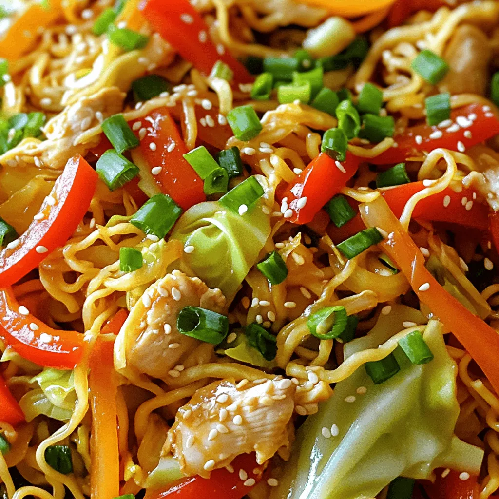 - 2 boneless, skinless chicken breasts, thinly sliced - 2 tablespoons soy sauce - 1 tablespoon oyster sauce - 1 tablespoon sesame oil - 2 cloves garlic, minced - 1 small onion, sliced - 1 bell pepper, thinly sliced (any color) - 2 cups shredded cabbage - 1 carrot, julienned - 3 green onions, chopped - 200g chow mein noodles (fresh or dried) - 2 tablespoons vegetable oil - Salt and pepper to taste - Sesame seeds for garnish The key to a great Chicken Chow Mein Takeout Fakeout lies in the quality and balance of your ingredients. Fresh chicken gives the dish a tender bite. I like to use boneless, skinless chicken breasts, sliced thinly for even cooking. Next, sauces add depth. Soy sauce brings saltiness, while oyster sauce adds a hint of sweetness. Sesame oil rounds it out with a nutty flavor. Garlic packs a punch and adds aroma. Vegetables are crucial for color and crunch. I choose a mix like onion, bell pepper, cabbage, and carrot. They not only taste great together but also provide texture. For noodles, chow mein noodles are ideal. You can use either fresh or dried. Fresh noodles save time, while dried ones need a quick boil. Finally, garnishing elevates the dish. Chopped green onions and sesame seeds add a nice finish. This mix of ingredients guarantees a flavorful delight you can whip up at home. Start by taking your thinly sliced chicken breasts. Mix them in a bowl with soy sauce, oyster sauce, sesame oil, and minced garlic. This blend makes the chicken tasty and juicy. Let it sit for at least 15 minutes. This time helps the chicken soak up all the flavors. If you have dried chow mein noodles, cook them as the package says. Aim for al dente texture. If you use fresh noodles, rinse them in hot water for a few minutes. Once cooked, drain the noodles and set them aside. In a large wok or skillet, heat one tablespoon of vegetable oil. Use medium-high heat. Add sliced onion, bell pepper, and carrot. Stir-fry these for about 3 to 4 minutes until they soften a bit. Then, add the shredded cabbage. Keep cooking for another 2 minutes until it wilts. Push the vegetables to one side of the pan. Add the other tablespoon of oil. Now, add the marinated chicken. Cook it for about 5 to 6 minutes. Make sure the chicken is no longer pink. Stir it with the vegetables to mix the flavors. Now it's time for the noodles! Add the cooked chow mein noodles to the pan. Use tongs to toss everything together. Ensure the noodles get coated with the chicken and vegetables. Cook for an additional 2 to 3 minutes to heat everything through. Taste your dish and add salt and pepper if needed. Stir in the chopped green onions for that fresh crunch. Serve your Chicken Chow Mein hot. Sprinkle sesame seeds on top. You can add more green onions if you like. Enjoy your tasty takeout fakeout! To get that true takeout taste, marinating is key. Use soy sauce, oyster sauce, sesame oil, and garlic. Let the chicken soak for at least 15 minutes. This step adds deep flavor. Don't rush it! For an extra kick, add a dash of chili oil or hot sauce. Cooking the chow mein noodles just right is crucial. If using dried noodles, follow the package instructions. Aim for al dente texture. This keeps them chewy and not mushy. If you pick fresh noodles, rinse them under hot water. This helps them stay light and fluffy. Toss them in the pan with the chicken and veggies quickly to mix. Taste your dish before serving. You can always add more salt and pepper. If you like it spicy, add some crushed red pepper flakes. For a fresh touch, mix in a little more chopped green onion. This makes the dish pop with flavor. Remember, balance is key! Adjusting seasonings helps you create a dish that suits your taste buds perfectly. {{image_2}} If you want to switch things up, try using tofu or shrimp. Tofu adds a nice texture and absorbs flavors well. Cut firm tofu into cubes and marinate it just like chicken. For shrimp, use peeled, deveined shrimp. Cook them until they are pink and opaque. Both options are tasty and work well in chicken chow mein. Feel free to add more veggies to your chow mein. Mushrooms bring an earthy flavor, while broccoli adds crunch. Slice up shiitake or button mushrooms and toss them in with the other veggies. For broccoli, cut it into small florets. Add them during the stir-fry step for the best texture and taste. If you need a gluten-free dish, rice noodles are a great choice. They offer a wonderful chew and soak up the sauce well. Cook the rice noodles according to the package instructions, just like chow mein noodles. Once cooked, mix them with the chicken and veggies for a delicious gluten-free meal. After you enjoy your Chicken Chow Mein, store leftovers in an airtight container. This helps keep the dish fresh. Place it in the fridge for up to three days. Make sure it cools down first before sealing it up. This prevents extra moisture that can make your noodles soggy. When reheating, use a skillet for the best results. Heat it over medium heat and add a splash of water or broth. This adds moisture and helps steam the noodles. Stir often to heat evenly. You can also use a microwave. Cover the dish with a damp paper towel. Heat in short bursts, stirring in between. If you have more than you can eat, consider freezing it. Portion the Chicken Chow Mein into freezer-safe bags. Make sure to remove as much air as possible. This helps prevent freezer burn. It can last up to three months. Thaw it overnight in the fridge before reheating. Chicken chow mein comes from China. It is a popular dish in Chinese cuisine. The name means "stir-fried noodles." It started in the Guangdong province. Many people love it in America and around the world. Each region has its own twist on the dish. You can find it in many takeout spots. Yes, you can use different noodles! If you can't find chow mein noodles, try lo mein or even rice noodles. Each type brings a unique taste and texture. Remember to adjust cooking times based on the noodle type. Fresh noodles cook quickly, while dried ones need more time. Experiment with your favorites for a fun twist! To make chicken chow mein vegetarian, swap the chicken for tofu or tempeh. Both are great protein options. Use the same marinade for flavor. Add more colorful veggies like mushrooms or snap peas. This keeps the dish vibrant and tasty. You can still enjoy that classic chow mein taste without meat! We covered all you need to know to make chicken chow mein at home. You learned about key ingredients, step-by-step cooking methods, and clever tips for flavor. I shared variations to fit your tastes, plus easy storage and reheating info. Try experimenting with your favorite veggie or protein. With practice, you'll make a dish everyone loves. Enjoy your cooking adventure!